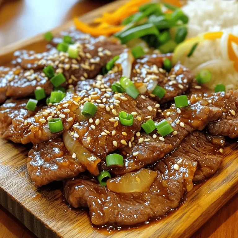 To make a great spicy Korean beef bulgogi, you need some key ingredients. Here’s what you will need: - 1 lb thinly sliced beef ribeye or sirloin - 1/4 cup soy sauce - 2 tablespoons brown sugar - 1 tablespoon gochujang (Korean chili paste) - 1 tablespoon sesame oil - 2 cloves garlic, minced - 1-inch piece of ginger, grated - 1 tablespoon rice vinegar - 4 green onions, chopped (plus more for garnish) - 1 small onion, thinly sliced - 1 tablespoon vegetable oil (for cooking) - Sesame seeds for garnish These ingredients create a great blend of flavors. The beef provides a rich base, while the soy sauce adds saltiness. Gochujang gives a spicy kick, and brown sugar adds sweetness. To make the marinade, mix these ingredients together. The soy sauce, brown sugar, gochujang, sesame oil, garlic, ginger, and rice vinegar combine to create a tasty sauce. This mixture helps tenderize the beef and infuses it with flavor. Make sure to mix well until the sugar dissolves. Marinating is key. It allows the beef to soak up all the flavors. You can marinate for 30 minutes or up to 2 hours. For a twist, you can add some optional ingredients. Consider adding: - 1 tablespoon of sesame seeds in the marinade for extra nutty flavor. - A splash of orange juice for brightness. - A bit of crushed red pepper for more heat. These extras can personalize your dish. You can also adjust them based on what you enjoy. Try different combinations to find your perfect bulgogi! For the full recipe, check out the link. Start by gathering all your marinade ingredients. You need soy sauce, brown sugar, gochujang, sesame oil, garlic, ginger, and rice vinegar. In a large mixing bowl, combine these items. Mix well until the sugar is fully dissolved. This step is crucial because it adds depth to the beef. The gochujang brings great heat, while the sugar balances it out. Next, you will add the thinly sliced beef. Make sure each piece is coated in the marinade. Cover the bowl with plastic wrap and place it in the fridge. Let it marinate for at least 30 minutes. If you have time, let it sit for up to 2 hours. This allows the flavors to soak into the meat. The longer it marinates, the better it tastes. After marinating, heat vegetable oil in a large skillet or wok over medium-high heat. Add the sliced onion and sauté for about 2 minutes until it softens. This step adds a sweet flavor to your dish. Increase the heat to high, then add the marinated beef along with the marinade. Stir-fry for about 5-7 minutes. You want the beef to be cooked through and caramelized. In the last minute, toss in chopped green onions. Stir to combine all the flavors. Once cooked, transfer the bulgogi to a serving platter. Garnish with sesame seeds and more green onions. For a complete meal, serve it with warm rice and lettuce leaves for wrapping. You can also add some kimchi on the side. For the full recipe, check the details above. To make the best marinade, start with good ingredients. Use fresh garlic and ginger for strong flavor. Combine soy sauce, brown sugar, and gochujang in a bowl. Mix until the sugar dissolves. This balance of salty, sweet, and spicy is key. Let the beef sit in this mix for at least 30 minutes. If you have time, try marinating for 2 hours. This gives the meat a deeper flavor. If you like it hot, add more gochujang. A little goes a long way. You can also add crushed red pepper flakes for extra heat. Taste the marinade before adding the beef. If it’s too spicy, add more sugar or soy sauce. This will balance the heat. Remember, you can always add spice, but you can't take it away! When cooking, use high heat for the best results. This helps caramelize the beef and bring out its flavor. Start by sautéing onions first; this adds a nice sweetness. Then, add the marinated beef. Stir-fry quickly for about 5-7 minutes. Don’t overcrowd the pan; this can make the beef steam instead of sear. For a great finish, toss in green onions at the end for a fresh pop of flavor. For more details, check the Full Recipe. {{image_2}} If you want a meat-free version, use mushrooms or tofu. Both can soak up flavors well. For mushrooms, shiitake or portobello work great. If using tofu, press it to remove extra water. Then cube it and marinate as you would the beef. This makes a tasty and hearty dish. You can follow the full recipe for the marinade to achieve that classic bulgogi flavor. You can use different cuts of beef for bulgogi. Ribeye and sirloin are popular, but flank steak is good too. Each cut has a unique flavor and texture. Flank steak may need a bit more marinating time. You can also try pork or chicken for a twist. Just adjust the cooking time based on the meat. Bulgogi varies by region in Korea. In some areas, they add fruits like pear or apple to the marinade. This gives the dish a sweet note. Others may use different soy sauces, like sweet or dark soy. Each region brings its twist, making bulgogi exciting. Explore these variations to find your favorite! Storing leftover bulgogi is easy. Let it cool down first. Use an airtight container to keep it fresh. Place it in the fridge. It lasts up to three days. Make sure it’s sealed well to avoid drying out. Freezing bulgogi is a great way to save it for later. After it cools, divide it into portions. Use freezer bags or airtight containers. Remove as much air as possible. Label each bag with the date. You can freeze it for about three months. Thaw it in the fridge before reheating. Reheating bulgogi properly keeps it tasty. You can use a skillet or microwave. For a skillet, add a splash of water to keep it moist. Heat over medium until warm. If using a microwave, cover the dish to trap steam. Heat in short bursts, stirring in between. This way, it stays juicy and flavorful. For the best taste, serve it with fresh rice or lettuce wraps. Check out the Full Recipe for more tips! Bulgogi means "fire meat" in Korean. This dish comes from Korea. It is made with thinly sliced beef. The beef marinates in a sweet and savory sauce. The sauce often includes soy sauce, sugar, and sesame oil. Cooking bulgogi over a hot grill adds a nice char. This gives it a smoky flavor. Yes, you can use different meats. While beef is classic, pork or chicken works well too. Just slice the meat thinly for best results. Marinate it the same way as you would beef. This keeps the flavors nice and strong. To spice up your bulgogi, add more gochujang. This Korean chili paste packs a punch. You can also include fresh chopped chili peppers. Sriracha or red pepper flakes are good options too. Adjust the spice level to your taste. Start with small amounts and taste as you go. Bulgogi pairs well with many sides. Warm rice is a great choice. You can also serve it with lettuce leaves for wraps. Kimchi adds a nice crunch and tang. Other good sides include pickled vegetables or steamed broccoli. These help balance the rich flavors of bulgogi. For the full recipe, check out the [Full Recipe]. You’ve learned how to make delicious Spicy Korean Beef Bulgogi from start to finish. We covered essential ingredients, step-by-step cooking, and useful tips for great taste. You can also explore fun variations and best storage methods. Remember, adjusting flavors suits your taste. Whether you stick with beef or try vegan options, Bulgogi is versatile and tasty. Enjoy crafting this dish and sharing it with friends and family!