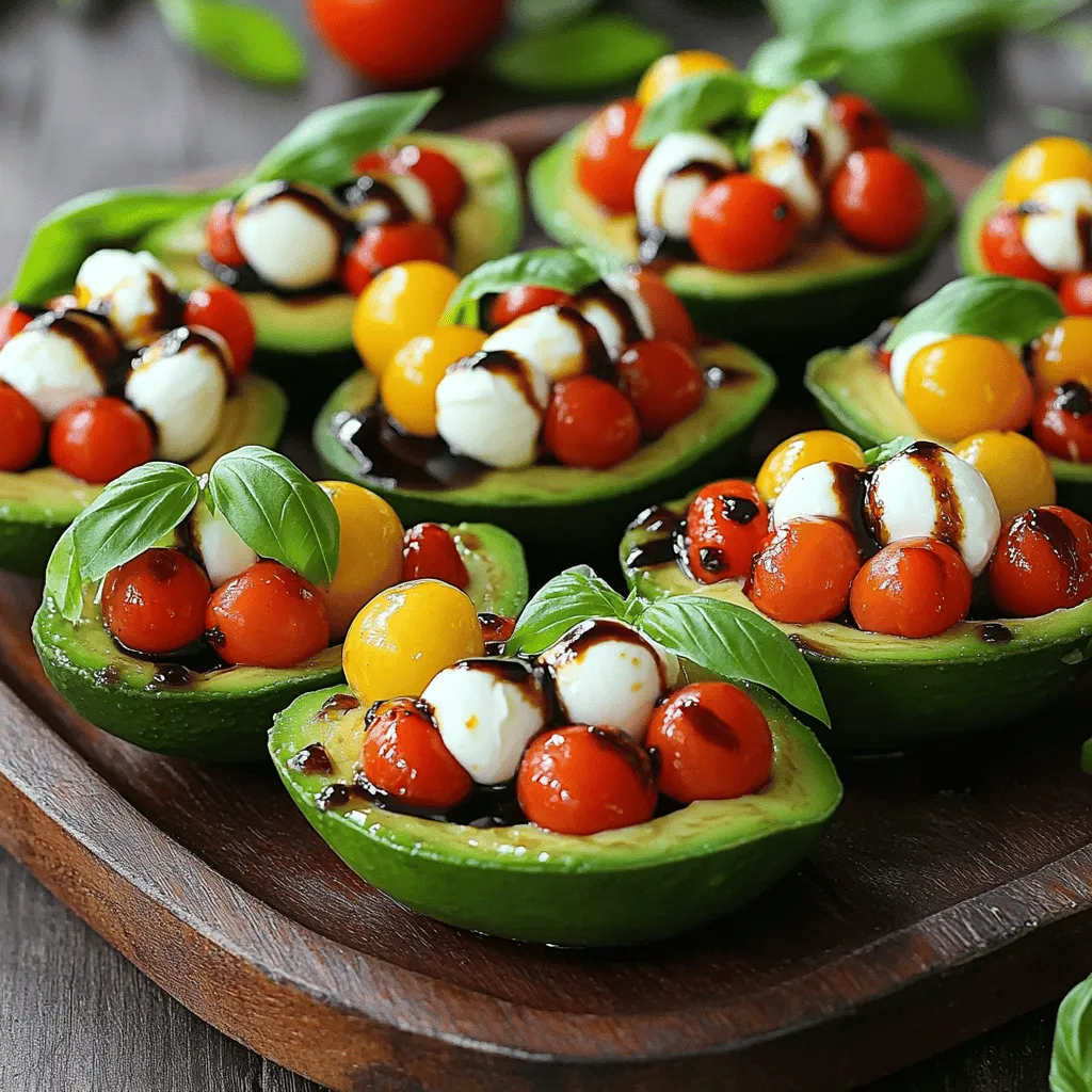 To make Caprese stuffed avocado, gather these simple items: - 2 ripe avocados, halved and pitted - 1 cup cherry tomatoes, halved - 1 cup fresh mozzarella balls, halved (bocconcini) - 1/4 cup fresh basil leaves, chopped - 2 tablespoons balsamic glaze - 1 tablespoon olive oil - Salt and pepper to taste These ingredients blend well. They create a balance of creamy avocado and fresh flavors. You can add extra flavors for a twist. Consider these options: - Crushed garlic for a kick - Red pepper flakes for heat - Sliced olives for a briny touch - A sprinkle of oregano for a herb boost These additions can take your dish to the next level. Feel free to experiment! This dish is not just tasty; it's also healthy. Here’s a quick look at the nutrition: - Calories: About 300 per serving - Protein: 10 grams - Fat: 25 grams (mostly healthy fats from avocado) - Carbohydrates: 15 grams - Fiber: 8 grams Caprese stuffed avocado is a great choice for a light meal. It packs nutrients and keeps you satisfied. For the full recipe, check out the Caprese stuffed avocado recipe above. First, take your ripe avocados. Cut each one in half carefully. Remove the pit with a spoon. Next, scoop out a little flesh from the center. This step gives you room for more filling. You can save the scooped avocado for later or use it in a spread. In a medium bowl, combine your halved cherry tomatoes and mozzarella balls. Add the chopped basil leaves next. Drizzle in the olive oil and balsamic glaze. Season with salt and pepper to your taste. Mix gently so all the ingredients blend well. This filling is bright and fresh. Now it's time to stuff the avocados. Use a spoon to fill each avocado half with the Caprese mixture. Don't hold back—pile it up high! If you want, drizzle more balsamic glaze on top for extra flavor. Serve them right away or chill for 15-20 minutes to let the flavors mix. Enjoy your Caprese stuffed avocado! For more details, check out the Full Recipe. To pick the best avocados, look for ones that are firm but yield slightly when pressed. A ripe avocado should feel smooth and not too soft. Check the color, too. Dark green or almost black skin usually means it’s ripe. If you find hard avocados, leave them at room temperature for a few days. You can speed up ripening by placing them in a paper bag with bananas. Serve your Caprese stuffed avocado as a light lunch or a fun appetizer. They pair well with crusty bread or pita chips. You can also add a side salad for a fuller meal. For a special touch, serve them on a large platter with extra basil leaves scattered around. This makes the dish look fresh and inviting. When plating your stuffed avocados, arrange them neatly on a colorful platter. Drizzle a bit more balsamic glaze over the top for extra flair. A sprinkle of sea salt adds a nice touch too. To make it pop, use a mix of bright cherry tomatoes and fresh herbs. This makes your dish not just tasty, but also beautiful. You can find the full recipe to explore more ideas. {{image_2}} To make a vegan version, swap the mozzarella for vegan cheese. You can find brands that melt well and taste great. Use the same fresh tomatoes and basil for flavor. Drizzle with a balsamic glaze to add sweetness. This version is just as bright and tasty as the original! For a Mediterranean twist, replace mozzarella with crumbled feta. Feta adds a salty kick that pairs well with the creamy avocado. Add olives or artichokes for more flavor. This style brings a new layer of taste that will impress your guests. If you prefer a salad, chop the avocado instead of halving it. Mix the avocado, tomatoes, and mozzarella in a bowl. Drizzle with olive oil and balsamic glaze. Serve it in a bowl for a fresh, casual dish. This version is perfect for lunch or a light dinner. You can find the full recipe [here](#). To keep your Caprese stuffed avocado fresh, store it in an airtight container. If you have leftovers, cover them tightly. This helps prevent air from turning the avocado brown. You can also add some lemon juice on top. The acidity slows down browning. Your stuffed avocados will last about two days in the fridge. After that, the taste and texture may change. If you notice any browning, it’s still safe to eat, but it may not look as nice. Always check for any off smells before eating. Reheating stuffed avocados is not the best option. The texture of the avocado can change, becoming mushy. If you must, use a microwave for a short time. Heat it in 10-second bursts to avoid overcooking. Enjoy it cold for the best taste! For a detailed look at how to make this dish, check out the Full Recipe. Yes, you can prepare the filling ahead of time. Make the Caprese mixture and store it in the fridge. However, I recommend waiting to stuff the avocados until you are ready to serve. This keeps them fresh. If you do stuff them early, the avocados may brown quickly. If you want a different flavor, try using burrata cheese. It has a creamy texture that works well. You can also use feta or goat cheese for a tangy twist. These options bring their own unique taste to the dish. To make a low-carb version, skip the mozzarella and use more cherry tomatoes. You could also add olives or nuts for added crunch. These changes keep the dish light and fresh while still being delicious. To stop your avocados from browning, sprinkle lemon or lime juice on the flesh. This adds flavor and keeps them looking nice. You can also cover the stuffed avocados tightly with plastic wrap before serving. This helps keep air out and slows down browning. This post covered all you need to know about Caprese stuffed avocados. We looked at the key ingredients, easy steps to prepare them, and tips for the best results. You can mix things up with various flavors or ways to serve. Proper storage helps keep leftovers fresh. Remember, you can even make these ahead of time. Dive into these tasty avocados, and enjoy the fresh flavors and healthy benefits they offer!
