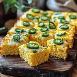 - 1 cup cornmeal - 1 cup all-purpose flour - 1 tablespoon baking powder - 1/2 teaspoon salt - 1/4 teaspoon cayenne pepper - 1 cup buttermilk (or milk with a splash of vinegar) - 1/2 cup unsalted butter, melted - 2 large eggs - 1 cup shredded sharp cheddar cheese - 1/2 cup diced fresh jalapenos (seeds removed for less heat) - 1/4 cup honey (optional for sweetness) You need simple ingredients for this cheesy jalapeno cornbread. Cornmeal gives that classic texture. All-purpose flour adds lightness. Baking powder makes it rise. Salt and cayenne pepper bring flavor and a little heat. Buttermilk keeps it moist and adds a tangy taste. Melted unsalted butter adds richness, while eggs bind it all together. The star here is sharp cheddar cheese, which melts beautifully. Diced jalapenos give it a spicy kick. If you like a touch of sweetness, honey is a nice addition. Gather all these ingredients for the full recipe to enjoy this tasty treat! - Preheat your oven to 400°F (200°C). - Grease an 8-inch square or round baking dish with butter or non-stick spray. - In a large mixing bowl, combine: - 1 cup cornmeal - 1 cup all-purpose flour - 1 tablespoon baking powder - 1/2 teaspoon salt - 1/4 teaspoon cayenne pepper - Whisk together until fully mixed. This helps your cornbread rise well. - In another bowl, whisk together: - 1 cup buttermilk (or milk with a splash of vinegar) - 1/2 cup unsalted butter, melted - 2 large eggs - If you want a slightly sweet taste, add 1/4 cup honey at this stage. - Pour the wet ingredients into the dry ones and stir gently. - Fold in: - 1 cup shredded sharp cheddar cheese - 1/2 cup diced fresh jalapenos (seeds removed for less heat) - Be careful not to overmix! A few lumps are okay. - Pour the batter into your prepared baking dish. - Smooth the top with a spatula. - Bake for 20-25 minutes. Check for doneness by inserting a toothpick in the center. It should come out clean. This recipe is simple and brings a burst of flavor to your table. Check out the Full Recipe for more details. To get the best texture, avoid overmixing the batter. Mixing too much makes the cornbread dense. Just mix until the dry ingredients and wet ingredients come together. A few lumps are okay. Also, keep an eye on your oven's baking time. Ovens can vary, so check your cornbread a few minutes early. It should be golden brown on top. Want to kick up the flavor? Add spices like cumin or garlic powder. These spices can make your cornbread more exciting. You can also try different cheese varieties. Pepper jack brings heat, while mozzarella adds a creamy touch. Mix and match to find your favorite flavor. Serve your cornbread warm, cut into squares or wedges. This makes it easy to share. For a fun touch, garnish with jalapeno slices or a sprinkle of cheese on top. You can also serve with honey butter or sour cream. These additions enhance the taste and look of your dish. For the full recipe, check the link above. {{image_2}} If you want a touch of sweetness, add honey or sugar. This small change makes a big difference. Just mix in an extra 1/4 cup of honey or sugar when you add the wet ingredients. This sweet cornbread pairs well with savory dishes. It also makes a great snack on its own. To kick up the heat, swap jalapenos for other peppers. Try serrano or poblano peppers for a different flavor. You can also add diced onion for extra spice and flavor. Just be sure to adjust the amount based on your heat level preference. This adds a fresh twist to your cornbread. If you're avoiding gluten, use a gluten-free flour blend. Many options work well in this recipe. Just ensure you use a blend meant for baking. This way, your cornbread stays fluffy and tender. Enjoy the same great taste with a gluten-free twist! Store your cheesy jalapeno cornbread in an airtight container. It can last at room temperature for up to 3 days. This keeps it fresh and moist, perfect for snacking or meal pairing. If you want to save some for later, freeze it. Wrap the cornbread tightly in plastic wrap or foil. It can stay good for up to 3 months. Just make sure it’s sealed well to avoid freezer burn. When you’re ready to enjoy it again, you can reheat your cornbread. Use the oven or microwave until it’s warmed through. The oven gives it a nice crisp, while the microwave is quick and easy. Yes, you can use regular milk with a splash of vinegar as a substitute. This mix mimics buttermilk's tangy taste. Just let the milk and vinegar sit for a few minutes before using. It works great in this recipe. To reduce the heat, remove the seeds from the jalapenos or cut back on the amount you use. You can also substitute with milder peppers like green bell peppers. This way, everyone can enjoy the cornbread without the spice. This cornbread pairs well with many dishes. Great options include chili, soups, or barbecue meals. It adds a fun twist to your dinner table. You can also enjoy it with a side of honey butter for a sweet touch. This cornbread recipe combines simple ingredients for a tasty dish. You learned how to prepare the batter, bake it, and store it. With tips on texture and flavor, you can create a dish that fits any meal. Don't forget to explore variations like sweet cornbread or gluten-free options. Enjoy serving it with chili or your favorite barbecue. Cornbread is versatile, and now you have the tools to make it your own. Happy baking!