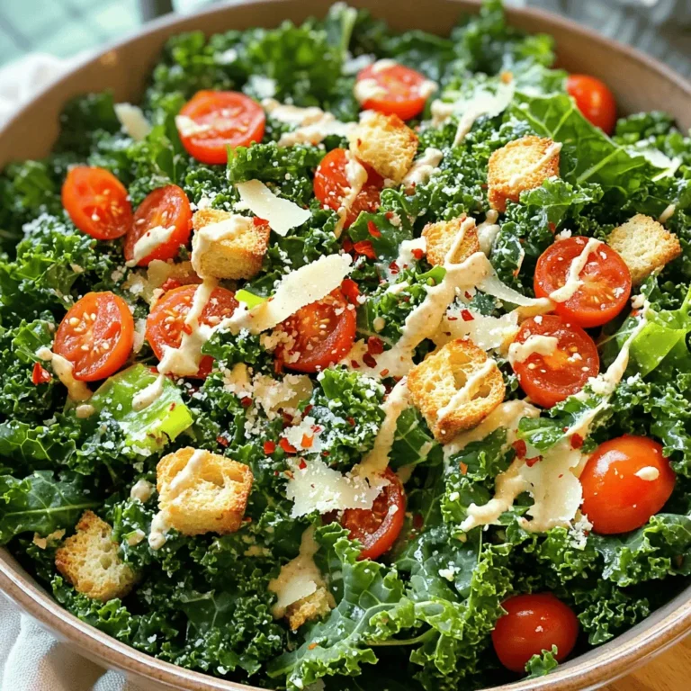 - 4 cups kale, chopped (stems removed) - 1/2 cup cherry tomatoes, halved - 1/4 cup shredded Parmesan cheese (or vegan alternative) - 1/2 cup croutons (store-bought or homemade) - 1/4 cup tahini - 2 tablespoons lemon juice - 1 clove garlic, minced - 1 teaspoon Dijon mustard - 1 tablespoon olive oil - Salt and pepper to taste - Optional: a pinch of red pepper flakes for heat - Large salad bowl - Small mixing bowl - Whisk - Knife and cutting board When I make my Chopped Kale Caesar Salad, I gather the best ingredients. Fresh kale is key. I love to chop it into small bits for the right texture. Cherry tomatoes add a nice burst of sweetness. I choose either Parmesan or a vegan cheese for that rich flavor. Croutons give a crunchy element that everyone enjoys. Next, I whip up a simple dressing. Tahini brings a creamy texture, and lemon juice adds brightness. Garlic gives it a nice kick, while Dijon mustard adds depth. I finish it with a drizzle of olive oil, salt, and pepper. If you like some heat, a pinch of red pepper flakes works well. Having the right tools makes my preparation smooth. A large bowl holds everything, while a small bowl is perfect for mixing the dressing. I always keep a whisk handy to blend the dressing well. A knife and cutting board help me chop ingredients easily. This recipe is quick and fits into any meal. Check out the Full Recipe for all the details! To start, rinse the kale leaves under cool water. This removes any dirt or grit. Next, remove the tough stems. They can be too chewy. Chop the kale into bite-sized pieces. This makes it easier to eat and mix with the dressing. In a small bowl, mix together the tahini, lemon juice, minced garlic, Dijon mustard, olive oil, salt, and pepper. Use a whisk to blend until smooth. If the dressing is too thick, thin it out with a little water or more lemon juice. You want it to coat the kale nicely. In a large salad bowl, combine the chopped kale and halved cherry tomatoes. Drizzle the dressing over the salad. Now, gently massage the kale with your hands for about 2-3 minutes. This helps soften the leaves and improves the flavor. Finally, add the croutons and shredded Parmesan cheese. Toss everything together so the ingredients mix well. Enjoy your Chopped Kale Caesar Salad! For detailed ingredients and steps, check the Full Recipe. To make the kale nice and tender, I use a simple massage method. After washing and chopping the kale, I add the dressing directly to it. Then, I gently squeeze and rub the leaves with my hands for about two to three minutes. This breaks down the tough fibers. It makes the kale softer and more enjoyable to eat. Letting the salad sit for a bit helps the flavors mix well. I often let mine rest for ten minutes before serving. This time allows the kale to absorb the dressing, making each bite packed with flavor. If you want to switch up the dressing, there are many options. A classic Caesar dressing can work great too. You can swap tahini for Greek yogurt or even a store-bought dressing. Each choice brings a new taste to your salad. You can also adjust the creaminess. If you prefer a lighter dressing, add a bit more lemon juice or water. I like to play with flavors, so I often add herbs like dill or parsley for extra zing. When serving, I love using a large bowl. It makes the salad look inviting. You can also arrange it on a platter for a fancy touch. For garnishing, I suggest adding more Parmesan cheese on top. A sprinkle of red pepper flakes gives a nice color and a hint of heat. You can even toss in some edible flowers for a vibrant look. This way, your salad not only tastes good but looks stunning too. {{image_2}} For a vegan twist, swap the Parmesan cheese with nutritional yeast. This adds a cheesy flavor without dairy. You can also use cashew cream or a creamy avocado dressing to replace traditional Caesar dressing. To boost protein, add chickpeas or lentils. They make the salad filling and add great texture. If you want a different taste, try other greens like spinach or arugula. These can give your salad a new flair. Seasonal veggies like roasted beets, shredded carrots, or bell peppers also work well. They add color and crunch to your dish. To make your salad heartier, add proteins like grilled chicken or chickpeas. Both add depth and flavor. You can also toss in nuts or seeds like sunflower seeds or walnuts for added crunch. These will give your salad a delightful surprise with every bite. For more details on how to make this delicious dish, check out the Full Recipe. To store your Chopped Kale Caesar Salad, place it in an airtight container. This helps keep the flavors intact. If you plan to eat leftovers, try to separate the dressing from the salad. This way, the kale stays crisp. Use glass or BPA-free plastic containers for the best results. They help prevent any unwanted odors from mixing. Typically, your salad will stay fresh for about three days in the fridge. However, if you see any wilting or browning on the kale, it’s time to toss it. Also, if the dressing separates or smells off, discard it. Always trust your senses; they guide you well. Preparing your ingredients ahead of time can save you effort during the week. Chop the kale and store it in the fridge. Keep the cherry tomatoes, croutons, and cheese in separate containers. This helps keep everything fresh. When you’re ready to eat, simply mix the ingredients and add the dressing. This keeps the salad crisp and tasty all week long. To make a Chopped Kale Caesar Salad, start by preparing the kale. Rinse it well, remove the tough stems, and chop it into bite-sized pieces. Next, mix the dressing in a small bowl. Combine tahini, lemon juice, minced garlic, Dijon mustard, olive oil, salt, and pepper. Whisk until smooth. In a large bowl, add the chopped kale and cherry tomatoes. Drizzle the dressing over the salad. Massage the kale for about 2-3 minutes to soften it. Finally, toss in croutons and Parmesan cheese. The full recipe can guide your process step-by-step. Yes, you can use other greens instead of kale. Romaine lettuce is a great alternative. It has a crunchy texture and mild flavor. Spinach works well too, giving your salad a softer bite. Arugula adds a peppery taste, while Swiss chard brings a unique twist. Experiment with mixed greens for a fun flavor blend. For extra protein, consider adding grilled chicken or shrimp. Both options add great flavor and nutrition. Chickpeas or black beans also work well for a plant-based option. You might try hard-boiled eggs for a classic touch. Nuts like almonds or walnuts provide healthy fats and protein too. Yes, this recipe can be gluten-free. To keep it gluten-free, use gluten-free croutons or skip them altogether. Be sure to check the labels on any store-bought ingredients like tahini. Most of the components are naturally gluten-free, making it easy to enjoy. This salad lasts about 2-3 days in the fridge. To keep it fresh, store it in an airtight container. If possible, keep the dressing separate until you're ready to eat. This will help prevent sogginess in the kale and other ingredients. Always check for freshness before serving. In this blog post, we covered how to make a delicious kale salad. We discussed the main ingredients, how to prepare the dressing, and tips for perfecting texture. I shared variations for vegan options and ingredient swaps. Finally, we talked about storage and meal prep tips to keep your salad fresh. A well-made salad can be a healthy choice for any meal. So, gather your ingredients and try this tasty recipe today. You won’t be disappointed!