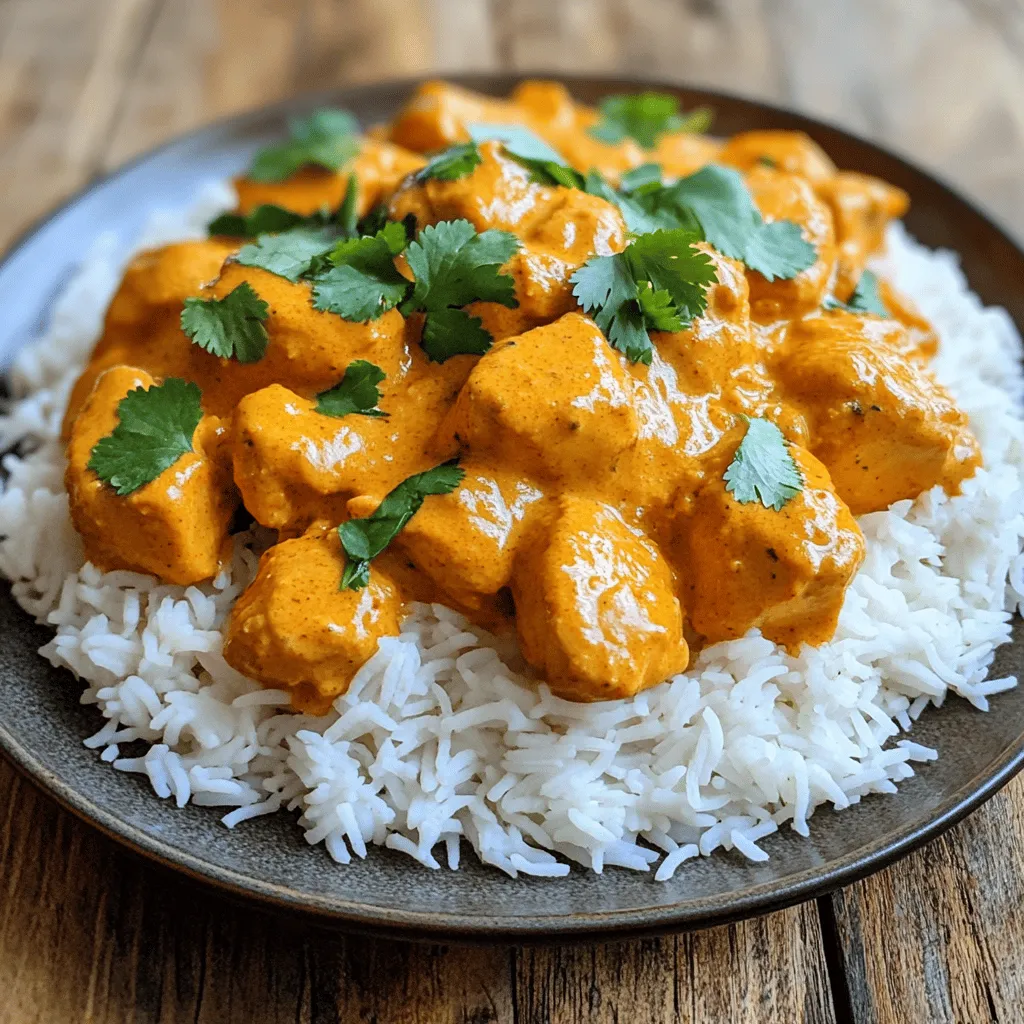 To make a tasty Instant Pot Butter Chicken, gather these key ingredients: - 1.5 lbs boneless chicken thighs, cut into bite-sized pieces - Spices: - 2 tablespoons garam masala - 1 tablespoon ground cumin - 1 tablespoon ground coriander - 1/2 teaspoon turmeric - 1/2 teaspoon cayenne pepper (adjust to taste) - Vegetables: - 1 large onion, finely chopped - 4 cloves garlic, minced - 1 tablespoon fresh ginger, grated - Sauces: - 1 can (14 oz) crushed tomatoes - 1 cup coconut milk - 1 tablespoon honey - Salt to taste - Fresh cilantro, chopped (for garnish) You will need these simple tools to make this dish: - Instant Pot or electric pressure cooker - Measuring cups and spoons - Cutting board and knife These ingredients and tools make the process smooth. Each element adds its own flavor and texture. The spices create warmth, and the coconut milk adds creaminess. Everything comes together to make a delicious meal. For the complete step-by-step process, check the Full Recipe. First, gather all your ingredients. You will need chicken thighs, onions, garlic, ginger, and spices. - Chop 1 large onion into small pieces. - Mince 4 cloves of garlic. - Grate 1 tablespoon of fresh ginger. - Cut 1.5 lbs of chicken thighs into bite-sized pieces. These steps help build a strong base for your dish. Fresh cuts make the meal taste better. Now, set your Instant Pot to Sauté mode. Add 1 tablespoon of vegetable oil and let it heat for about one minute. - Add the chopped onion and sauté for 3-4 minutes until it turns clear. - Stir in the minced garlic and grated ginger. Cook for 1 more minute until you smell the great aroma. Next, add the spices: 2 tablespoons of garam masala, 1 tablespoon of ground cumin, 1 tablespoon of ground coriander, 1/2 teaspoon of turmeric, and 1/2 teaspoon of cayenne pepper. Stir well and sauté for 30 seconds. This toasts the spices and brings out their flavor. Now, toss in the chicken pieces. Stir to coat them in the spice mix. - Pour in 1 can of crushed tomatoes, 1 cup of coconut milk, and 1 tablespoon of honey. Mix everything well and ensure it's combined. Secure the lid on your Instant Pot. Make sure the valve is set to “Sealing.” Set it to cook on Manual mode for 10 minutes. Once the timer goes off, carefully use the quick release method. Move the valve to “Venting” to release steam. - Stir the chicken and taste it. Adjust the salt if needed. - If you want a thicker sauce, press “Sauté” and let it simmer a bit longer. Serve your butter chicken hot, and consider garnishing it with fresh chopped cilantro. Enjoy this tasty meal over basmati rice or with warm naan bread. For the complete process, refer to the Full Recipe. To get the best flavor in your butter chicken, toasting spices is key. When you toast spices, their oils release, making the dish more fragrant. In step three of the recipe, after adding the garlic and ginger, sprinkle in the garam masala, cumin, coriander, turmeric, and cayenne. Sauté them for about 30 seconds. This step adds depth to the sauce. To enhance the creaminess of the sauce, use full-fat coconut milk. This adds richness and balances the spices. For an extra creamy texture, stir in a bit of butter or cream just before serving. This small addition can elevate your dish. Cooking time can vary depending on the chicken cuts you use. If you opt for chicken breasts, reduce the cooking time to about 8 minutes. This ensures the chicken stays juicy. For those who like dark meat, chicken thighs are perfect and tender after 10 minutes. If you want a thicker sauce, you can adjust the cooking time slightly. After the quick release, use the sauté function. Let the sauce simmer for a few minutes until it thickens. If you prefer a thinner sauce, add a splash of coconut milk or water and stir. For serving, I love to pair butter chicken with fluffy basmati rice or warm naan. This makes each bite delightful. You can create a beautiful plate by layering rice and topping it with the chicken. Garnishing adds a nice touch. I recommend fresh cilantro for color and flavor. Sprinkle some over the top just before serving. You can also add a dash of paprika or chili powder for a pop of color. These simple tips make your dish look as good as it tastes. {{image_2}} You can switch chicken thighs for chicken breasts. Breasts are leaner but still tasty. If you want a vegetarian dish, try using paneer or chickpeas. Paneer adds creaminess, while chickpeas bring protein. Both options make a great meal. To make your butter chicken milder, reduce the cayenne pepper. For more heat, add extra cayenne or even some chili powder. You can also try adding spices like smoked paprika or a pinch of cinnamon. These spices help you create a unique flavor. If you want a dairy-free meal, use almond or oat milk instead of coconut milk. These give a nice creaminess without dairy. For those needing to avoid honey, use maple syrup or agave nectar. Both options add sweetness without the honey. To keep your butter chicken fresh, place it in an airtight container. Let it cool first, then cover it tightly. You can store it in the fridge for up to four days. Always check for any signs of spoilage before eating. I recommend glass or BPA-free plastic containers for storage. They are safe and help keep the flavors intact. For quick reheating, the microwave works well. Place your butter chicken in a microwave-safe bowl. Heat it in short bursts, stirring in between to avoid hot spots. If you prefer the stovetop, pour it into a pan over medium heat. Stir often until it is warm. To maintain the flavor and texture, add a splash of coconut milk if it seems dry. This keeps the sauce creamy and delicious. You can freeze butter chicken for up to three months. Use a freezer-safe container or heavy-duty freezer bags. Make sure to label them with the date. To thaw, place it in the fridge overnight. For reheating, use the microwave or stovetop as mentioned above. If frozen in a bag, you can run it under cold water to speed up the thawing process. You can serve this dish with simple sides. Here are some great options: - Fluffy basmati rice - Warm naan bread - Steamed vegetables These sides add balance and texture. You can also try a fresh salad or yogurt with mint. They bring coolness to the spicy chicken. Yes, you can prepare this dish in advance. Cook the butter chicken as directed. Let it cool and store it in the fridge. It holds up well for up to three days. To reheat, warm it on the stove or in a microwave. Add a splash of water if it seems thick. This keeps the sauce creamy and fresh. Adjusting spice levels is easy! Here are some tips: - For milder flavors, cut back on cayenne pepper. - For more heat, add extra cayenne or some chili powder. - Taste as you go to find your perfect level. Spices can change based on your personal taste. Feel free to experiment! You can check the Full Recipe for detailed instructions and more tips. It includes everything you need to create this tasty dish. You now have all the tools to make Instant Pot butter chicken at home. We covered the key ingredients, essential kitchen tools, and easy steps to cook this dish. I shared tips for the best flavor and presentation ideas. You can customize it to your taste and even store leftovers safely. Remember, cooking should be fun and rewarding. I hope this guide helps you create a delicious meal that brings joy to your table. Enjoy experimenting and savoring every bite!