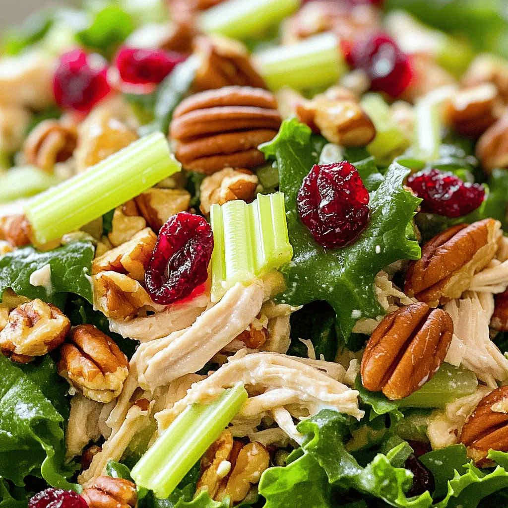 To make a tasty Cranberry Pecan Chicken Salad, gather these ingredients: - 2 cups cooked chicken, shredded or diced - 1 cup celery, diced - 1/2 cup dried cranberries - 1/2 cup pecans, roughly chopped - 1/2 cup Greek yogurt (or mayonnaise) - 1 tablespoon Dijon mustard - 1 tablespoon apple cider vinegar - 1 teaspoon honey - 1/4 teaspoon garlic powder - Salt and pepper to taste - Mixed greens for serving Using fresh ingredients makes a big difference. Fresh celery adds a nice crunch. It gives your salad a crisp texture. Dried cranberries bring sweetness and chewiness. They balance well with the nuts and chicken. Pecans add a rich flavor and a bit of crunch. You can swap dried cranberries for fresh if you prefer. Just remember, fresh cranberries are tart, so adjust sweetness as needed. Fresh herbs like parsley or chives also brighten the dish. This salad is not just tasty; it's also healthy! Each serving offers: - Protein from chicken and yogurt - Healthy fats from pecans - Fiber from celery and cranberries - Vitamins from mixed greens This dish is perfect for a light lunch or dinner. It is filling and nutritious without being heavy. For the full recipe, check the earlier section to get started! To make Cranberry Pecan Chicken Salad, gather your ingredients. You need cooked chicken, celery, cranberries, and pecans. The dressing uses Greek yogurt, Dijon mustard, apple cider vinegar, honey, garlic powder, salt, and pepper. This dish takes about 15 minutes to prep and 30 minutes to chill. 1. Start by shredding or dicing your cooked chicken. You can use leftovers or rotisserie chicken for ease. 2. Chop the celery into small pieces. This adds a nice crunch to the salad. 3. In a large bowl, mix the chicken, celery, dried cranberries, and chopped pecans. 4. In a small bowl, whisk the Greek yogurt, Dijon mustard, apple cider vinegar, honey, garlic powder, salt, and pepper. Make sure it’s smooth and well-blended. 5. Pour the dressing over the chicken mixture. Gently toss to coat everything evenly. 6. Taste the salad. Adjust the salt, pepper, or honey to your liking. 7. Cover the bowl and refrigerate for at least 30 minutes. This helps the flavors blend. 8. Serve the salad on mixed greens, in a sandwich, or in a wrap for a tasty meal. When mixing, take your time. Gently toss to keep the ingredients intact. If you want more texture, add more pecans or cranberries. For a creamier salad, increase the Greek yogurt. You can also mix in fresh herbs for added flavor. Feel free to explore your preferences! To make the best cranberry pecan chicken salad, focus on texture and flavor. Start with good-quality cooked chicken. Shred or dice it well for even mixing. Use fresh celery for a nice crunch. The dried cranberries add sweetness, while pecans bring a rich, nutty taste. For the dressing, blend Greek yogurt and Dijon mustard. This mix gives your salad a creamy yet tangy kick. Don’t forget to let it chill before serving. This helps the flavors blend together beautifully. You can easily change ingredients to fit different diets. If you want a lighter option, replace Greek yogurt with a vegan mayo. For nut allergies, try sunflower seeds instead of pecans. If you prefer a bit of spice, add jalapeños or hot sauce. You can also swap out chicken for canned tuna or chickpeas for a vegetarian twist. Each change can give your salad a new taste while keeping it fresh. Serve your chicken salad on a bed of mixed greens. This adds color and freshness. You can also use it in a sandwich or wrap for a quick lunch. Pair it with a light soup for a full meal. A glass of iced tea or lemonade would complement it nicely. You can also add sliced apples or pears for extra crunch. This salad is versatile, and you can enjoy it in many ways. For the full recipe, check the section above. {{image_2}} You can swap chicken for other proteins. Try turkey for a tasty twist. Canned tuna works well too. For a vegetarian option, use chickpeas or tofu. Each choice brings a new flavor to the salad. Add fresh herbs for more taste. Chopped parsley or dill adds freshness. A squeeze of lemon juice gives a nice zing. You can also sprinkle in some feta cheese for a salty bite. Each of these options makes the salad pop. Change ingredients based on the season. In spring, add fresh peas for crunch. In summer, try diced bell peppers for sweetness. Autumn calls for diced apples, while winter can use roasted sweet potatoes. These swaps keep the salad fresh and exciting throughout the year. For the full recipe, check out the Cranberry Pecan Chicken Salad. To keep your cranberry pecan chicken salad fresh, store it in an airtight container. This helps prevent any air from spoiling the flavors. Make sure to refrigerate it within two hours of serving. If you plan to eat it later, do not add greens until just before you serve. When stored correctly, this chicken salad lasts for about three to four days in the fridge. If you want to freeze it, I recommend storing the chicken salad without the dressing. This keeps the texture nice. You can freeze it for about one month. Just remember to thaw it in the fridge before serving. Leftovers can sometimes lose their charm. To freshen them up, stir in a bit of Greek yogurt or a dash of vinegar. This adds moisture and brightness. Serve it on fresh greens to give it a new life. You can also add more cranberries or nuts for a tasty twist. For the full recipe, refer to the earlier section. If you don't have Greek yogurt, use mayonnaise as a substitute. It adds creaminess. You can also try sour cream for a tangy twist. Both options will keep your salad tasty and rich. Greek yogurt is lower in fat than mayonnaise. So, if you want a lighter dish, stick with it. Yes, this chicken salad works well for meal prep. You can make it ahead and store it in the fridge. It stays fresh for up to three days. Just make sure to keep it in an airtight container. The flavors will meld together over time, making it even better. I recommend serving this salad cold. Warm chicken salad might change the texture. The crispness of the celery and pecans shines best when chilled. If you prefer it warm, heat the chicken first and mix it in. Just know it will taste different than the original recipe. Try the full recipe for the best results! This article covered everything you need to know about making the perfect salad. We explored the key ingredients, the preparation steps, and tips for getting it just right. You learned how to make substitutions based on your needs and how to store any leftovers. Now you're ready to take your salad skills to the next level. Use fresh ingredients, try new flavors, and enjoy the process. A great salad is not just a meal; it’s a creative adventure. Happy cooking!