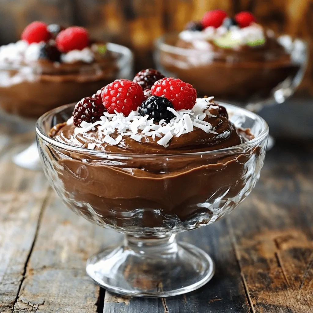 To make the vegan chocolate avocado mousse, you need just a few simple ingredients. Here’s the list: - 2 ripe avocados - 1/3 cup unsweetened cocoa powder - 1/4 cup maple syrup (adjust for sweetness) - 1/4 cup almond milk (or any plant-based milk) - 1 teaspoon vanilla extract - A pinch of sea salt - Optional toppings: shredded coconut, fresh berries, or chopped nuts Each ingredient plays a key role in creating a mousse that is rich and creamy. The ripe avocados provide a smooth base and healthy fats. Cocoa powder brings in the chocolate flavor, while maple syrup adds natural sweetness. Almond milk keeps the texture light and fluffy. Vanilla extract enhances the overall taste, and sea salt balances the flavors. You can also get creative with the toppings. Shredded coconut adds chewiness, fresh berries lend tartness, and chopped nuts offer crunch. Feel free to mix and match! For the full recipe, you can check the [Full Recipe]. - Slice avocados and remove pits. - Scoop flesh into a food processor. To start, take two ripe avocados. Cut each in half and gently remove the pit. This step is easy but be careful! Then, scoop the green flesh into your food processor. The texture of ripe avocados makes for a creamy mousse. - Add cocoa powder, maple syrup, almond milk, vanilla, and sea salt. - Blend until smooth and creamy. Next, it's time to add flavor. Pour in 1/3 cup of cocoa powder, 1/4 cup of maple syrup, and 1/4 cup of almond milk. You should also add 1 teaspoon of vanilla extract and a pinch of sea salt. Blend all these ingredients on high. Stop to scrape down the sides if needed. You want a smooth and creamy texture. - Taste test and adjust sweetness if preferred. - Transfer mousse to serving dishes and refrigerate. Once blended, taste your mousse. If you want it sweeter, add more maple syrup. Blend again to mix in the sweetener. After it reaches the taste you love, spoon the mousse into serving dishes. Cover and refrigerate for at least 30 minutes. This helps it firm up. For the full recipe, check the details above. To get a smooth mousse, blend well. I suggest using a high-speed blender or food processor. This way, you break down the avocado fully. Stop occasionally to scrape down the sides. This helps blend everything evenly. Ripe avocados are key. They must feel soft when you squeeze them gently. If they are too hard, the mousse will be lumpy. For a stunning look, garnish your mousse. Try adding shredded coconut on top. Fresh berries add a pop of color and flavor too. You can also sprinkle chopped nuts for a crunchy texture. Pair the mousse with mint leaves for a fresh taste. This combo makes your dessert even more delightful. Avocados are packed with good fats. They help keep your heart healthy. They also provide vitamins like E and K. Plus, they have fiber, which is great for digestion. Maple syrup is a better choice than white sugar. It has minerals and antioxidants. This makes your dessert not just tasty but also healthy. {{image_2}} You can make this mousse even more exciting. Try adding spices like cinnamon or a hint of chili powder. These spices bring warmth and depth to the flavor. You can also switch up your sweeteners. Use agave or coconut sugar for a unique twist. Each sweetener changes the taste slightly, so feel free to experiment. If you want to change the milk, you can use coconut or oat milk. Both options add a creamy texture. If you have nut allergies, just skip almond milk. You can easily find many plant-based milks that will work well. Just make sure they are dairy-free. Choosing the right cocoa powder can change the mousse's flavor. Raw cocoa gives a rich taste, while dark cocoa offers a deep, bold flavor. You can also add dairy-free chocolate chips. These chips create delightful chunks in your mousse. They add a fun texture and extra chocolatey goodness to this sweet treat. For the full recipe, check out the details above. To keep your vegan chocolate avocado mousse fresh, store it in the fridge. Place it in an airtight container. Cover the top with plastic wrap if you don't have a lid. This helps keep the mousse smooth and creamy. It can last about 3 to 5 days in the fridge. Always check for any changes in smell or color before serving. Yes, you can freeze vegan mousse! Freezing is a great way to save leftovers. To do this, use a freezer-safe container. Make sure to leave some space at the top. The mousse expands when it freezes. It can stay good for up to 2 months in the freezer. When you are ready to eat it, thaw it in the fridge overnight. If your mousse is too thick after refrigeration, you can fix it. Add a splash of almond milk and blend it again. This will help bring back the smooth texture. You can also use leftover mousse in new ways. Spread it on toast, add it to smoothies, or layer it in parfaits. Each idea adds a fun twist to your dessert! For the full recipe, check out the details above. Yes, Vegan Chocolate Avocado Mousse is healthy! This treat offers several nutritional benefits. - Avocados are rich in healthy fats, fiber, and vitamins. They support heart health and help you feel full. - Cocoa powder is packed with antioxidants. It can boost your mood and lower blood pressure. - Maple syrup provides natural sweetness and contains minerals like manganese and zinc. - Almond milk is low in calories and dairy-free. It’s a good alternative for those with lactose intolerance. Overall, this mousse is a wholesome dessert option that satisfies your sweet tooth without guilt. Yes, you can make this mousse ahead of time! It’s a great make-ahead dessert. - Refrigeration: Store the mousse in an airtight container. This keeps it fresh for up to three days. - Timing: Make it a few hours before serving. This allows the flavors to meld and the mousse to get firmer. I love making it the night before a gathering. It’s ready to impress your guests when you need it! If you want to swap avocados, you have options! - Silken tofu: It blends well and gives a creamy texture. It’s also high in protein. - Bananas: They add natural sweetness. However, they may change the flavor a bit. - Nut butters: Use almond or cashew butter for a rich taste, but this will alter the mousse's texture. Each option will create a different flavor and texture, so choose based on your taste! There are several ways to sweeten your mousse! - Maple syrup: Add more maple syrup to enhance the sweetness. - Agave nectar: It’s a great alternative with a similar flavor profile. - Coconut sugar: This offers a caramel-like sweetness. Just use it sparingly as it’s quite sweet. Always taste as you go. Adjust until it’s just right for you! For the full recipe, check out the details above. This blog post showed you how to make a tasty vegan chocolate avocado mousse. We discussed key ingredients, like ripe avocados and cocoa powder, and shared easy steps to blend them. You learned tips for perfecting your mousse's texture and serving ideas to impress your guests. Plus, we explored variations and health benefits of the ingredients. In conclusion, this simple dessert brings joy and good nutrition. Enjoy making it your own!