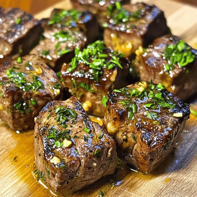 To make Garlic Butter Steak Bites, you need a few simple ingredients. Each one adds a special touch to the dish. Here's what you'll need: - 1 lb sirloin steak, cut into bite-sized cubes - 4 tablespoons unsalted butter - 4 cloves garlic, minced - 1 teaspoon fresh thyme leaves - 1 teaspoon fresh rosemary, chopped - Salt and black pepper to taste - 1 tablespoon olive oil - Fresh parsley, chopped (for garnish) 1. Sirloin steak: This cut is tender and full of flavor. It cooks well and gives a nice bite. 2. Unsalted butter: This adds richness and a creamy taste. It helps the garlic flavor shine. 3. Garlic: Fresh garlic gives a strong, savory taste. It brings warmth to the dish. 4. Fresh herbs (thyme and rosemary): These herbs add freshness and a lovely aroma. They complement the steak well. 5. Olive oil: It helps sear the steak. It adds a subtle fruitiness to the dish. 6. Salt and pepper: These are essential for seasoning. They enhance all the flavors in the meal. 7. Garnish options: Fresh parsley adds a pop of color and freshness to the final dish. With these ingredients, you can make a delicious meal in no time. Check out the Full Recipe for all the steps to create this tasty dish! First, season the steak bites with salt and black pepper. Use enough seasoning to coat each piece well. This step adds flavor right from the start. Let the steak rest for about 10 minutes at room temperature. This helps the meat stay tender during cooking. Now, heat a large skillet over medium-high heat. Add olive oil and let it shimmer. This indicates the pan is ready. Carefully place the seasoned steak bites in a single layer. Avoid crowding the pan, as this will steam the meat. Sear the steak bites for about 3-4 minutes. Turn them occasionally to brown all sides, but do not overcook. Remove the steak bites from the pan and set them aside. In the same skillet, reduce the heat to medium. Add the unsalted butter and let it melt. Once melted, stir in the minced garlic, fresh thyme, and rosemary. Sauté for 1-2 minutes, until the garlic becomes fragrant and lightly golden. This garlic butter is what makes the dish special. Return the seared steak bites to the skillet. Toss them in the garlic butter mixture for about 1 minute. Make sure each piece is well coated. Be careful not to overcook the meat at this stage. Finally, remove the skillet from the heat. Garnish the steak bites with freshly chopped parsley before serving. This adds a nice touch to your dish. You can find the full recipe for Garlic Butter Steak Bites [here]. For steak bites, I recommend using sirloin. It is tender and has great flavor. You can also try ribeye for a richer taste. Look for cuts with some marbling. This fat adds juiciness and flavor. When selecting meat, check the color. It should be bright red. Avoid any meat that looks dull or brown. Fresh steak will have a nice, firm texture, too. To get perfect searing, heat your pan well. I like to use a cast iron skillet for this. Add a little oil and let it shimmer before adding the steak. This helps create a nice crust. Cook the steak bites in batches. This keeps the heat high and the meat tender. Turn them only a few times. Sear for about 3-4 minutes but do not overcook. Remove the bites as soon as they are browned to keep them juicy. Pair your steak bites with simple sides. A fresh salad or roasted veggies works well. For a fun twist, try serving them in warm tortillas. You can also add a side of dipping sauce. For plating, arrange the steak bites neatly on a plate. Drizzle some garlic butter on top. Garnish with fresh parsley for a pop of color. This makes the dish look as good as it tastes. For the full recipe, check out the details above. {{image_2}} You can switch up the meat for your garlic butter steak bites. Some great options include: - Ribeye steak - Filet mignon - Flank steak These cuts will give you different flavors and textures. If you want a dairy-free option, use olive oil instead of butter. You can also try vegan butters made from plants. Want to spice things up? Add herbs and spices for extra flavor. Some ideas include: - Oregano - Paprika - Chili flakes You can also add sauces or marinades to the steak bites. A splash of soy sauce, Worcestershire sauce, or balsamic vinegar can bring new depth to the dish. You can enjoy garlic butter steak bites in many ways. Serve them as an appetizer at parties or as a main dish for dinner. They are great on their own or paired with sides like: - Mashed potatoes - Steamed veggies - Rice If you want to get creative, try putting the steak bites in wraps or tacos. This adds a fun twist and makes it easy to share. Explore these variations to find your favorite way to enjoy this tasty dish. For the full recipe, check out the recipe section! To store your garlic butter steak bites, let them cool first. Place them in an airtight container. Make sure to separate layers with parchment paper. This keeps the bites from sticking together. How long do steak bites last? They last about three days in the fridge. If you want them to last longer, freeze them. In the freezer, they stay good for up to three months. When reheating steak bites, you want to keep them juicy. The best way is to use a skillet. Heat the skillet on low. Add a small amount of butter to keep them moist. You can also heat them in the microwave. Use a microwave-safe dish and cover it with a damp paper towel. This helps trap steam and keeps your steak bites tender. For ideal temperatures, aim for 130°F to 140°F. This keeps the meat warm without cooking it more. Enjoy your tasty bites just like they were fresh! To make garlic butter steak bites tender, choose the right cooking method. Searing the steak quickly helps lock in moisture. Use high heat for a short time. This method gives you a nice crust while keeping the inside juicy. Let the steak rest after cooking to allow the juices to settle. This step is key to tenderness. Yes, you can use frozen steak for this recipe. However, there are pros and cons. The good part is that frozen steak is easy to store. You can keep it for a long time. When using frozen steak, thaw it completely in the fridge before cooking. This helps it cook evenly. The downside is that frozen meat may lose some flavor and texture. Fresh steak always tastes better, but frozen can work in a pinch. Garlic butter steak bites pair well with many sides. Here are some popular options: - Mashed potatoes - Roasted vegetables - Rice pilaf - Garlic bread - Fresh salad These sides balance the rich flavors of the steak bites. Experiment to find what you love most. For more ideas, check out the Full Recipe for garlic butter steak bites. We explored how to make delicious garlic butter steak bites. You learned about key ingredients, step-by-step cooking instructions, and handy tips. Choosing the right cut and cooking techniques is vital for great results. Variations let you customize flavors and serving styles. Plus, we covered storage and reheating options for leftovers. Enjoy your cooking journey and impress your friends with tasty steak bites. With the right approach, you can create an unforgettable dish every time.