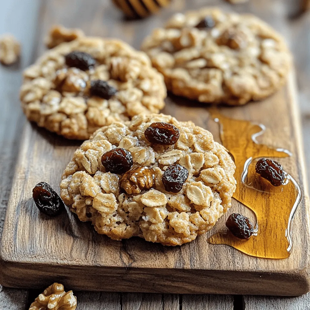 - 1 cup rolled oats - 1 cup whole wheat flour - 1/2 cup brown sugar, packed - 1/2 cup honey or maple syrup - 1/2 cup coconut oil, melted - 1/2 teaspoon baking powder - 1/2 teaspoon baking soda - 1 teaspoon cinnamon - 1/4 teaspoon salt - 1/2 cup raisins - 1/4 cup chopped walnuts (optional) - 1/2 teaspoon vanilla extract - 1 large egg These ingredients make the oatmeal raisin breakfast cookies simple yet flavorful. The rolled oats give a chewy texture. Whole wheat flour adds fiber and nutrients. Brown sugar offers a rich sweetness. Honey or maple syrup is a natural sweetener. Coconut oil keeps the cookies moist and adds a hint of coconut flavor. Baking powder and baking soda help the cookies rise. Cinnamon brings warmth and spice. A pinch of salt enhances all the flavors. Raisins add natural sweetness and chewy bits. Chopped walnuts add crunch, but they are optional. Vanilla extract adds a lovely aroma. Finally, the egg binds everything together and helps the cookies set. Each cookie has about 120 calories, 4g of protein, and 6g of healthy fats. They are a good source of fiber, thanks to the oats and whole wheat flour. Enjoy one or two cookies for breakfast or a snack. They pair well with milk or yogurt. For a fun twist, try them with a fruit smoothie. You can find the full recipe to see how easy it is to whip these up at home! First, gather all your ingredients. This makes cooking easier. You need rolled oats, whole wheat flour, brown sugar, honey or maple syrup, coconut oil, baking powder, baking soda, cinnamon, salt, raisins, walnuts, vanilla extract, and an egg. Make sure to measure them out. In a big bowl, mix the rolled oats, whole wheat flour, brown sugar, baking powder, baking soda, cinnamon, and salt. Stir them well until they blend nicely. This mix forms the base of your cookies. In another bowl, whisk the melted coconut oil with honey or maple syrup, vanilla extract, and the egg. Mix until smooth. Next, pour this wet mix into the dry mix. Stir until everything is combined. Fold in the raisins and walnuts if you like. Preheat your oven to 350°F (175°C). Line a baking sheet with parchment paper. Use a cookie scoop or a tablespoon to drop the dough onto the sheet, leaving space between each. Flatten each cookie a bit using the scoop's back. Bake for 10-12 minutes. The edges should turn golden brown, and the centers should be set. Let them cool on the pan for five minutes, then move them to a wire rack. Enjoy your freshly baked oatmeal raisin breakfast cookies! For the complete recipe, check the Full Recipe. To make perfect oatmeal raisin breakfast cookies, follow a few key steps. Use fresh ingredients. Check the dates on your baking powder and baking soda. Freshness matters! Measure your oats and flour with care. Too much flour can make cookies dry. Use a cookie scoop for even sizes. This helps them bake evenly. Lastly, watch the baking time closely. Remove them when they are just golden. You can easily adjust the sweetness of your cookies. If you like them sweeter, add more brown sugar or honey. For less sweetness, cut back. Try using unsweetened applesauce as a substitute for some sugar. This makes cookies moist and reduces added sugar. You can also change the texture. For a chewier cookie, use more oats. For a firmer cookie, add a little more flour. Make your cookies look great when serving. Stack them high on a rustic wooden board. A colorful plate adds a nice touch too. Serve warm cookies with a glass of milk. You could also add a dollop of Greek yogurt. This creates a fun breakfast treat! For a pop of color, sprinkle some nuts or oats on top. Your guests will love the look and taste! {{image_2}} To make these cookies gluten-free, swap the whole wheat flour for almond flour or gluten-free oat flour. Both options work well and keep the texture nice. Use certified gluten-free oats to avoid any cross-contamination. This way, you can enjoy the same tasty flavor without gluten. For a vegan version, replace the egg with a flaxseed egg. Mix one tablespoon of ground flaxseed with three tablespoons of water. Let it sit for five minutes until it thickens. Also, choose maple syrup instead of honey. This keeps the cookies plant-based and just as yummy. You can easily change some ingredients without losing flavor. If you want a nut-free cookie, skip the walnuts or use sunflower seeds. You can also swap raisins for dried cranberries or chocolate chips if you prefer. Experimenting with different add-ins keeps the cookie fun and fresh. For the sweetener, if you want less sugar, try using mashed bananas or unsweetened applesauce. This adds moisture and a hint of sweetness. Feel free to check the Full Recipe for more ideas and tips! To keep your oatmeal raisin breakfast cookies fresh, store them in an airtight container. This helps prevent them from drying out. Place parchment paper between layers to avoid sticking. You can keep them at room temperature for about five days. If you want to keep them longer, think about freezing. For a longer shelf life, freeze your cookies. First, let the cookies cool completely. Then, place them in a single layer on a baking sheet. Freeze them for about one hour. Once frozen, transfer them to a freezer bag. They can last up to three months in the freezer. Just label the bag with the date for easy tracking. When you are ready to enjoy a frozen cookie, take it out of the freezer. You can reheat it in the oven or microwave. For the oven, preheat to 350°F (175°C) and warm the cookie for about five minutes. In the microwave, heat it for about 15-20 seconds. This helps restore that soft, chewy texture. Enjoy your cookies warm! To make oatmeal raisin breakfast cookies softer, use less flour. Add a bit more honey or syrup. You can also mix in a little extra coconut oil. Avoid overbaking the cookies. Take them out when the edges are golden but the centers are soft. This keeps them chewy and moist. Yes, you can use instant oats. However, they may change the texture. Instant oats make the cookies softer and less chewy. If you prefer a heartier bite, stick with rolled oats. They hold their shape better and give a nice texture. I love enjoying oatmeal raisin breakfast cookies warm. You can pair them with a glass of cold milk. They also taste great with Greek yogurt. For a fun twist, add a little fruit on the side. They make a perfect breakfast or snack! Oatmeal raisin breakfast cookies stay fresh for about a week. Keep them in an airtight container at room temperature. For longer shelf life, you can freeze them. Just make sure to wrap them well. They can last up to three months in the freezer! Enjoy these delights anytime. For the full recipe, check out the steps above! These oatmeal raisin breakfast cookies mix healthy ingredients and great taste. You learned what to use, how to bake, and tips for perfect cookies. You can explore variations like gluten-free or vegan options. Storing them right keeps them fresh for longer. Enjoy these cookies as a quick snack or a lovely breakfast treat. With these steps, you can create delicious bites for any time of day. Happy baking!