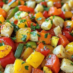 - 2 cups carrots, peeled and sliced - 2 cups bell peppers (red, yellow, and green), diced - 2 cups zucchini, sliced - 1 red onion, chopped - 4 cloves garlic, minced - 3 tablespoons olive oil - 1 teaspoon dried thyme - 1 teaspoon dried rosemary - 1 teaspoon paprika - Salt and pepper to taste - Fresh parsley, chopped (for garnish) Garlic herb roasted vegetables shine with bright flavors. Each veggie brings its own taste. - Carrots: Sweet and earthy, they add a nice crunch. - Bell Peppers: Colorful and juicy, they bring a mild sweetness. - Zucchini: Soft and tender when cooked, it has a mild flavor. - Red Onion: Sweet and slightly sharp, it adds depth. For herbs and spices, thyme and rosemary work well together. Paprika adds a hint of smokiness. You can mix and match these flavors to suit your taste. Try adding oregano or basil for a different twist. This dish is not just pretty; it’s also healthy and packed with nutrients. You can find the full recipe to make this easy and flavorful dish. Prepping the Vegetables First, wash your vegetables. Peel and slice 2 cups of carrots. Dice 2 cups of bell peppers in red, yellow, and green. Slice 2 cups of zucchini and chop 1 red onion. Keep all these veggies ready in a large bowl. Making the Garlic Herb Mixture In a small bowl, mix 4 cloves of minced garlic with 3 tablespoons of olive oil. Add 1 teaspoon each of dried thyme, dried rosemary, and paprika. Season this blend with salt and pepper to your taste. This mixture adds great flavor. Combining and Coating the Vegetables Pour the garlic herb mixture over your prepared vegetables. Toss them well to coat every piece evenly. This step ensures that all the veggies soak in that tasty flavor. Oven Temperature Settings Preheat your oven to 425°F (220°C). This high heat helps the veggies caramelize and get tender. Arranging the Vegetables on the Baking Sheet Line a baking sheet with parchment paper. Spread the coated vegetables evenly in a single layer. Avoid overcrowding to allow even cooking. Roasting Time and Tips Roast the veggies for about 25-30 minutes. Stir them halfway through to ensure even roasting. Look for a nice golden color and a tender texture when they are done. How to Serve the Roasted Vegetables Once roasted, let them cool for a few minutes. Transfer them to a serving dish for a beautiful presentation. Garnishing Options Sprinkle fresh parsley on top for a pop of color. This garnish also adds a fresh taste. Suggested Pairings or Side Dishes Serve these roasted veggies with grilled chicken or fish. They also pair well with rice or quinoa for a hearty meal. For more details, check the Full Recipe. - Achieving Optimal Crispiness To get crispy veggies, choose a hot oven. I like to preheat to 425°F. This high heat helps the vegetables caramelize. Spread them out in a single layer on the baking sheet. Crowding them makes them steam instead of roast. - How to Avoid Soggy Vegetables Use fresh, dry vegetables. If they are wet, they will steam and turn soggy. Pat them dry with a towel before roasting. Also, don’t skip the oil. It helps crisp up the edges. - Importance of Cutting Vegetables Evenly Uniform cuts ensure even cooking. Try to cut all vegetables into similar sizes. This way, they cook at the same rate. For example, slice carrots and zucchini about the same thickness. - Adding Additional Vegetables Feel free to mix in your favorite vegetables. Broccoli, asparagus, or sweet potatoes all work well. Just make sure they roast at a similar time as your main veggies. - Including Protein Options Want to make it a full meal? Add protein like chicken or tofu. Cube them up and toss them with the veggies. You’ll have a tasty, balanced dish. - Adjusting Flavor with Different Herbs Switch up the herbs to change the flavor. Try basil or oregano for a different taste. Fresh herbs can also add a nice touch at the end. - Overcrowding the Baking Sheet This is a big mistake. If you pile vegetables on top of each other, they won’t roast. Instead, they’ll steam and become mushy. Always leave space between each piece. - Not Preheating the Oven Properly I can’t stress this enough. Preheating is key to good roasting. If your oven isn’t hot enough, your vegetables won’t cook right. - Incorrect Seasoning Ratios Balance is crucial in seasoning. Too much salt can ruin the dish. Start with a little and adjust as you go. Taste the mixture before adding more. {{image_2}} Using seasonal vegetables keeps your dish fresh and tasty. In spring, try asparagus and peas. In summer, add eggplant and tomatoes. Autumn calls for squash and Brussels sprouts. In winter, root veggies like parsnips and turnips shine. Adjust your recipe based on what is in season. This makes your meal vibrant and full of flavor. For holiday meals, roasted vegetables can add color and taste to your table. You can use a mix of festive colors like red and orange bell peppers. Add seasonal herbs like sage or thyme to enhance the dish. These small tweaks can turn a simple side into a showstopper for your gatherings. You can easily change the flavor of your roasted vegetables. For a richer taste, try different oils. Avocado oil adds a subtle flavor. Grapeseed oil offers a light, nutty taste. Each oil can change the dish's profile while keeping it healthy. Adding vinegar can also boost the flavor. Balsamic vinegar gives a sweet tang, while apple cider vinegar adds brightness. Experiment with these options to find what you love. Cheese can be a great topping. Parmesan brings a salty kick, while feta offers a creamy texture. You can even sprinkle some goat cheese on top. These toppings can elevate your vegetables and make them even more delicious. For a Mediterranean twist, add olives and sun-dried tomatoes. Toss in some capers for a briny punch. You can also mix in fresh basil or oregano. These additions create a vibrant dish that transports you to sunny shores. For an Asian-inspired version, use sesame oil instead of olive oil. Add soy sauce for a savory depth. Toss in some sliced mushrooms and bok choy for a fresh crunch. These flavors create a unique take on roasted veggies that is both exciting and comforting. Explore these variations to make your garlic herb roasted vegetables even more delightful. Each option gives you a chance to get creative in the kitchen. For a full guide on how to make these, check out the Full Recipe. To keep your Garlic Herb Roasted Vegetables fresh, follow these tips: - Best Practices for Refrigeration: Allow the vegetables to cool completely. Place them in an airtight container. Store in the fridge for up to three days. This helps maintain their flavor and texture. - Freezing Suggestions for Long-Term Storage: If you want to keep them longer, freeze the leftovers. Spread the cooled vegetables on a baking sheet. Freeze for a few hours until firm, then transfer to a freezer-safe bag. They will last up to three months in the freezer. Proper reheating can bring back the veggies' taste and texture: - Best Methods for Reheating Roasted Vegetables: Use your oven or a skillet. For the oven, preheat to 375°F (190°C). Spread veggies on a baking sheet and reheat for about 10-15 minutes. In a skillet, heat over medium-low heat. Stir often until warmed through. - Tips for Maintaining Texture and Flavor: Avoid using the microwave if possible. It can make the vegetables soggy. Add a dash of olive oil when reheating to boost flavor. Knowing how long your leftovers last is important: - Expected Storage Times in the Fridge: When stored properly, Garlic Herb Roasted Vegetables last about three days in the fridge. - Signs of Spoilage to Look Out For: Check for off-smells or slimy textures. If the colors look dull or faded, it’s best to toss them. Always trust your senses when it comes to food safety. Yes, you can use many types of vegetables. Some great options include: - Broccoli - Cauliflower - Sweet potatoes - Asparagus - Brussels sprouts These vegetables add different flavors and textures. You can also mix and match. Just ensure they roast well at the same temperature. If you have seasonal vegetables, use those for freshness. They often taste better and are more nutritious. Making this dish vegan is easy! Simply replace the olive oil with a vegan-friendly oil. You can use: - Avocado oil - Coconut oil Both options work well. Ensure your herbs and spices are vegan too. This recipe already is plant-based, so enjoy without any animal products. This dish pairs well with many main courses. Try serving it with: - Grilled chicken or fish - Quinoa or rice - Pasta dishes For special occasions, serve it alongside roasted meats or at a potluck. The colors and flavors will impress any guest. This guide walks you through making delicious Garlic Herb Roasted Vegetables. You learned the best ingredients, preparation steps, and roasting tips. I shared how to avoid common mistakes and create your own variations. Remember to store leftovers properly and reheat them for the best taste. Roasting vegetables brings out their flavor and adds joy to meals. Try new combinations to keep it exciting. Enjoy the crunch, color, and taste in every bite!