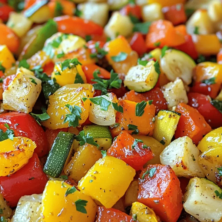 - 2 cups carrots, peeled and sliced - 2 cups bell peppers (red, yellow, and green), diced - 2 cups zucchini, sliced - 1 red onion, chopped - 4 cloves garlic, minced - 3 tablespoons olive oil - 1 teaspoon dried thyme - 1 teaspoon dried rosemary - 1 teaspoon paprika - Salt and pepper to taste - Fresh parsley, chopped (for garnish) Garlic herb roasted vegetables shine with bright flavors. Each veggie brings its own taste. - Carrots: Sweet and earthy, they add a nice crunch. - Bell Peppers: Colorful and juicy, they bring a mild sweetness. - Zucchini: Soft and tender when cooked, it has a mild flavor. - Red Onion: Sweet and slightly sharp, it adds depth. For herbs and spices, thyme and rosemary work well together. Paprika adds a hint of smokiness. You can mix and match these flavors to suit your taste. Try adding oregano or basil for a different twist. This dish is not just pretty; it’s also healthy and packed with nutrients. You can find the full recipe to make this easy and flavorful dish. Prepping the Vegetables First, wash your vegetables. Peel and slice 2 cups of carrots. Dice 2 cups of bell peppers in red, yellow, and green. Slice 2 cups of zucchini and chop 1 red onion. Keep all these veggies ready in a large bowl. Making the Garlic Herb Mixture In a small bowl, mix 4 cloves of minced garlic with 3 tablespoons of olive oil. Add 1 teaspoon each of dried thyme, dried rosemary, and paprika. Season this blend with salt and pepper to your taste. This mixture adds great flavor. Combining and Coating the Vegetables Pour the garlic herb mixture over your prepared vegetables. Toss them well to coat every piece evenly. This step ensures that all the veggies soak in that tasty flavor. Oven Temperature Settings Preheat your oven to 425°F (220°C). This high heat helps the veggies caramelize and get tender. Arranging the Vegetables on the Baking Sheet Line a baking sheet with parchment paper. Spread the coated vegetables evenly in a single layer. Avoid overcrowding to allow even cooking. Roasting Time and Tips Roast the veggies for about 25-30 minutes. Stir them halfway through to ensure even roasting. Look for a nice golden color and a tender texture when they are done. How to Serve the Roasted Vegetables Once roasted, let them cool for a few minutes. Transfer them to a serving dish for a beautiful presentation. Garnishing Options Sprinkle fresh parsley on top for a pop of color. This garnish also adds a fresh taste. Suggested Pairings or Side Dishes Serve these roasted veggies with grilled chicken or fish. They also pair well with rice or quinoa for a hearty meal. For more details, check the Full Recipe. - Achieving Optimal Crispiness To get crispy veggies, choose a hot oven. I like to preheat to 425°F. This high heat helps the vegetables caramelize. Spread them out in a single layer on the baking sheet. Crowding them makes them steam instead of roast. - How to Avoid Soggy Vegetables Use fresh, dry vegetables. If they are wet, they will steam and turn soggy. Pat them dry with a towel before roasting. Also, don’t skip the oil. It helps crisp up the edges. - Importance of Cutting Vegetables Evenly Uniform cuts ensure even cooking. Try to cut all vegetables into similar sizes. This way, they cook at the same rate. For example, slice carrots and zucchini about the same thickness. - Adding Additional Vegetables Feel free to mix in your favorite vegetables. Broccoli, asparagus, or sweet potatoes all work well. Just make sure they roast at a similar time as your main veggies. - Including Protein Options Want to make it a full meal? Add protein like chicken or tofu. Cube them up and toss them with the veggies. You’ll have a tasty, balanced dish. - Adjusting Flavor with Different Herbs Switch up the herbs to change the flavor. Try basil or oregano for a different taste. Fresh herbs can also add a nice touch at the end. - Overcrowding the Baking Sheet This is a big mistake. If you pile vegetables on top of each other, they won’t roast. Instead, they’ll steam and become mushy. Always leave space between each piece. - Not Preheating the Oven Properly I can’t stress this enough. Preheating is key to good roasting. If your oven isn’t hot enough, your vegetables won’t cook right. - Incorrect Seasoning Ratios Balance is crucial in seasoning. Too much salt can ruin the dish. Start with a little and adjust as you go. Taste the mixture before adding more. {{image_2}} Using seasonal vegetables keeps your dish fresh and tasty. In spring, try asparagus and peas. In summer, add eggplant and tomatoes. Autumn calls for squash and Brussels sprouts. In winter, root veggies like parsnips and turnips shine. Adjust your recipe based on what is in season. This makes your meal vibrant and full of flavor. For holiday meals, roasted vegetables can add color and taste to your table. You can use a mix of festive colors like red and orange bell peppers. Add seasonal herbs like sage or thyme to enhance the dish. These small tweaks can turn a simple side into a showstopper for your gatherings. You can easily change the flavor of your roasted vegetables. For a richer taste, try different oils. Avocado oil adds a subtle flavor. Grapeseed oil offers a light, nutty taste. Each oil can change the dish's profile while keeping it healthy. Adding vinegar can also boost the flavor. Balsamic vinegar gives a sweet tang, while apple cider vinegar adds brightness. Experiment with these options to find what you love. Cheese can be a great topping. Parmesan brings a salty kick, while feta offers a creamy texture. You can even sprinkle some goat cheese on top. These toppings can elevate your vegetables and make them even more delicious. For a Mediterranean twist, add olives and sun-dried tomatoes. Toss in some capers for a briny punch. You can also mix in fresh basil or oregano. These additions create a vibrant dish that transports you to sunny shores. For an Asian-inspired version, use sesame oil instead of olive oil. Add soy sauce for a savory depth. Toss in some sliced mushrooms and bok choy for a fresh crunch. These flavors create a unique take on roasted veggies that is both exciting and comforting. Explore these variations to make your garlic herb roasted vegetables even more delightful. Each option gives you a chance to get creative in the kitchen. For a full guide on how to make these, check out the Full Recipe. To keep your Garlic Herb Roasted Vegetables fresh, follow these tips: - Best Practices for Refrigeration: Allow the vegetables to cool completely. Place them in an airtight container. Store in the fridge for up to three days. This helps maintain their flavor and texture. - Freezing Suggestions for Long-Term Storage: If you want to keep them longer, freeze the leftovers. Spread the cooled vegetables on a baking sheet. Freeze for a few hours until firm, then transfer to a freezer-safe bag. They will last up to three months in the freezer. Proper reheating can bring back the veggies' taste and texture: - Best Methods for Reheating Roasted Vegetables: Use your oven or a skillet. For the oven, preheat to 375°F (190°C). Spread veggies on a baking sheet and reheat for about 10-15 minutes. In a skillet, heat over medium-low heat. Stir often until warmed through. - Tips for Maintaining Texture and Flavor: Avoid using the microwave if possible. It can make the vegetables soggy. Add a dash of olive oil when reheating to boost flavor. Knowing how long your leftovers last is important: - Expected Storage Times in the Fridge: When stored properly, Garlic Herb Roasted Vegetables last about three days in the fridge. - Signs of Spoilage to Look Out For: Check for off-smells or slimy textures. If the colors look dull or faded, it’s best to toss them. Always trust your senses when it comes to food safety. Yes, you can use many types of vegetables. Some great options include: - Broccoli - Cauliflower - Sweet potatoes - Asparagus - Brussels sprouts These vegetables add different flavors and textures. You can also mix and match. Just ensure they roast well at the same temperature. If you have seasonal vegetables, use those for freshness. They often taste better and are more nutritious. Making this dish vegan is easy! Simply replace the olive oil with a vegan-friendly oil. You can use: - Avocado oil - Coconut oil Both options work well. Ensure your herbs and spices are vegan too. This recipe already is plant-based, so enjoy without any animal products. This dish pairs well with many main courses. Try serving it with: - Grilled chicken or fish - Quinoa or rice - Pasta dishes For special occasions, serve it alongside roasted meats or at a potluck. The colors and flavors will impress any guest. This guide walks you through making delicious Garlic Herb Roasted Vegetables. You learned the best ingredients, preparation steps, and roasting tips. I shared how to avoid common mistakes and create your own variations. Remember to store leftovers properly and reheat them for the best taste. Roasting vegetables brings out their flavor and adds joy to meals. Try new combinations to keep it exciting. Enjoy the crunch, color, and taste in every bite!