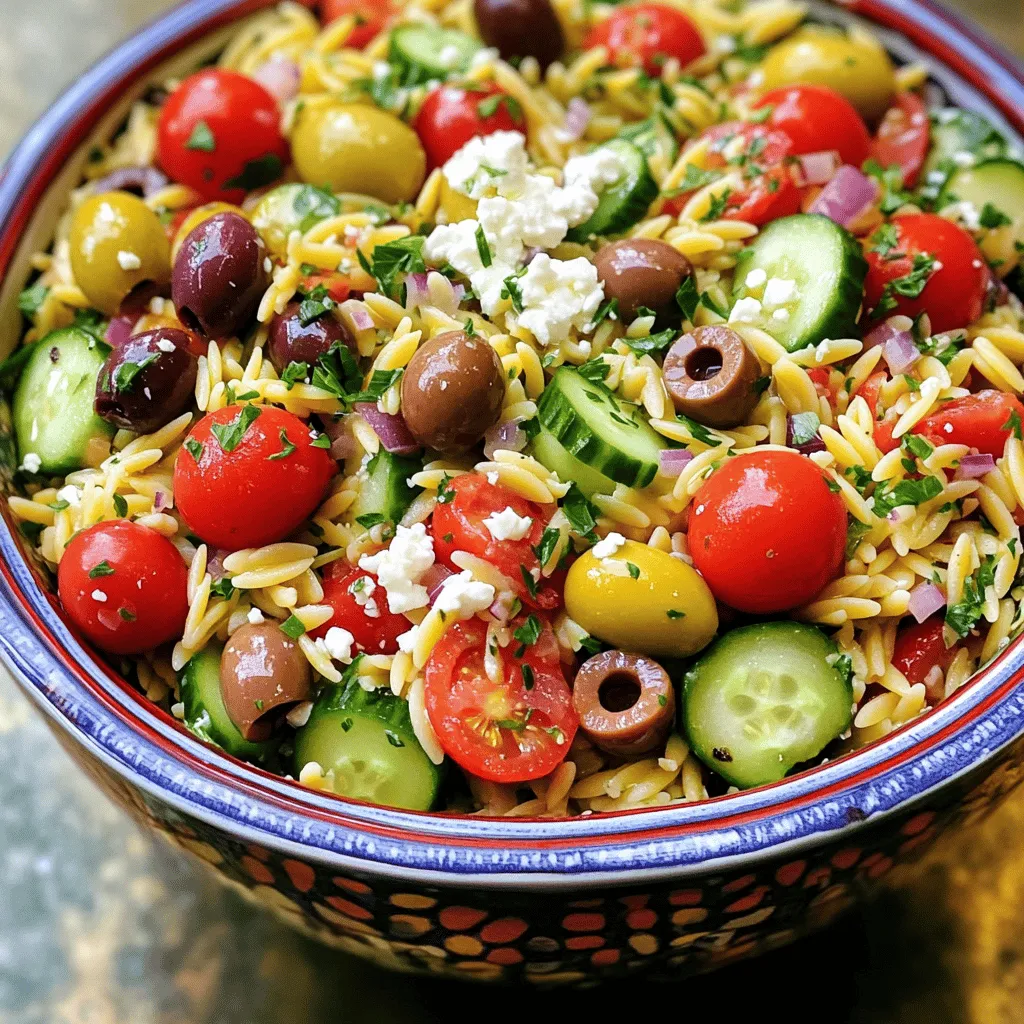 To make a tasty Greek orzo pasta salad, you will need: - 1 cup orzo pasta - 1 ½ cups vegetable broth (or water) - 1 cup cherry tomatoes, halved - ½ cucumber, diced - ¼ red onion, finely chopped - ½ cup kalamata olives, pitted and sliced - 1 cup feta cheese, crumbled - ¼ cup fresh parsley, chopped - 2 tablespoons lemon juice - 2 tablespoons olive oil - 1 teaspoon dried oregano - Salt and pepper to taste These ingredients provide a fresh and vibrant taste. The orzo pasta acts as a base, while the veggies add crunch. Feta cheese brings creaminess, and olives give a salty kick. You can make this salad even better with a few add-ins: - 1 bell pepper, diced - ½ cup artichoke hearts, chopped - ¼ cup sun-dried tomatoes, sliced - 1 avocado, diced - 1 teaspoon capers, rinsed These options add layers of flavor and texture. Each ingredient can change the taste profile, so feel free to mix and match. If you need alternatives, here are some ideas: - Substitute orzo with quinoa or farro for a different grain. - Use goat cheese instead of feta for a tangy flavor. - Swap cherry tomatoes with grape tomatoes or diced regular tomatoes. - If you want a nutty flavor, add toasted pine nuts or walnuts. These substitutions keep the essence of the salad while allowing for personal preference. Enjoy making your Greek orzo pasta salad with the [Full Recipe] as your guide. Start by boiling the vegetable broth in a medium saucepan. Once it bubbles, add 1 cup of orzo pasta. Follow the package instructions, which usually takes about 8 to 10 minutes. You want it al dente, so keep an eye on it. When it's ready, drain the pasta and rinse it with cold water. This stops the cooking process and cools it down. While the orzo cools, it's time to chop some fresh veggies. Take 1 cup of cherry tomatoes and slice them in half. Dice ½ cucumber into small pieces. Then, finely chop ¼ of a red onion. You can adjust these amounts based on your taste, but these veggies add great flavor and crunch. In a large mixing bowl, add the cooled orzo and all your chopped veggies. Now, it’s time for the dressing. In a separate small bowl, whisk together 2 tablespoons of lemon juice, 2 tablespoons of olive oil, 1 teaspoon of dried oregano, salt, and pepper. Pour this dressing over the orzo and veggies, then toss gently to mix everything well. Finally, fold in 1 cup of crumbled feta cheese and ¼ cup of chopped fresh parsley. Be gentle here; you don’t want to break up the feta too much. For a vibrant look, serve the salad in a large bowl. You can garnish it with extra parsley and a few whole olives on top. This not only makes it pretty but also adds a splash of color. Chill the salad in the fridge for at least 30 minutes before serving. This helps all the flavors meld together, creating a delicious dish. For the full recipe, refer back to the section above. Enjoy your fresh Greek orzo pasta salad! To make your Greek Orzo Pasta Salad really pop, focus on fresh ingredients. Use ripe cherry tomatoes and crisp cucumbers. Fresh herbs like parsley or dill add bright notes. Don't skip the lemon juice; it brings the whole dish together. Combine your dressing well. A good mix of olive oil, lemon juice, and oregano gives a rich taste. Taste as you go. Adjust salt, pepper, and lemon juice to suit your liking. One common mistake is overcooking the orzo. Cook it al dente so it stays firm. Another mistake is adding the dressing too early. Let the orzo cool first. This helps the salad stay fresh. Avoid using bland vegetables. Choose colorful, fresh ones for better taste. Lastly, don’t skip chilling the salad. It allows the flavors to mix and deepen. Meal prep makes this salad easy to enjoy all week. Cook a big batch of orzo and store it in the fridge. Chop your veggies in advance and keep them separate. Mix everything together just before serving. This keeps the salad crisp. You can also make the dressing ahead of time. Store it in a jar for quick use. For the best flavor, eat the salad within three days. Check the full recipe for more details. {{image_2}} You can easily change the flavor of your salad. Try adding roasted red peppers for a smoky taste. Sun-dried tomatoes give a sweet and tangy twist. Artichoke hearts add a nice texture and flavor. For a touch of heat, add sliced jalapeños or pepperoncini. Each of these ingredients brings a unique vibe to your Greek orzo pasta salad. Want to make your salad more filling? Adding protein is a great idea. Grilled chicken or shrimp works well and adds tasty flavors. If you prefer plant-based options, try chickpeas or black beans. These ingredients boost protein and make the salad heartier. You can also add diced tofu for a vegetarian option. You can make this salad suit different diets easily. To keep it vegetarian, simply skip the meat options. Use vegetable broth to cook your orzo instead of chicken broth. For a vegan twist, replace the feta cheese with a dairy-free alternative. You can also use avocado slices for creaminess without dairy. These changes keep the taste fresh and enjoyable while meeting dietary needs. For more details, check out the Full Recipe. To keep your Greek Orzo Pasta Salad fresh, store it in an airtight container. This helps lock in flavor and moisture. Make sure to place the salad in the fridge within two hours of making it. The salad will stay good for about three days. If you notice any change in color or smell, it's best to toss it. While I recommend eating this salad fresh, you can freeze it for later use. First, let the salad cool completely. Then, divide it into smaller portions in freezer-safe bags. Remove as much air as possible to prevent freezer burn. This salad can last up to three months in the freezer. When ready to eat, thaw the salad in the fridge overnight. To refresh your Greek Orzo Pasta Salad, first, check the texture. If it feels dry, add a splash of olive oil or lemon juice. Mix it well to combine. You can also serve it cold or at room temperature. If you prefer it warm, gently heat it in a pan over low heat. Stir often to avoid sticking. Enjoy the flavors just like the first time! For the full recipe, check out the Mediterranean Orzo Delight! Orzo pasta is a small, rice-shaped pasta. It cooks quickly and has a mild flavor. You can find orzo in many stores, often near other pasta. It is great in salads, soups, and casseroles. In Greek Orzo Pasta Salad, it acts as a hearty base. To make this salad gluten-free, use gluten-free orzo. Many brands offer rice or corn-based options. You can also use quinoa as a substitute. This will keep the salad tasty while being gluten-free. Always check labels for hidden gluten. Yes, you can prepare this salad ahead of time. Make it a few hours or a day before serving. This time allows the flavors to mix well. Just store it in the fridge until you are ready to serve. Give it a quick toss before serving to refresh it. Greek Orzo Pasta Salad pairs well with grilled chicken or fish. It also goes great with lamb or roasted vegetables. For a lighter meal, serve it with a side of fresh fruit. You can even enjoy it on its own as a filling lunch. For the complete recipe, check out Full Recipe. Greek Orzo Pasta Salad brings fresh flavors and easy prep to your table. We explored the key ingredients, cooking methods, and ways to enhance this dish. I shared tips to ensure your salad tastes great. You can even adapt it for different diets! Remember to store leftovers properly and enjoy them later. This dish is fun to make and share anytime. Try these ideas, and you’ll impress everyone with a tasty, healthy salad.