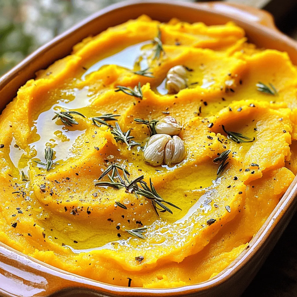 - 2 large sweet potatoes, peeled and cubed - 1 whole garlic bulb - 2 tablespoons olive oil - ¼ cup unsweetened almond milk (or milk of choice) - 2 tablespoons unsalted butter or vegan butter - Salt and pepper to taste - 1 tablespoon fresh rosemary or parsley, chopped (for garnish) - Nutmeg for flavor - Parmesan cheese or nutritional yeast for a cheesy taste Roasted garlic sweet potato mash is not just tasty; it's also good for you. Each serving has about 200 calories. You get around 40 grams of carbs, 7 grams of fat, and about 4 grams of protein. This mash is a great way to enjoy comfort food while keeping it healthy. When you make this dish, you blend sweet potatoes and garlic, which are packed with nutrients. Sweet potatoes give you fiber and vitamins. Garlic adds flavor and health benefits too. You can find the full recipe at the end of this article. Enjoy making your own roasted garlic sweet potato mash! - Preheat the oven to 400°F (200°C). - Peel and cube the sweet potatoes into even pieces. To roast garlic, cut the top off the garlic bulb to expose the cloves. Drizzle with 1 tablespoon of olive oil. Wrap it in aluminum foil. Place it in the oven with the sweet potatoes. Roast for about 30 minutes. The garlic is done when it turns soft and golden. Once the sweet potatoes are fork-tender, it’s time to mash. In a large bowl, combine the roasted sweet potatoes and the garlic. Squeeze the soft garlic cloves directly into the bowl. Use a potato masher or fork to mix everything until creamy. Add almond milk and butter for a rich texture. Adjust the flavor by adding salt and pepper as needed. For a bright finish, sprinkle with fresh rosemary or parsley. For the full recipe, check out the details above. For a smooth, creamy mash, use a potato masher. A food processor can make it too fluffy. If you want to avoid lumps, ensure your sweet potatoes are fully cooked. Check them with a fork. If they slide off easily, they are ready to mash. For extra flavor, add fresh herbs like rosemary or parsley. They bring a bright taste to your dish. You can also try spices like nutmeg or cinnamon for a warm touch. If you like cheese, sprinkle some grated Parmesan on top or use nutritional yeast for a cheesy flavor. Presentation matters! Serve the mash in a deep dish. Drizzle some olive oil on top. Add a sprinkle of fresh herbs for color. For pairing, this mash goes well with roasted chicken or grilled fish. It also complements greens like sautéed spinach or steamed broccoli. For a wow factor, consider serving it alongside a tangy sauce or rich gravy. You can find the full recipe to guide you through the steps for making this delicious dish. {{image_2}} To make this dish vegan, swap out the butter and milk. Use vegan butter instead of regular butter. For milk, almond milk works great, but any plant-based milk is fine. You can also add flavor boosters like nutritional yeast or miso paste. These add a savory taste that enhances the mash. Want a kick? Add cayenne or smoked paprika to your mash. A little goes a long way, so start small and taste as you go. You can also mix in other roasted veggies. Carrots or butternut squash blend well and add more depth to the flavor. For a fall twist, sprinkle in some cinnamon or a hint of maple syrup. These flavors make the mash warm and cozy. During the holidays, you can add chopped cranberries or pecans. They give a festive crunch and a pop of color. This dish can evolve with the seasons, making it a year-round favorite. For the full recipe, check out the detailed instructions above. Store your leftover roasted garlic sweet potato mash in an airtight container. This will keep it fresh. Use glass or plastic containers that seal well. Glass containers are great for keeping flavors intact. Make sure to let the mash cool before sealing it. This helps avoid excess moisture that can spoil the mash. To freeze your mash, place it in a freezer-safe container. Leave some space at the top for expansion. You can also use freezer bags, which save space. When you're ready to use it, take it out and thaw it in the fridge overnight. For quick thawing, place the bag in warm water. Reheat the mash in a pot over low heat. Stir often to keep it smooth. In the fridge, your sweet potato mash lasts about 3 to 5 days. If you freeze it, it can stay good for up to 3 months. Always check for any off smells or changes in color before using. This ensures you enjoy it at its best. Yes, you can use other potatoes, but sweet potatoes stand out. They are sweeter and creamier than regular potatoes. Sweet potatoes have more vitamins and fiber, making them healthier. Regular potatoes are starchy and can be fluffier. However, they won’t give you the same flavor depth as sweet potatoes. If you want to try other types, consider Yukon Gold or red potatoes. They will give a different texture and taste to your mash. To check if sweet potatoes are done, use the fork test. Stick a fork into the sweet potatoes. If the fork goes in easily, they are ready. You can also look for visual signs. The sweet potatoes should look soft and slightly caramelized on the edges. If they are not tender, roast them a little longer. Keep an eye on them to avoid burning. You can prepare this dish ahead of time with a few easy steps. First, roast the sweet potatoes and garlic as instructed. After mashing, let the mix cool down. Then, store the mash in an airtight container. You can keep it in the fridge for up to three days. To reheat, place it in a pan over low heat or use the microwave. Stir in a splash of almond milk or butter for creaminess. Enjoy the full recipe for more details! This blog post shared easy steps to make creamy mashed sweet potatoes. You learned about the right ingredients, optional add-ins, and nutritious details. I also gave tips for perfect texture and serving ideas. You can adapt the recipe to fit your diet, adding different flavors or seasonal touches. Lastly, storing tips ensure your leftovers stay fresh. Enjoy creating this dish, whether for a family meal or a festive gathering. Your kitchen adventure awaits!