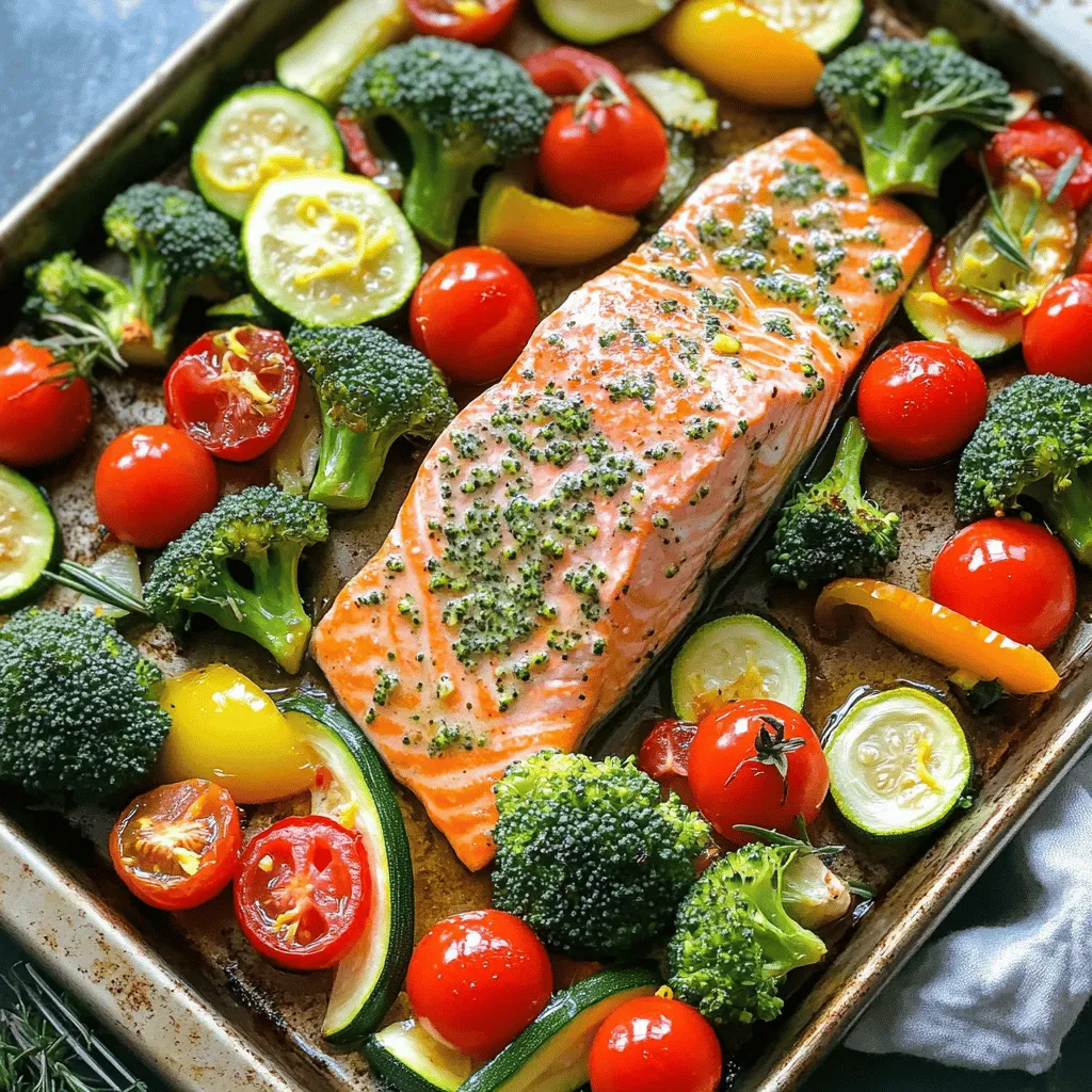 The Garlic Herb Salmon & Veggies Sheet Pan recipe is simple and fun. You need fresh and vibrant ingredients to make this dish shine. Here’s the complete list: - 4 salmon fillets - 2 cups cherry tomatoes, halved - 1 cup broccoli florets - 1 cup zucchini, sliced - 1 red bell pepper, sliced - 4 cloves garlic, minced - 3 tablespoons olive oil - 1 tablespoon fresh rosemary, chopped - 1 tablespoon fresh thyme, chopped - 1 lemon, zested and juiced - Salt and pepper to taste Each ingredient plays a key role in the dish. The salmon offers a rich flavor and healthy fat. The vegetables add color and crunch, making the dish more vibrant. Garlic brings a strong aroma, while herbs like rosemary and thyme enhance the taste. Olive oil helps everything cook evenly and keeps it moist. The lemon zest and juice brighten the dish, adding a fresh twist. You can find the full recipe [here](insert-link). Enjoy cooking this easy and healthy meal! 1. Preheat the oven and prepare the baking tray Set your oven to 400°F (200°C). This high heat helps cook the salmon and veggies quickly. Line your baking tray with parchment paper for easy cleanup. 2. Create the herb marinade In a small bowl, mix together 4 cloves of minced garlic, 3 tablespoons of olive oil, the zest and juice of 1 lemon, 1 tablespoon of fresh chopped rosemary, and 1 tablespoon of fresh chopped thyme. This blend packs a lot of flavor. 3. Arrange salmon and vegetables on the sheet pan On your prepared baking tray, place 4 salmon fillets in the center. Surround the salmon with 2 cups of halved cherry tomatoes, 1 cup of broccoli florets, 1 cup of sliced zucchini, and 1 sliced red bell pepper. This mix creates a colorful and tasty meal. 1. Drizzle marinade and season Pour the herb marinade over the salmon and veggies. Make sure everything gets a nice coat. Then, season with salt and pepper to your liking. 2. Baking time and temperature Bake your sheet pan meal in the preheated oven for 15-20 minutes. This time allows the salmon to cook through and the veggies to become tender. 3. Checking for doneness and serving To check if the salmon is done, use a fork. It should flake easily. Once cooked, remove the tray from the oven. Let it rest for a few minutes before serving. Enjoy this delightful dish directly from the pan, or plate it up for a fancy touch. For extra brightness, serve with a lemon wedge on the side. For the full recipe, see the detailed instructions above. To achieve the perfect salmon texture, use fresh fillets. Look for bright color and firm flesh. When cooking, don’t overbake. Salmon should flake easily but remain moist. Ensure your vegetables cook evenly by cutting them into similar sizes. This helps them roast at the same rate. For a nice char, place denser veggies like broccoli and bell pepper further from the heat source. Serve this dish directly from the sheet pan for a cozy, rustic look. For a more polished presentation, transfer the salmon and veggies to individual plates. Add a lemon wedge on the side to brighten the dish. To elevate flavor and aesthetics, sprinkle chopped herbs like parsley or dill on top. A drizzle of balsamic glaze can also add a touch of sweetness and shine. For the full recipe, refer to the earlier sections. {{image_2}} You can mix and match different vegetables in this dish. Seasonal veggies work well. Try asparagus in spring or butternut squash in fall. Other great options include: - Carrots, sliced - Green beans - Cauliflower florets Adjusting cook time is key for different veggies. Softer vegetables, like zucchini, may need less time. Harder ones, like carrots, may need a bit more. Keep an eye on them as they cook. Aim for tender but not mushy. Changing the herbs can give this dish new flavors. If you love dill, use it instead of rosemary. Basil also adds a nice touch. Here are some ideas: - Oregano for a Mediterranean twist - Cilantro for a fresh bite You can create different marinades too. Mix olive oil with lemon juice and your herb of choice. Experiment with spices like paprika or cumin to add more depth. The options are endless! To keep your Garlic Herb Salmon & Veggies fresh, follow these steps. First, let the dish cool to room temperature. This helps avoid condensation in storage. Then, place the leftovers in airtight containers. Glass containers work well, as do BPA-free plastic ones. Label each container with the date. This helps you track freshness. Store the salmon and veggies in the fridge for up to three days. If you want to keep them longer, freeze them. For freezing, use freezer-safe bags or containers. Remove as much air as possible to prevent freezer burn. You can store them for up to three months in the freezer. When it's time to enjoy your leftovers, reheating is key. For best results, use an oven. Preheat it to 350°F (175°C). Place the salmon and veggies on a baking sheet. Cover them loosely with foil. This helps keep moisture in while they warm up. Heat for about 10-15 minutes or until warmed through. You can also use the microwave. Place the food in a microwave-safe dish. Cover it with a lid or a damp paper towel to keep moisture. Heat in short bursts of 30 seconds, stirring in between. Make sure the salmon reaches an internal temperature of 145°F (63°C) for food safety. Enjoy your meal without worry! Can I use frozen salmon? Yes, you can use frozen salmon. Just thaw it in the fridge overnight. If you are short on time, you can also run it under cold water for quicker thawing. After thawing, pat it dry before cooking for the best results. This helps the salmon cook evenly. How to know when the salmon is cooked? The salmon is cooked when it flakes easily with a fork. You can also check the internal temperature. It should reach 145°F (63°C). If you do not have a thermometer, look for a bright pink color that lightens as it cooks. What sides pair well with this dish? This dish pairs well with many sides. Try serving it with a fresh green salad, rice, or quinoa. You can also add a light sauce or a squeeze of lemon for extra flavor. These sides complement the salmon and veggies nicely. How to make this recipe with less oil? To use less oil, look for a light spray or brush it on the salmon and veggies. You can also substitute oil with a splash of broth or lemon juice. This will keep the meal fresh while reducing fat. Tips for making a larger batch for meal prep? To make a larger batch, simply double the ingredients. Use a larger sheet pan or two pans if needed. Just make sure to space out the salmon and veggies. This ensures even cooking. You can store leftovers in airtight containers for easy meals later. This blog post explored making a delicious salmon and vegetable dish. You learned about the key ingredients like salmon fillets, fresh veggies, and different herbs. I provided simple steps to prepare, cook, and serve the meal, along with tips for texture and presentation. To wrap it up, try using seasonal veggies and adjust flavors with various herbs. Store your leftovers well and reheat them safely. Enjoy this healthy meal as a repeat in your kitchen!