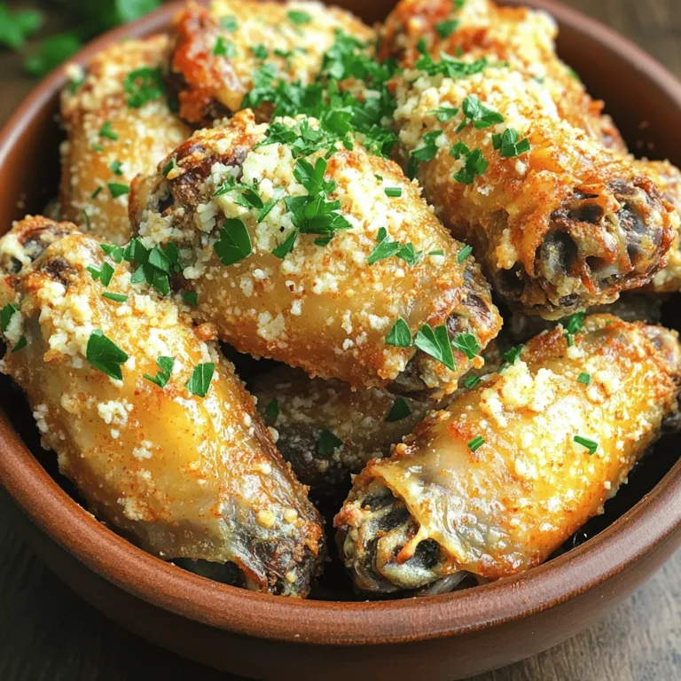 - 2 pounds chicken wings - 2 tablespoons olive oil - ½ cup grated Parmesan cheese - 1 teaspoon garlic powder - 1 teaspoon onion powder - 1 teaspoon smoked paprika - Salt and pepper to taste - 2 tablespoons fresh parsley, chopped - 2 tablespoons butter, melted Gathering the right ingredients is key for success in this recipe. First, you need chicken wings. I prefer fresh wings, but frozen can work too. You will also need olive oil, which helps with crispiness. Parmesan cheese adds a rich flavor. Next, for the seasoning, garlic powder and onion powder bring depth. Smoked paprika adds a nice touch. Don't forget salt and pepper to make it all pop. Finally, fresh parsley gives a bright finish. Melted butter helps to mix everything together. You can find the full recipe [Full Recipe] for more details on how to bring these flavors together. First, preheat your air fryer to 400°F (200°C). This step takes about 5 minutes. While the air fryer heats, grab a large mixing bowl. Add the chicken wings, olive oil, garlic powder, onion powder, smoked paprika, salt, and pepper. Mix these ingredients well. You want to coat every wing evenly. This blend makes the wings tasty and helps them crisp up nicely. Next, place the seasoned wings in the air fryer basket. Make sure they are in a single layer. This helps them cook evenly. If you have many wings, you might need to do this in batches. Air fry the wings for 25 to 30 minutes. Flip them halfway through cooking. This flip is key for even crispiness. You want them golden brown and crunchy. While the wings cook, it's time to mix the garlic Parmesan sauce. In a separate bowl, combine the melted butter, grated Parmesan cheese, and chopped parsley. Once the wings are done, transfer them to the bowl with your sauce. Toss them well to coat each wing. This step adds a rich flavor that makes the wings irresistible. Serve them right away and enjoy! For the full recipe, check out the earlier section. To get the best crispiness, cook the wings in a single layer. This allows hot air to circulate evenly. If you stack them, they won't cook right. You may need to do this in batches. If they aren't crispy enough, add a few more minutes to the cooking time. Just watch them closely to avoid burning. Feel free to change the seasonings to fit your taste. You can add cayenne for heat or lemon zest for brightness. For dipping sauces, try ranch or blue cheese. These pair well with garlic Parmesan flavors and enhance the dish. For a great look, serve the wings with fresh veggies like carrots and celery. This adds color and crunch. Use a large platter or a rustic wooden board to show off your wings. It makes them look extra tasty and inviting. For the full recipe, check out the detailed instructions and enjoy these delicious wings! {{image_2}} You can spice up your wings in many ways. For a kick, try spicy garlic Parmesan wings. Just add cayenne pepper or hot sauce to the mix. This will give your wings a nice heat without losing their garlic and cheese charm. If you want a fresh twist, consider herb-infused options. Mix in dried basil or oregano to the garlic Parmesan sauce. This adds depth and a garden flavor to every bite. While air frying is great, you can also bake your wings in the oven. Preheat your oven to 425°F (220°C). Spread the wings on a baking sheet. Bake for about 40-45 minutes until crispy. Grilling is another fun option, especially in summer. Toss your seasoned wings on the grill for a smoky taste. Just be sure to keep an eye on them, so they don’t burn. If you need gluten-free wings, use gluten-free soy sauce instead of regular. This keeps the flavor while making them safe for those with gluten issues. For a lower-fat adaptation, you can skip the butter in the garlic Parmesan sauce. Use a light olive oil spray instead. This reduces calories but keeps your wings tasty. Try these variations to match your needs and preferences! For the full recipe, check out the detailed instructions above. To keep your leftover wings fresh, store them in the fridge. Place the wings in a shallow container. Make sure to cover it tightly with a lid or plastic wrap. This helps keep the wings from drying out. They can last for up to three days in the fridge. For best results, try to eat them within two days. The best containers for storage are glass or BPA-free plastic. These materials do not absorb odors. They also help maintain flavor and texture. When you want to enjoy your wings again, reheating them is easy. The best method is to use the air fryer again. Preheat your air fryer to 350°F (175°C). Place the wings in a single layer. Heat them for about 5 to 7 minutes. This keeps them crispy. To avoid sogginess, do not use the microwave. Microwaves make wings soft and chewy. If you must use a microwave, place a paper towel under the wings. This helps absorb moisture. You can freeze both uncooked and cooked wings. For uncooked wings, season them and place them in a freezer bag. Remove all air from the bag. This keeps them fresh for up to six months. For cooked wings, allow them to cool completely before freezing. Place them in an airtight container. They can last for up to three months in the freezer. When you are ready to cook frozen wings, thaw them in the fridge overnight. This way, they stay safe and are ready to cook the next day. How long to air fry chicken wings? You should air fry chicken wings for about 25 to 30 minutes. Flip them halfway through to ensure even cooking. This gives them that crispy texture we all love. Can I use frozen wings for this recipe? Yes, you can use frozen wings. Just add a few extra minutes to the cooking time. Make sure they are not stuck together when you place them in the air fryer. Are air fryer wings healthier? Air fryer wings are generally healthier than deep-fried wings. You use less oil, which cuts down on calories and fat. This way, you can enjoy crispy wings without the guilt. Comparison with deep-fried wings Deep-fried wings soak up a lot of oil. This adds extra calories and fat. Air frying keeps the wings crispy but cuts down on unhealthy fats. Eating air fryer wings is a smarter choice. What can I use instead of Parmesan cheese? If you don't have Parmesan, try using Pecorino Romano or nutritional yeast. Both options give a nice cheesy flavor without losing the taste you want. Alternatives for olive oil in the recipe You can swap olive oil for avocado oil or melted coconut oil. Both work well and help to crisp the wings just like olive oil. This guide covered how to make delicious air-fried chicken wings. You learned about the key ingredients, step-by-step prep, and cooking tips. We explored flavor variations and storage methods, ensuring you enjoy these wings anytime. Remember, achieving crispiness matters, so follow the tips closely. With these techniques, you can create tasty wings that impress. Enjoy your cooking journey and have fun mixing flavors. Your snack time will never be the same!