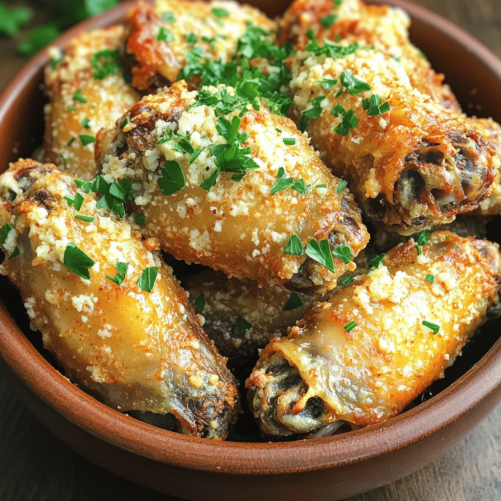 - 2 pounds chicken wings - 2 tablespoons olive oil - ½ cup grated Parmesan cheese - 1 teaspoon garlic powder - 1 teaspoon onion powder - 1 teaspoon smoked paprika - Salt and pepper to taste - 2 tablespoons fresh parsley, chopped - 2 tablespoons butter, melted Gathering the right ingredients is key for success in this recipe. First, you need chicken wings. I prefer fresh wings, but frozen can work too. You will also need olive oil, which helps with crispiness. Parmesan cheese adds a rich flavor. Next, for the seasoning, garlic powder and onion powder bring depth. Smoked paprika adds a nice touch. Don't forget salt and pepper to make it all pop. Finally, fresh parsley gives a bright finish. Melted butter helps to mix everything together. You can find the full recipe [Full Recipe] for more details on how to bring these flavors together. First, preheat your air fryer to 400°F (200°C). This step takes about 5 minutes. While the air fryer heats, grab a large mixing bowl. Add the chicken wings, olive oil, garlic powder, onion powder, smoked paprika, salt, and pepper. Mix these ingredients well. You want to coat every wing evenly. This blend makes the wings tasty and helps them crisp up nicely. Next, place the seasoned wings in the air fryer basket. Make sure they are in a single layer. This helps them cook evenly. If you have many wings, you might need to do this in batches. Air fry the wings for 25 to 30 minutes. Flip them halfway through cooking. This flip is key for even crispiness. You want them golden brown and crunchy. While the wings cook, it's time to mix the garlic Parmesan sauce. In a separate bowl, combine the melted butter, grated Parmesan cheese, and chopped parsley. Once the wings are done, transfer them to the bowl with your sauce. Toss them well to coat each wing. This step adds a rich flavor that makes the wings irresistible. Serve them right away and enjoy! For the full recipe, check out the earlier section. To get the best crispiness, cook the wings in a single layer. This allows hot air to circulate evenly. If you stack them, they won't cook right. You may need to do this in batches. If they aren't crispy enough, add a few more minutes to the cooking time. Just watch them closely to avoid burning. Feel free to change the seasonings to fit your taste. You can add cayenne for heat or lemon zest for brightness. For dipping sauces, try ranch or blue cheese. These pair well with garlic Parmesan flavors and enhance the dish. For a great look, serve the wings with fresh veggies like carrots and celery. This adds color and crunch. Use a large platter or a rustic wooden board to show off your wings. It makes them look extra tasty and inviting. For the full recipe, check out the detailed instructions and enjoy these delicious wings! {{image_2}} You can spice up your wings in many ways. For a kick, try spicy garlic Parmesan wings. Just add cayenne pepper or hot sauce to the mix. This will give your wings a nice heat without losing their garlic and cheese charm. If you want a fresh twist, consider herb-infused options. Mix in dried basil or oregano to the garlic Parmesan sauce. This adds depth and a garden flavor to every bite. While air frying is great, you can also bake your wings in the oven. Preheat your oven to 425°F (220°C). Spread the wings on a baking sheet. Bake for about 40-45 minutes until crispy. Grilling is another fun option, especially in summer. Toss your seasoned wings on the grill for a smoky taste. Just be sure to keep an eye on them, so they don’t burn. If you need gluten-free wings, use gluten-free soy sauce instead of regular. This keeps the flavor while making them safe for those with gluten issues. For a lower-fat adaptation, you can skip the butter in the garlic Parmesan sauce. Use a light olive oil spray instead. This reduces calories but keeps your wings tasty. Try these variations to match your needs and preferences! For the full recipe, check out the detailed instructions above. To keep your leftover wings fresh, store them in the fridge. Place the wings in a shallow container. Make sure to cover it tightly with a lid or plastic wrap. This helps keep the wings from drying out. They can last for up to three days in the fridge. For best results, try to eat them within two days. The best containers for storage are glass or BPA-free plastic. These materials do not absorb odors. They also help maintain flavor and texture. When you want to enjoy your wings again, reheating them is easy. The best method is to use the air fryer again. Preheat your air fryer to 350°F (175°C). Place the wings in a single layer. Heat them for about 5 to 7 minutes. This keeps them crispy. To avoid sogginess, do not use the microwave. Microwaves make wings soft and chewy. If you must use a microwave, place a paper towel under the wings. This helps absorb moisture. You can freeze both uncooked and cooked wings. For uncooked wings, season them and place them in a freezer bag. Remove all air from the bag. This keeps them fresh for up to six months. For cooked wings, allow them to cool completely before freezing. Place them in an airtight container. They can last for up to three months in the freezer. When you are ready to cook frozen wings, thaw them in the fridge overnight. This way, they stay safe and are ready to cook the next day. How long to air fry chicken wings? You should air fry chicken wings for about 25 to 30 minutes. Flip them halfway through to ensure even cooking. This gives them that crispy texture we all love. Can I use frozen wings for this recipe? Yes, you can use frozen wings. Just add a few extra minutes to the cooking time. Make sure they are not stuck together when you place them in the air fryer. Are air fryer wings healthier? Air fryer wings are generally healthier than deep-fried wings. You use less oil, which cuts down on calories and fat. This way, you can enjoy crispy wings without the guilt. Comparison with deep-fried wings Deep-fried wings soak up a lot of oil. This adds extra calories and fat. Air frying keeps the wings crispy but cuts down on unhealthy fats. Eating air fryer wings is a smarter choice. What can I use instead of Parmesan cheese? If you don't have Parmesan, try using Pecorino Romano or nutritional yeast. Both options give a nice cheesy flavor without losing the taste you want. Alternatives for olive oil in the recipe You can swap olive oil for avocado oil or melted coconut oil. Both work well and help to crisp the wings just like olive oil. This guide covered how to make delicious air-fried chicken wings. You learned about the key ingredients, step-by-step prep, and cooking tips. We explored flavor variations and storage methods, ensuring you enjoy these wings anytime. Remember, achieving crispiness matters, so follow the tips closely. With these techniques, you can create tasty wings that impress. Enjoy your cooking journey and have fun mixing flavors. Your snack time will never be the same!