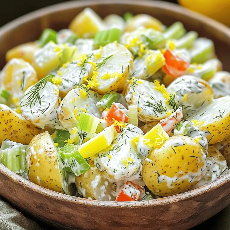 To create a bright and tasty Lemon Dill Potato Salad, you need just a few key items: - 2 pounds baby potatoes, halved - 1/4 cup fresh dill, chopped - 1/3 cup Greek yogurt - 1 lemon, zested and juiced - 2 green onions, thinly sliced - 1 clove garlic, minced - Salt and pepper to taste - 1/4 cup celery, finely diced - 1/4 cup red bell pepper, finely diced These ingredients form the base of your salad, making it fresh and flavorful. The baby potatoes give a nice texture. The dill and lemon bring bright, zesty notes that make your taste buds dance. You can customize your salad with some optional ingredients: - 2 tablespoons mayonnaise (for creaminess) - Additional vegetables like diced cucumbers or radishes Adding mayonnaise can make the salad creamier. If you want to add more crunch, diced cucumbers or radishes work great too. Choose what you like best! To prepare this salad, you will need a few simple tools: - Cooking pot (for boiling potatoes) - Mixing bowls (for combining ingredients) - Whisk (for mixing dressing) Having these tools ready will make your cooking process smooth and easy. With just a pot and some bowls, you can whip up this delicious dish in no time. For the full recipe, check [Full Recipe]. First, take 2 pounds of baby potatoes and cut them in half. Place them in a large pot. Cover the potatoes with cold water and add a pinch of salt. Bring the water to a boil over high heat. Once it boils, reduce the heat to medium-low. Let the potatoes cook for 15 to 20 minutes. You want them tender, so check with a fork. Once done, drain the potatoes and let them cool a bit. Then, transfer them to a large mixing bowl. Next, we will make the dressing. In a small bowl, add 1/3 cup of Greek yogurt. If you like, you can also add 2 tablespoons of mayonnaise. Then, zest and juice 1 lemon and add that to the bowl. Add in 1 clove of minced garlic, salt, and pepper to taste. Whisk everything together until smooth and creamy. This dressing will bring great flavor to your salad. Now it's time to mix it all together. Pour the dressing over the warm potatoes in the large bowl. Next, add 1/4 cup of chopped fresh dill, 2 sliced green onions, 1/4 cup of finely diced celery, and 1/4 cup of finely diced red bell pepper. Gently fold everything together until the potatoes are well coated with the dressing. Taste it and adjust the seasoning if needed. Chill the potato salad in the refrigerator for at least 30 minutes. This chill time helps the flavors blend. For the full recipe, check out the section above. For a great potato salad, use baby potatoes. They are tender and sweet. I love using Yukon Gold or red potatoes. These types hold their shape well after cooking. You can try other varieties, but these work best for salads. Their creamy texture adds to the dish's richness. Chill time is key for flavor. After mixing the salad, let it sit in the fridge. I suggest chilling it for at least 30 minutes. This allows the flavors to blend nicely. The coldness enhances the taste and makes every bite refreshing. If you skip this step, the salad may taste flat. Balancing flavors is important. Start with salt and pepper, and taste as you go. Add more lemon juice if you want a tangy kick. If you find the salad too sour, a pinch of sugar can help. Trust your taste buds; they guide you in creating the perfect mix. For a fun twist, try adding more dill or a sprinkle of paprika. For the full recipe, check out the [Full Recipe]. {{image_2}} You can make this salad lighter by swapping Greek yogurt for mayonnaise. Greek yogurt adds creaminess without the extra fat. It also boosts protein, making your salad more filling. I love the tangy flavor it brings to the dish. To do this, simply use 1/3 cup of Greek yogurt instead of mayonnaise. This change not only makes it healthier but also keeps the salad fresh and zesty. Want to change up the flavor? You can add other herbs or spices to the mix. Fresh parsley or chives work well and add a nice pop of color. If you like a bit of heat, consider adding a pinch of cayenne pepper. For a Mediterranean twist, try mixing in some oregano or basil. These herbs can elevate the dish and give it a unique taste. Experiment with your favorites to find what you love. Garnishing can make your Lemon Dill Potato Salad even more appealing. Try topping it with a sprinkle of extra dill or some lemon zest. You could also add some sliced radishes for a crunchy texture. This salad pairs well with grilled chicken or fish, making it a great side dish. Serve it on a bed of greens for a lovely presentation. Get creative and make it your own! For the full recipe, check out the details above. To keep your Lemon Dill Potato Salad fresh, place it in an airtight container. Make sure it cools down before sealing. This helps prevent moisture buildup inside. Store it in the fridge for best results. I don't recommend freezing Lemon Dill Potato Salad. The texture of the potatoes can change when frozen. The creamy dressing may separate, which affects the taste. Enjoy the salad fresh instead. In the fridge, Lemon Dill Potato Salad stays fresh for about 3 to 5 days. After that, it may lose its flavor and texture. Always check for any signs of spoilage before eating. Enjoy your delicious salad while it’s at its best! For the complete recipe, check out the [Full Recipe]. You can use several dairy-free alternatives for Greek yogurt. A good choice is coconut yogurt. It has a creamy texture and adds a sweet hint. Almond yogurt can also work well. It gives a nice taste and is lower in calories. If you want a nut-free option, try silken tofu. Blend it until smooth for a great texture. For a tangy flavor, you might like using cashew cream. Just soak cashews in water, blend, and season. Each of these options will change the taste slightly, but they can still create a delicious lemon dill potato salad. Yes, you can make this salad ahead of time! It tastes even better after sitting in the fridge for a while. Prepare the salad and store it in an airtight container. This keeps it fresh and flavors meld perfectly. I recommend making it a few hours before serving, or even the night before. Just remember to give it a good stir before serving. If the salad seems dry, add a dash of lemon juice or a little extra yogurt to bring it back to life. Lemon dill potato salad goes well with many dishes. It pairs nicely with grilled chicken. The bright flavors complement each other. You can also serve it with fish, like salmon. The fresh taste enhances the meal. For a vegetarian option, serve it alongside grilled veggies or a hearty bean burger. It also makes a great side for picnics or barbecues. You can enjoy it with a sandwich or wrap for a tasty lunch. This blog post detailed how to make a tasty Lemon Dill Potato Salad. We covered key ingredients, helpful tools, and step-by-step instructions. I shared tips on choosing potatoes, enhancing flavors, and creative variations. You learned how to store leftovers and the shelf life of the salad. In the end, this dish is simple and great for any meal. Enjoy making it your own and sharing it with family and friends. Your kitchen adventures just got more flavorful!
