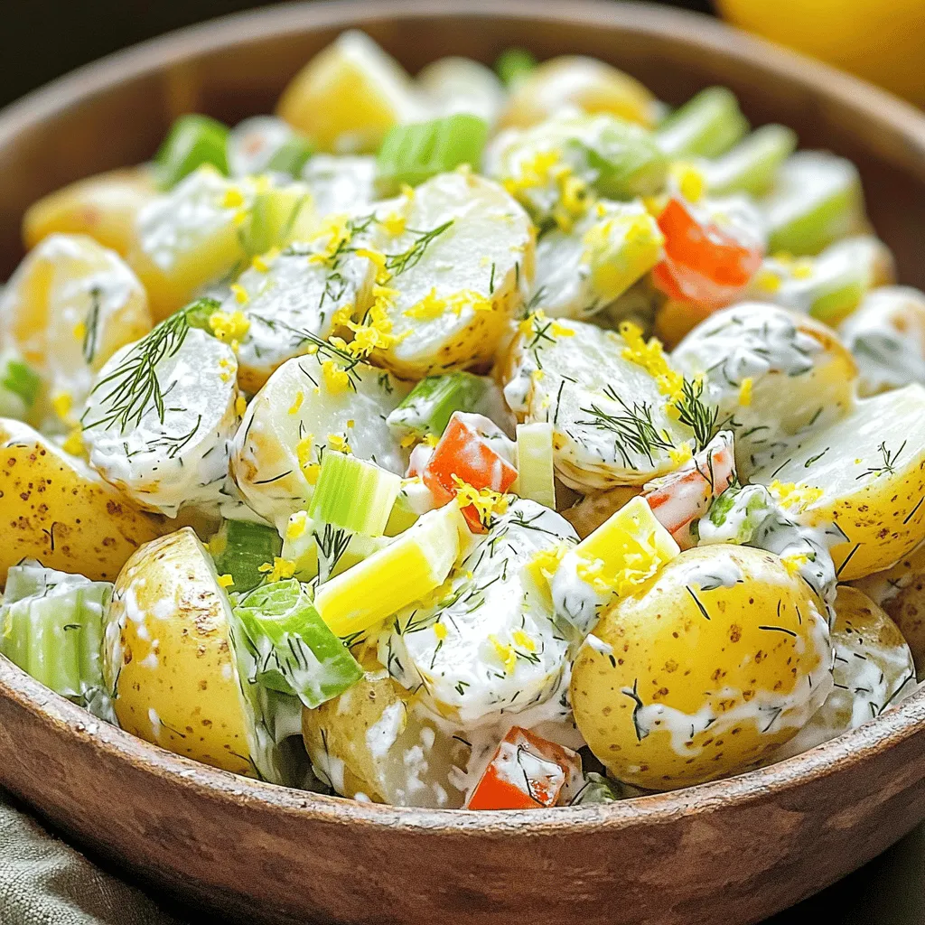 To create a bright and tasty Lemon Dill Potato Salad, you need just a few key items: - 2 pounds baby potatoes, halved - 1/4 cup fresh dill, chopped - 1/3 cup Greek yogurt - 1 lemon, zested and juiced - 2 green onions, thinly sliced - 1 clove garlic, minced - Salt and pepper to taste - 1/4 cup celery, finely diced - 1/4 cup red bell pepper, finely diced These ingredients form the base of your salad, making it fresh and flavorful. The baby potatoes give a nice texture. The dill and lemon bring bright, zesty notes that make your taste buds dance. You can customize your salad with some optional ingredients: - 2 tablespoons mayonnaise (for creaminess) - Additional vegetables like diced cucumbers or radishes Adding mayonnaise can make the salad creamier. If you want to add more crunch, diced cucumbers or radishes work great too. Choose what you like best! To prepare this salad, you will need a few simple tools: - Cooking pot (for boiling potatoes) - Mixing bowls (for combining ingredients) - Whisk (for mixing dressing) Having these tools ready will make your cooking process smooth and easy. With just a pot and some bowls, you can whip up this delicious dish in no time. For the full recipe, check [Full Recipe]. First, take 2 pounds of baby potatoes and cut them in half. Place them in a large pot. Cover the potatoes with cold water and add a pinch of salt. Bring the water to a boil over high heat. Once it boils, reduce the heat to medium-low. Let the potatoes cook for 15 to 20 minutes. You want them tender, so check with a fork. Once done, drain the potatoes and let them cool a bit. Then, transfer them to a large mixing bowl. Next, we will make the dressing. In a small bowl, add 1/3 cup of Greek yogurt. If you like, you can also add 2 tablespoons of mayonnaise. Then, zest and juice 1 lemon and add that to the bowl. Add in 1 clove of minced garlic, salt, and pepper to taste. Whisk everything together until smooth and creamy. This dressing will bring great flavor to your salad. Now it's time to mix it all together. Pour the dressing over the warm potatoes in the large bowl. Next, add 1/4 cup of chopped fresh dill, 2 sliced green onions, 1/4 cup of finely diced celery, and 1/4 cup of finely diced red bell pepper. Gently fold everything together until the potatoes are well coated with the dressing. Taste it and adjust the seasoning if needed. Chill the potato salad in the refrigerator for at least 30 minutes. This chill time helps the flavors blend. For the full recipe, check out the section above. For a great potato salad, use baby potatoes. They are tender and sweet. I love using Yukon Gold or red potatoes. These types hold their shape well after cooking. You can try other varieties, but these work best for salads. Their creamy texture adds to the dish's richness. Chill time is key for flavor. After mixing the salad, let it sit in the fridge. I suggest chilling it for at least 30 minutes. This allows the flavors to blend nicely. The coldness enhances the taste and makes every bite refreshing. If you skip this step, the salad may taste flat. Balancing flavors is important. Start with salt and pepper, and taste as you go. Add more lemon juice if you want a tangy kick. If you find the salad too sour, a pinch of sugar can help. Trust your taste buds; they guide you in creating the perfect mix. For a fun twist, try adding more dill or a sprinkle of paprika. For the full recipe, check out the [Full Recipe]. {{image_2}} You can make this salad lighter by swapping Greek yogurt for mayonnaise. Greek yogurt adds creaminess without the extra fat. It also boosts protein, making your salad more filling. I love the tangy flavor it brings to the dish. To do this, simply use 1/3 cup of Greek yogurt instead of mayonnaise. This change not only makes it healthier but also keeps the salad fresh and zesty. Want to change up the flavor? You can add other herbs or spices to the mix. Fresh parsley or chives work well and add a nice pop of color. If you like a bit of heat, consider adding a pinch of cayenne pepper. For a Mediterranean twist, try mixing in some oregano or basil. These herbs can elevate the dish and give it a unique taste. Experiment with your favorites to find what you love. Garnishing can make your Lemon Dill Potato Salad even more appealing. Try topping it with a sprinkle of extra dill or some lemon zest. You could also add some sliced radishes for a crunchy texture. This salad pairs well with grilled chicken or fish, making it a great side dish. Serve it on a bed of greens for a lovely presentation. Get creative and make it your own! For the full recipe, check out the details above. To keep your Lemon Dill Potato Salad fresh, place it in an airtight container. Make sure it cools down before sealing. This helps prevent moisture buildup inside. Store it in the fridge for best results. I don't recommend freezing Lemon Dill Potato Salad. The texture of the potatoes can change when frozen. The creamy dressing may separate, which affects the taste. Enjoy the salad fresh instead. In the fridge, Lemon Dill Potato Salad stays fresh for about 3 to 5 days. After that, it may lose its flavor and texture. Always check for any signs of spoilage before eating. Enjoy your delicious salad while it’s at its best! For the complete recipe, check out the [Full Recipe]. You can use several dairy-free alternatives for Greek yogurt. A good choice is coconut yogurt. It has a creamy texture and adds a sweet hint. Almond yogurt can also work well. It gives a nice taste and is lower in calories. If you want a nut-free option, try silken tofu. Blend it until smooth for a great texture. For a tangy flavor, you might like using cashew cream. Just soak cashews in water, blend, and season. Each of these options will change the taste slightly, but they can still create a delicious lemon dill potato salad. Yes, you can make this salad ahead of time! It tastes even better after sitting in the fridge for a while. Prepare the salad and store it in an airtight container. This keeps it fresh and flavors meld perfectly. I recommend making it a few hours before serving, or even the night before. Just remember to give it a good stir before serving. If the salad seems dry, add a dash of lemon juice or a little extra yogurt to bring it back to life. Lemon dill potato salad goes well with many dishes. It pairs nicely with grilled chicken. The bright flavors complement each other. You can also serve it with fish, like salmon. The fresh taste enhances the meal. For a vegetarian option, serve it alongside grilled veggies or a hearty bean burger. It also makes a great side for picnics or barbecues. You can enjoy it with a sandwich or wrap for a tasty lunch. This blog post detailed how to make a tasty Lemon Dill Potato Salad. We covered key ingredients, helpful tools, and step-by-step instructions. I shared tips on choosing potatoes, enhancing flavors, and creative variations. You learned how to store leftovers and the shelf life of the salad. In the end, this dish is simple and great for any meal. Enjoy making it your own and sharing it with family and friends. Your kitchen adventures just got more flavorful!