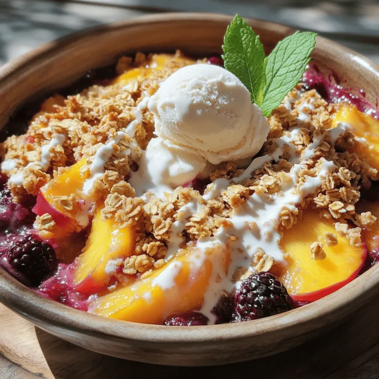 - 4 large ripe peaches, peeled and sliced - 1 cup mixed berries (strawberries, blueberries, raspberries) - 1/4 cup granulated sugar - 1 tablespoon lemon juice - 1 teaspoon cinnamon - 1 cup rolled oats - 1/2 cup all-purpose flour - 1/2 cup brown sugar, packed - 1/2 cup unsalted butter, melted - 1/4 teaspoon salt In this recipe, the fresh fruit brings a burst of flavor. Choose peaches that feel firm yet slightly soft. This will guarantee a sweet taste. The mixed berries add color and tang. You can use any berries you love. For sweeteners, I use granulated sugar to balance the tartness of the fruit. The lemon juice brightens the flavors, making each bite pop. Cinnamon adds warmth and depth, enhancing the overall taste. The topping is where the magic happens. Rolled oats provide a nice crunch. The all-purpose flour helps bind everything together. Brown sugar gives extra sweetness and a hint of caramel flavor. Melting the butter allows the topping to crisp up nicely. A pinch of salt brings all the flavors together. For a detailed guide, refer to the Full Recipe. This simple dessert can easily wow your guests! - Preheat your oven to 350°F (175°C). - In a large mixing bowl, combine sliced peaches and mixed berries. Start by setting your oven to warm up. This step is key for a crispy topping. Next, slice your ripe peaches and mix them with your berries. You can use strawberries, blueberries, or raspberries. This combo gives a sweet and tangy flavor. - Add granulated sugar, lemon juice, and cinnamon. Gently toss to coat the fruit evenly. Now, add granulated sugar, lemon juice, and cinnamon to your fruit mix. These ingredients make the fruit sweet and zesty. Toss everything gently, so the fruit gets coated evenly. This step ensures every bite is flavorful. - In a separate bowl, mix rolled oats, all-purpose flour, brown sugar, melted butter, and salt until crumbly. In another bowl, combine rolled oats, all-purpose flour, brown sugar, melted butter, and salt. Mix these until they become crumbly. This topping adds a delicious crunch to your crisp. - Transfer the fruit mixture to a greased 9x13-inch baking dish and spread it out evenly. - Evenly sprinkle the oat mixture over the fruit layer in the baking dish. - Bake for 30-35 minutes or until the topping is golden brown and the fruit is bubbly. Pour your fruit mix into a greased 9x13-inch baking dish. Spread it out to make sure it cooks evenly. Next, sprinkle your oat topping over the fruit layer. Bake for 30 to 35 minutes. Look for a golden brown topping and bubbly fruit. That’s when you know it’s ready. To get the full recipe, check out the [Full Recipe]. Enjoy making this sweet treat! To achieve the best Peach and Berry Crisp, I have a few tips for you. - Use ripe but firm peaches for best texture. They should be sweet and slightly soft but not mushy. - Adjust sugar based on the sweetness of your fruit. Taste your peaches and berries first. If they are sweet, use less sugar. If they are tart, add a bit more. Serving your crisp can elevate the dish even further. - Serve warm with a scoop of vanilla ice cream. The cold ice cream melts into the warm crisp, creating a delicious mix. - Garnish with fresh mint leaves for added color. The mint adds a nice touch and a fresh taste. Sometimes, things don’t go as planned in the kitchen. Here are some tips to avoid common issues. - How to avoid a soggy base? Ensure fruit is not overly juicy. Drain any excess liquid after mixing. - How to keep topping crunchy? Mix in nuts or coconut. This adds texture and flavor to the topping. For more details on making this delightful dessert, check the Full Recipe. {{image_2}} You can easily change the fruit in your Peach and Berry Crisp. Swap peaches for nectarines or plums for a new twist. Both fruits have a similar texture and taste, making them great substitutes. If you want a berry explosion, use only berries. A mixed berry crisp with strawberries, blueberries, and raspberries is a delightful choice. Each berry adds its own flavor and sweetness, making this option a favorite among berry lovers. If you need a gluten-free version, don’t worry! You can substitute all-purpose flour with almond flour or a gluten-free flour blend. Both options work well and keep the crisp delicious. Almond flour adds a nice nutty flavor, while the gluten-free blend will bring the right texture. Just be sure to check that your oats are certified gluten-free. To make your crisp even better, consider adding vanilla extract or nutmeg. A splash of vanilla adds warmth and richness to the dish. Nutmeg gives a cozy flavor that pairs well with fruits. If you want an extra kick, try adding a bit of ginger. This spice adds a unique twist and enhances the overall taste. Each of these enhancements brings new life to your Peach and Berry Crisp, making it a delightful treat. For the full recipe, check out the details above! Store your Peach and Berry Crisp in an airtight container. It will keep well in the refrigerator for up to 3 days. This way, you can enjoy it later without losing any flavor. To reheat, preheat your oven to 350°F. Place the crisp in the oven and heat until warmed through. This helps keep the topping crisp and the fruit warm. You can freeze your Peach and Berry Crisp before baking. Wrap it tightly and store it in the freezer for up to 3 months. When you are ready to bake, just cook it straight from frozen. You may need to increase the baking time to ensure it cooks evenly. This method makes it easy to enjoy this dessert anytime! Yes, you can prepare the filling and topping separately and combine before baking. This way, you save time when guests arrive. Just store each part in the fridge. When you're ready, mix them together and bake. Yes, frozen fruit works well but may require a longer baking time. Frozen fruit can add extra juice during baking. Keep an eye on it so the topping doesn't burn. If needed, bake for 5-10 more minutes. Try serving it with whipped cream, yogurt, or a drizzle of caramel sauce. Each option adds a tasty layer. A scoop of ice cream makes it even more special. You can also add fresh mint leaves for color. Peeling is optional; leaving the skin on adds flavor and texture. The skin gives a nice bite and boosts nutrients. If you prefer a softer dish, go ahead and peel them. It's all about what you like! You can now make a delicious Peach and Berry Crisp with fresh fruit and simple toppings. Follow the steps to create the sweet, crunchy treat. Use tips to ensure perfect texture and explore variations to mix things up. You can also store and reheat leftovers easily. This dessert is great warm or cold, and it pairs well with ice cream or yogurt. Enjoy your baking adventure and savor each bite!