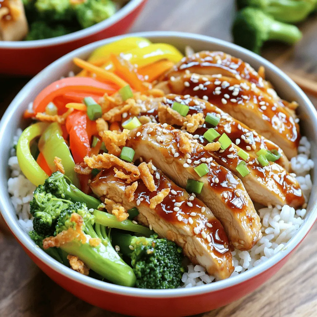 - 2 chicken breasts, sliced into thin strips - 1/4 cup soy sauce (low sodium) - 2 tablespoons honey - 1 tablespoon rice vinegar - 1 teaspoon sesame oil - 1 tablespoon ginger, minced - 2 cloves garlic, minced - 1 cup jasmine rice - 2 cups water or chicken broth - 1 cup broccoli florets - 1 bell pepper, sliced (red or yellow) - 1 carrot, julienned - 2 green onions, sliced for garnish - Sesame seeds for garnish The heart of a teriyaki chicken bowl is the chicken and sauce. Thin chicken strips soak in a mix of soy sauce, honey, and ginger. This rich marinade gives the chicken its sweet and savory flavor. Don't forget the vegetables! Broccoli, bell peppers, and carrots not only add color but also bring crunch. They balance the tenderness of the chicken. The jasmine rice acts as a fluffy base, soaking up all the tasty sauce. - Types of sesame seeds: You can use white or black sesame seeds. Both add a nice crunch. - Alternatives for soy sauce: Try tamari for a gluten-free option. Coconut aminos also work well for a lighter taste. - Additional garnishes: Fresh cilantro or sliced radishes can enhance flavor and look. Mixing in these optional ingredients can make your dish even more special. They allow you to customize your bowls based on what you like or what you have at home. - Essential kitchen tools: You need a cutting board, knife, and mixing bowl for prep. - Recommended cookware: A large skillet works best for cooking the chicken and veggies. - Measuring utensils: Use measuring cups and spoons for accuracy when adding ingredients. Having the right tools makes cooking easier and more fun. You can focus on making each part of the dish shine. For the best results, measure carefully and keep your workspace tidy. For the complete cooking process, check out the Full Recipe, and get ready to enjoy a delicious teriyaki chicken bowl! To make the marinade, mix soy sauce, honey, rice vinegar, sesame oil, minced ginger, and minced garlic in a bowl. Whisk it well until smooth. Then, add the sliced chicken and coat it evenly. Let the chicken marinate for at least 30 minutes. If you have time, marinate it for up to 2 hours in the fridge. This makes the chicken more flavorful. For the best jasmine rice, rinse it under cold water until the water runs clear. This step removes extra starch and helps the rice stay fluffy. In a medium saucepan, bring 2 cups of water or chicken broth to a boil. Add the rinsed rice and reduce the heat to low. Cover the pot and let it simmer for about 15-18 minutes. The liquid should absorb fully. After cooking, let the rice sit covered for 5 extra minutes to finish steaming. Use a large skillet for sautéing vegetables. Start by adding a splash of water or a little oil over medium heat. Add broccoli florets, sliced bell pepper, and julienned carrot. Sauté these for about 4-5 minutes. You want them tender but still bright and fresh. Once done, take them out and set aside. In the same skillet, add the marinated chicken and the marinade. Cook over medium-high heat. Stir occasionally until the chicken is fully cooked and slightly caramelized, about 6-8 minutes. To ensure it's done, check that the chicken reaches an internal temperature of 165°F (75°C). This step is crucial for safety. Now, fluff the cooked rice and divide it into serving bowls. Layer the sautéed vegetables and the teriyaki chicken on top. For extra flavor and a nice look, sprinkle sliced green onions and sesame seeds on each bowl. This adds color and crunch. You can serve the bowls with a slice of lime for an extra zesty kick. Enjoy your meal! To achieve caramelization, cook the chicken in a hot skillet. This helps the sugars in the marinade brown nicely. Stir the chicken only occasionally. This allows it to develop a good sear. If the flavors seem off, tweak the marinade. Add more honey for sweetness or soy sauce for saltiness. A splash of rice vinegar can bring balance. Always taste as you go to find the right mix. Use bright, contrasting bowls for serving. White or black bowls work well to show off the colorful food. You can also add a slice of lime on the side for a zesty touch. For garnishing, sprinkle sliced green onions and sesame seeds on top. This adds color and texture to your dish. A few cilantro leaves can also enhance visual appeal. Meal prepping helps save time. You can marinate the chicken a day before. Cook the rice in bulk and store it in the fridge. Just reheat it when ready to serve. Using leftover ingredients is smart. If you have extra veggies from another meal, add them to your teriyaki bowl. This reduces waste and adds variety to your dish. {{image_2}} If you want gluten-free teriyaki chicken bowls, use coconut aminos instead of soy sauce. This swap gives a similar taste without gluten. You can also use tamari, which is a gluten-free soy sauce. For a vegan option, replace the chicken with tofu or chickpeas. Make sure to marinate them just like the chicken. Both options will still taste great! You can enhance your teriyaki chicken bowls in many ways. Try adding pineapple chunks for a sweet twist. In some parts of Japan, they use local vegetables like daikon or shiso. You can also swap jasmine rice for sushi rice or brown rice. These changes can give your dish a unique flavor and texture. Adding spices or herbs can elevate your dish. Try sprinkling sesame seeds or crushed red pepper for a kick. Fresh herbs like cilantro or basil add freshness. You can also drizzle sesame oil or chili sauce on top for extra flavor. These small changes can make a big impact on your teriyaki chicken bowls. For the full recipe, check out Savory Teriyaki Chicken Bowls. To keep your teriyaki chicken bowls fresh, store them in airtight containers. This helps prevent odors from mixing. You should refrigerate them within two hours of cooking. Properly stored, they last for about three to four days in the fridge. If you used cooked chicken, its shelf life is similar. Vegetables like broccoli and bell peppers are best used within this time frame to stay fresh. When you’re ready to enjoy your leftovers, heat them gently. You can use a microwave or a stovetop. If using a microwave, place the bowl on medium heat for two to three minutes. Stir halfway through to ensure even heating. On the stovetop, use low heat and stir often. This helps keep the chicken juicy and the vegetables crisp. Adding a splash of water can help maintain moisture. You can freeze the cooked teriyaki chicken bowls. However, it's best to freeze the chicken and rice separately from the vegetables. Cooked rice can be frozen for up to six months. When freezing, make sure to use freezer-safe bags or containers. To thaw, place the frozen items in the fridge overnight. For quicker results, you can use the microwave on the defrost setting. This ensures they heat evenly without losing flavor or texture. Teriyaki chicken bowls combine simple, fresh ingredients. Key components include: - Chicken breasts, sliced into thin strips - Low-sodium soy sauce - Honey for sweetness - Rice vinegar for tang - Sesame oil for richness - Ginger and garlic, minced for flavor - Jasmine rice as the base - Fresh vegetables like broccoli, bell peppers, and carrots These ingredients come together to create a balanced meal with protein, carbs, and veggies. Yes, you can meal prep teriyaki bowls. Here are some tips: - Marinate the chicken the night before. - Cook the rice and store it in the fridge. - Sauté the vegetables just before serving to keep them crisp. - Assemble the bowls in advance but keep the sauce separate until serving. This way, you save time and enjoy fresh flavors. To reduce saltiness in teriyaki chicken, try these methods: - Use low-sodium soy sauce for less salt. - Dilute the marinade with water or broth. - Add more honey or sugar to balance the flavors. - Increase the amount of vegetables to dilute the sauce. These changes help you enjoy the dish without too much salt. Many sides complement teriyaki chicken bowls. Consider: - Steamed edamame for a protein boost - Cucumber salad for crunch - Miso soup for warmth - Pickled vegetables for tang These sides enhance the meal and add variety to your plate. For detailed instructions, check out the Savory Teriyaki Chicken Bowls recipe. It offers step-by-step guidance to help you create this delicious dish. You now have all the tools to create tasty teriyaki chicken bowls. We covered main and optional ingredients, and essential tools. I shared simple steps for marinating chicken and cooking rice and veggies. With these tips and tricks, you can present your dish beautifully and save time. Consider dietary needs and try variations for different tastes. Store leftovers properly and reheat them to keep flavors bright. Enjoy making and sharing delicious teriyaki bowls with friends and family. Dive into cooking with confidence!