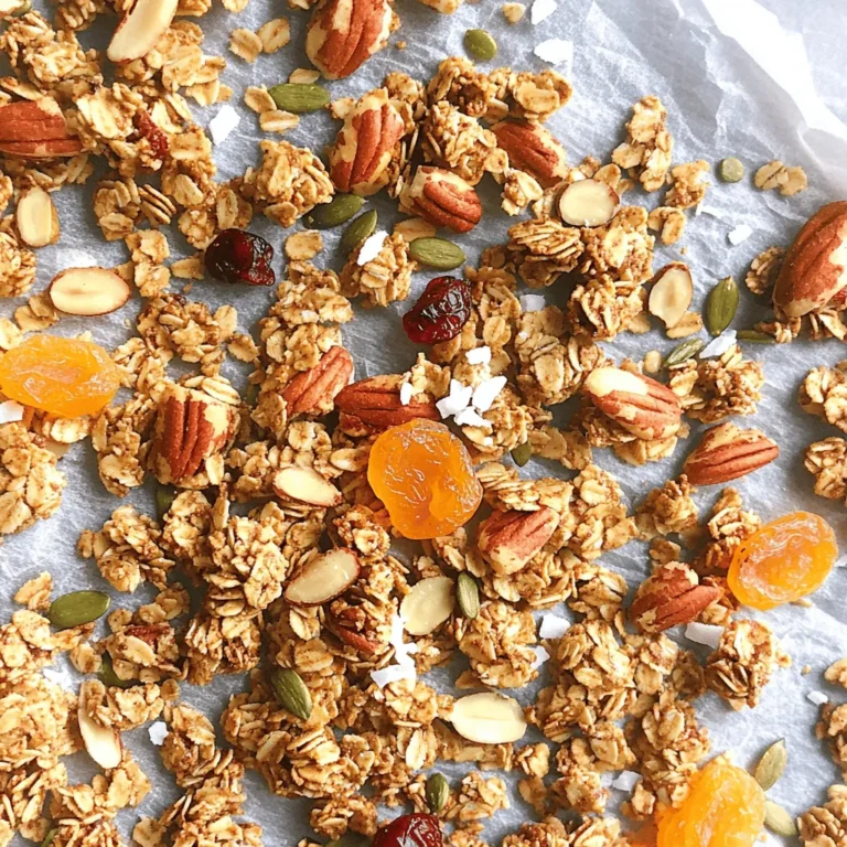 To make delicious chai spiced granola, you need a mix of oats, nuts, seeds, and spices. This recipe combines warm flavors from chai spices with crunchy oats. You can enjoy it as a snack, breakfast, or topping for yogurt. Here is the full recipe. - 3 cups rolled oats - 1 cup nuts (almonds, pecans, or walnuts) chopped - 1/2 cup seeds (pumpkin seeds and sunflower seeds mixed) - 1/2 cup unsweetened coconut flakes - 1/2 cup honey or maple syrup - 1/4 cup coconut oil, melted - 1 teaspoon vanilla extract - 2 teaspoons ground cinnamon - 1 teaspoon ground ginger - 1/2 teaspoon ground cardamom - 1/4 teaspoon ground black pepper - 1/4 teaspoon ground cloves - 1/4 teaspoon sea salt - 1/2 cup dried fruit (raisins, cranberries, or apricots) added after baking Chai spices are not just tasty; they offer great health benefits too. Here are a few: - Cinnamon helps to lower blood sugar and has anti-inflammatory properties. - Ginger aids digestion and can reduce nausea. - Cardamom supports heart health and can help with bad breath. - Black pepper may boost metabolism and improve nutrient absorption. - Cloves have antioxidants and may help with inflammation. Using these spices in your granola makes it both tasty and healthy! First, gather all your ingredients. You need rolled oats, nuts, seeds, and coconut flakes. In a large bowl, mix the oats, chopped nuts, pumpkin seeds, sunflower seeds, and coconut flakes. This mix gives your granola a great base. In another bowl, whisk honey or maple syrup, melted coconut oil, and vanilla extract until it is smooth. Then, pour this mixture over the dry ingredients. Toss it all together to coat everything well. Next, take a small bowl to mix your spices. Combine ground cinnamon, ginger, cardamom, black pepper, cloves, and sea salt. Sprinkle this spice mix over your granola mixture. Make sure to stir well, so every bite has flavor. Now, preheat your oven to 350°F (175°C). Line a large baking sheet with parchment paper. Spread the granola mixture evenly on the sheet. Bake for 20 to 25 minutes. Stir the granola halfway through baking. This helps it brown evenly. Keep an eye on it, so it turns golden brown but does not burn. Once the granola is done baking, take it out and let it cool completely on the baking sheet. This cooling step is key for crunchiness. After it cools, mix in your choice of dried fruit, like raisins or cranberries. Store your granola in an airtight container. It stays fresh and tasty for weeks. Enjoy your homemade chai spiced granola! For the full recipe, check out the ingredients listed above. To get that perfect crunch in your chai spiced granola, use rolled oats. They hold up well during baking. Mix in a good amount of nuts and seeds too. They add texture and flavor. Be sure to spread the granola evenly on the baking sheet. If it’s too thick, it won't bake well. Stir it halfway through baking. This helps it brown evenly and prevents burning. You can adjust the sweetness of your granola easily. Use honey for a rich taste or maple syrup for a lighter flavor. Start with 1/2 cup, then taste it. If you love it sweeter, add a bit more. You can also mix in dried fruits, like raisins or cranberries, for extra sweetness. Just remember to add them after baking. This keeps them chewy and fresh. Mixing your ingredients well is key. In a large bowl, combine oats, nuts, seeds, and coconut flakes first. This ensures even distribution of flavors. In another bowl, whisk together the wet ingredients until smooth. Pour it over the dry mix and fold gently. Then, sprinkle in your spices. This way, every bite will be packed with flavor. For the best results, make sure everything is coated evenly. You want to taste those chai spices in every crunch! For the full recipe, check out the detailed steps above. {{image_2}} If you want a nut-free granola, skip the nuts. You can use extra seeds instead. Sunflower seeds and pumpkin seeds work well. They add crunch and protein. You can also add puffed rice for more texture. This way, you keep the taste great without nuts. Honey and maple syrup are great, but there are other options. Agave nectar and brown rice syrup are good choices too. You can even use mashed bananas for a fruity touch. Just remember, each sweetener changes the flavor a bit. So, try them out and see what you like best! Want to change up your granola? Try adding different flavors! You can mix in some cocoa powder for a chocolate twist. Or, add dried coconut for extra sweetness. Another fun idea is to toss in spices like nutmeg or turmeric. They bring new tastes and health benefits. You can really make this granola your own with these add-ins. For the complete recipe, check out the Full Recipe link! To keep your chai spiced granola fresh, store it in an airtight container. This will help lock in flavor and crunch. Glass jars work great, but plastic containers are fine too. Make sure the container is dry before filling it. A cool, dark place like a pantry or cupboard is best. Avoid direct sunlight and heat, as they can affect taste. When stored properly, your granola can last up to two weeks. For the best flavor and texture, eat it within the first week. If you notice any soft spots or a change in smell, it’s time to toss it. Always check for signs of spoilage, like moisture or clumps. Keeping it cool and dry helps maintain its freshness. If you want to store granola for a longer time, freezing is a good option. Place your granola in a freezer-safe bag or container. Remove as much air as possible before sealing. It can last up to three months in the freezer. When you want to use it, thaw it in the fridge overnight. This keeps it crunchy and tasty. Enjoy your chai spiced granola whenever you want! To make your Chai Spiced Granola crunchier, focus on the baking time and temperature. Bake it longer, but watch closely to avoid burning. Stir it halfway through to ensure even baking. Let it cool completely on the baking sheet; this helps it crisp up. You can also add an extra tablespoon of coconut oil. This will help coat the oats and nuts, adding to the crunch. Yes, you can use different nuts! Almonds, pecans, or walnuts work well. If you prefer, try hazelnuts or macadamia nuts for a unique taste. Just chop them up into smaller pieces for even distribution. This adds flavor and texture to the granola. Feel free to mix and match based on your preference. You can find pre-made Chai Spiced Granola in many grocery stores. Look in the cereal aisle or health food section. Online stores also offer various brands. Check websites like Amazon or specialty food sites. However, making it at home gives you more control over the ingredients and taste. For a great homemade option, see the Full Recipe. In this blog post, we explored how to make delicious Chai Spiced Granola. We started with the ingredients and their health benefits. Then, we walked through the preparation and baking steps. I shared tips to perfect your granola and offered fun variations. Lastly, I provided storage advice to keep your granola fresh. With these insights, you can enjoy a tasty snack that's good for you. Get creative and make this recipe your own! Happy baking!