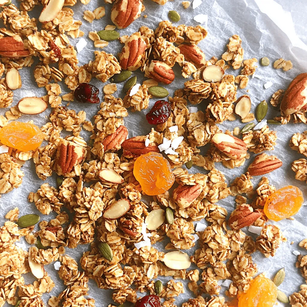 To make delicious chai spiced granola, you need a mix of oats, nuts, seeds, and spices. This recipe combines warm flavors from chai spices with crunchy oats. You can enjoy it as a snack, breakfast, or topping for yogurt. Here is the full recipe. - 3 cups rolled oats - 1 cup nuts (almonds, pecans, or walnuts) chopped - 1/2 cup seeds (pumpkin seeds and sunflower seeds mixed) - 1/2 cup unsweetened coconut flakes - 1/2 cup honey or maple syrup - 1/4 cup coconut oil, melted - 1 teaspoon vanilla extract - 2 teaspoons ground cinnamon - 1 teaspoon ground ginger - 1/2 teaspoon ground cardamom - 1/4 teaspoon ground black pepper - 1/4 teaspoon ground cloves - 1/4 teaspoon sea salt - 1/2 cup dried fruit (raisins, cranberries, or apricots) added after baking Chai spices are not just tasty; they offer great health benefits too. Here are a few: - Cinnamon helps to lower blood sugar and has anti-inflammatory properties. - Ginger aids digestion and can reduce nausea. - Cardamom supports heart health and can help with bad breath. - Black pepper may boost metabolism and improve nutrient absorption. - Cloves have antioxidants and may help with inflammation. Using these spices in your granola makes it both tasty and healthy! First, gather all your ingredients. You need rolled oats, nuts, seeds, and coconut flakes. In a large bowl, mix the oats, chopped nuts, pumpkin seeds, sunflower seeds, and coconut flakes. This mix gives your granola a great base. In another bowl, whisk honey or maple syrup, melted coconut oil, and vanilla extract until it is smooth. Then, pour this mixture over the dry ingredients. Toss it all together to coat everything well. Next, take a small bowl to mix your spices. Combine ground cinnamon, ginger, cardamom, black pepper, cloves, and sea salt. Sprinkle this spice mix over your granola mixture. Make sure to stir well, so every bite has flavor. Now, preheat your oven to 350°F (175°C). Line a large baking sheet with parchment paper. Spread the granola mixture evenly on the sheet. Bake for 20 to 25 minutes. Stir the granola halfway through baking. This helps it brown evenly. Keep an eye on it, so it turns golden brown but does not burn. Once the granola is done baking, take it out and let it cool completely on the baking sheet. This cooling step is key for crunchiness. After it cools, mix in your choice of dried fruit, like raisins or cranberries. Store your granola in an airtight container. It stays fresh and tasty for weeks. Enjoy your homemade chai spiced granola! For the full recipe, check out the ingredients listed above. To get that perfect crunch in your chai spiced granola, use rolled oats. They hold up well during baking. Mix in a good amount of nuts and seeds too. They add texture and flavor. Be sure to spread the granola evenly on the baking sheet. If it’s too thick, it won't bake well. Stir it halfway through baking. This helps it brown evenly and prevents burning. You can adjust the sweetness of your granola easily. Use honey for a rich taste or maple syrup for a lighter flavor. Start with 1/2 cup, then taste it. If you love it sweeter, add a bit more. You can also mix in dried fruits, like raisins or cranberries, for extra sweetness. Just remember to add them after baking. This keeps them chewy and fresh. Mixing your ingredients well is key. In a large bowl, combine oats, nuts, seeds, and coconut flakes first. This ensures even distribution of flavors. In another bowl, whisk together the wet ingredients until smooth. Pour it over the dry mix and fold gently. Then, sprinkle in your spices. This way, every bite will be packed with flavor. For the best results, make sure everything is coated evenly. You want to taste those chai spices in every crunch! For the full recipe, check out the detailed steps above. {{image_2}} If you want a nut-free granola, skip the nuts. You can use extra seeds instead. Sunflower seeds and pumpkin seeds work well. They add crunch and protein. You can also add puffed rice for more texture. This way, you keep the taste great without nuts. Honey and maple syrup are great, but there are other options. Agave nectar and brown rice syrup are good choices too. You can even use mashed bananas for a fruity touch. Just remember, each sweetener changes the flavor a bit. So, try them out and see what you like best! Want to change up your granola? Try adding different flavors! You can mix in some cocoa powder for a chocolate twist. Or, add dried coconut for extra sweetness. Another fun idea is to toss in spices like nutmeg or turmeric. They bring new tastes and health benefits. You can really make this granola your own with these add-ins. For the complete recipe, check out the Full Recipe link! To keep your chai spiced granola fresh, store it in an airtight container. This will help lock in flavor and crunch. Glass jars work great, but plastic containers are fine too. Make sure the container is dry before filling it. A cool, dark place like a pantry or cupboard is best. Avoid direct sunlight and heat, as they can affect taste. When stored properly, your granola can last up to two weeks. For the best flavor and texture, eat it within the first week. If you notice any soft spots or a change in smell, it’s time to toss it. Always check for signs of spoilage, like moisture or clumps. Keeping it cool and dry helps maintain its freshness. If you want to store granola for a longer time, freezing is a good option. Place your granola in a freezer-safe bag or container. Remove as much air as possible before sealing. It can last up to three months in the freezer. When you want to use it, thaw it in the fridge overnight. This keeps it crunchy and tasty. Enjoy your chai spiced granola whenever you want! To make your Chai Spiced Granola crunchier, focus on the baking time and temperature. Bake it longer, but watch closely to avoid burning. Stir it halfway through to ensure even baking. Let it cool completely on the baking sheet; this helps it crisp up. You can also add an extra tablespoon of coconut oil. This will help coat the oats and nuts, adding to the crunch. Yes, you can use different nuts! Almonds, pecans, or walnuts work well. If you prefer, try hazelnuts or macadamia nuts for a unique taste. Just chop them up into smaller pieces for even distribution. This adds flavor and texture to the granola. Feel free to mix and match based on your preference. You can find pre-made Chai Spiced Granola in many grocery stores. Look in the cereal aisle or health food section. Online stores also offer various brands. Check websites like Amazon or specialty food sites. However, making it at home gives you more control over the ingredients and taste. For a great homemade option, see the Full Recipe. In this blog post, we explored how to make delicious Chai Spiced Granola. We started with the ingredients and their health benefits. Then, we walked through the preparation and baking steps. I shared tips to perfect your granola and offered fun variations. Lastly, I provided storage advice to keep your granola fresh. With these insights, you can enjoy a tasty snack that's good for you. Get creative and make this recipe your own! Happy baking!