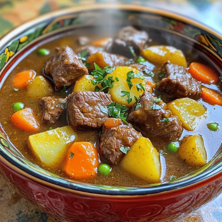 - 2 lbs beef chuck, cut into 1-inch cubes - 2 tablespoons olive oil - 1 large onion, chopped - 3 cloves garlic, minced - 4 medium carrots, sliced - 3 medium potatoes, peeled and diced - 1 cup green peas (frozen is fine) - 4 cups beef broth - 2 tablespoons tomato paste - 2 teaspoons dried thyme - 1 teaspoon smoked paprika - Salt and pepper to taste - Fresh parsley for garnish The key to a great beef stew is using the right ingredients. I choose beef chuck for its rich flavor and tenderness. It cooks well in the Instant Pot, giving you that melt-in-your-mouth goodness. The olive oil helps to brown the beef, adding depth to the stew. Onions and garlic are my go-to aromatics. They create a base of flavor that makes the stew sing. Carrots and potatoes bring sweetness and heartiness. I love adding peas for a pop of color and extra nutrients. - You can use brisket or round cuts of beef. They also work well and bring unique flavors. - Feel free to swap in other veggies like parsnips or turnips. - For a low-sodium option, use low-sodium beef broth. It keeps the dish tasty while reducing salt. Using fresh vegetables usually gives better flavor and texture. However, frozen veggies can save time and work just as well. If you use frozen peas, add them at the end to keep them bright and tender. When using frozen carrots or potatoes, they may need a bit more cooking time. Just adjust the pressure cooking time if you want them softer. - Cubing beef and vegetable cutting Cut your beef chuck into 1-inch cubes. This size ensures even cooking. Next, chop your onion and mince the garlic. Slice the carrots and dice the potatoes. Having all your ingredients ready makes cooking easier. - Sautéing tips for better browning Set your Instant Pot to Sauté mode. Add the olive oil and let it heat up. Season the beef cubes with salt and pepper before adding them. Brown the beef well, about 5-7 minutes. This step adds flavor to your stew. After browning, take the beef out and set it aside. - How to set the Instant Pot correctly After sautéing, add the onion and garlic to the pot. Cook for 2-3 minutes until the onion is soft. Then, add carrots, potatoes, thyme, and smoked paprika. Stir everything together. - Pressure cooking settings explained Next, deglaze the pot by stirring in the tomato paste. Pour in the beef broth and scrape the bottom. This prevents burning. Return the browned beef to the pot. Seal the lid and set the Instant Pot to Manual mode for 35 minutes. Ensure the pressure valve is set to Sealing. - Adding ingredients at the right time When the cooking time is up, let the pressure release naturally for 10 minutes. Then switch the valve to Venting to release any leftover pressure. After that, stir in the green peas. - Tips for achieving the perfect consistency If you want a thicker stew, blend a small portion and mix it back in. This trick gives your stew a nice, hearty texture. Ladle the stew into bowls and garnish with fresh parsley for a pop of color. For the complete recipe, check out the Full Recipe section. To make your beef stew great, start with browning the meat well. This step adds deep flavor. Use a hot pot and add olive oil before the beef. Don’t crowd the pot; it will not brown nicely. Let it cook for about 5-7 minutes on each side. If you want more taste, herbs are your friend. Add thyme and smoked paprika to bring out rich notes. Fresh herbs can also add a bright flavor. Toss in some parsley before serving for a fresh touch. Sometimes, your stew may turn out too thin. To fix this, you can blend a small part of the stew. This thickens it while keeping all the flavors. If you find your stew too salty, add diced potatoes. They soak up the saltiness. Cook them for a bit until tender, then remove them before serving. Want to save time? Prep your ingredients the night before. Chop your veggies and cube the beef ahead of time. Store them in the fridge to keep them fresh. After cooking, if your stew is too hot, cool it quickly. Place the pot in a sink filled with ice water for fast cooling. This trick helps keep your stew safe to eat later. For the full recipe, check out the entire guide to make this dish your own! {{image_2}} You can change the taste of your stew easily. Try adding red wine or beer. These drinks bring a deep richness. They also add a nice depth to the flavor. Just replace a cup of beef broth with wine or beer. You can also try exotic spices like cumin. Cumin adds a warm, earthy taste. A little goes a long way, so start small. Need a gluten-free option? Use gluten-free beef broth. This simple swap keeps your stew safe for all diets. You can also make a vegan version. Replace beef with mushrooms or lentils. Use vegetable broth instead of beef broth. This gives you a hearty, filling dish without meat. Adding seasonal veggies can change your stew. In summer, use zucchini or bell peppers. These fresh vegetables brighten up the dish. In winter, stick to root veggies like parsnips or turnips. They add warmth and comfort. Don't forget to pair your stew with fresh herbs. Parsley or thyme can really lift the flavors. Enjoy experimenting with what you have! For the complete recipe, check out the Full Recipe. To keep your beef stew fresh, use airtight containers. Glass or plastic containers work well. Let the stew cool down to room temperature first. This helps prevent moisture build-up inside the container. Store leftovers in the fridge for up to three days. When reheating stew, the stove is best. Pour the stew into a pot and heat it on medium. Stir often to ensure even heating. You can also use a microwave. Place the stew in a microwave-safe bowl. Heat in short bursts, stirring in between. Make sure it reaches 165°F to stay safe. To freeze beef stew, let it cool completely. Then, transfer it to freezer-safe containers or bags. Remove as much air as possible to prevent freezer burn. Label the containers with the date. When ready to eat, thaw the stew overnight in the fridge. Reheat it on the stove or microwave before serving. For the full recipe, check out the details above. Cooking beef stew in the Instant Pot takes about one hour. You need 20 minutes for prep and 35 minutes for cooking. After cooking, let the pressure release naturally for 10 minutes. This method speeds up the process while keeping the meat tender. Yes, you can use different cuts of beef. Options like brisket, round, or even sirloin work well. Choose cuts that have some fat for better flavor and tenderness. Chuck is ideal, but don't hesitate to experiment with your favorite cuts. Preparing beef stew without browning the meat is possible, but it may affect flavor. Browning adds depth and richness. If you skip this step, your stew might taste less complex. I highly recommend browning for the best results. Beef stew pairs well with many sides. Consider serving it with crusty bread or rice for a filling meal. Mashed potatoes bring a creamy texture that complements the stew. A simple green salad adds freshness and crunch. The beef is tender when it breaks apart easily with a fork. It should not feel tough or chewy. After cooking, check a piece to ensure it’s soft. Properly cooked beef should melt in your mouth, creating a comforting stew experience. This blog post covered how to make a delicious beef stew. We discussed the key ingredients, cooking steps, and tips for perfect results. Now, you have options for ingredient substitutions and flavor variations. I shared storage tips to keep your stew fresh and even answered common questions. Beef stew is versatile and can suit many tastes. Enjoy experimenting with flavors while making this classic dish. With practice, you’ll master the art of stew-making!