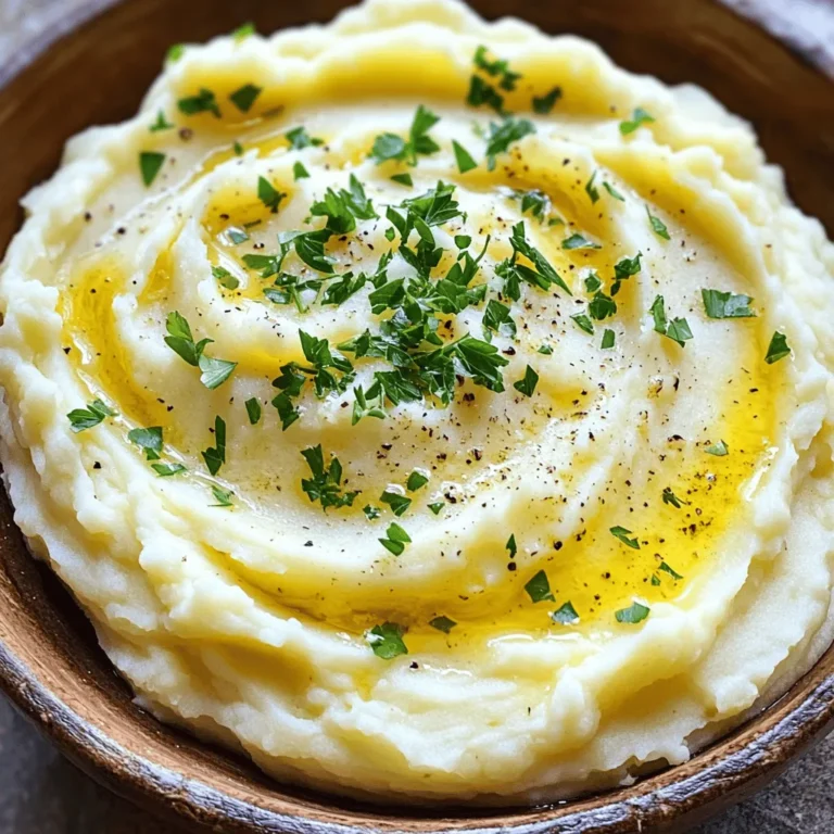 - 2 pounds russet potatoes, peeled and cut into chunks - 4 cloves garlic, minced - ½ cup unsalted butter - 1 cup heavy cream - 1 cup grated Parmesan cheese - Salt and pepper to taste - 2 tablespoons fresh parsley, chopped (for garnish) - Optional: ½ teaspoon garlic powder for extra flavor Gather these ingredients before you start cooking. Fresh russet potatoes work best for a smooth texture. The garlic adds a rich flavor that makes these mashed potatoes stand out. Use unsalted butter and heavy cream for the best creaminess. Grate your Parmesan cheese fresh. It melts better and tastes richer. Salt and pepper will enhance all the flavors. The fresh parsley at the end adds a nice pop of color. If you love garlic, you can add garlic powder for a stronger taste. This list covers everything you need for the perfect garlic Parmesan mashed potatoes. Check out the Full Recipe for more details on preparation and cooking tips! First, peel and cut the potatoes into chunks. Place them in a large pot and cover with cold water. Add a pinch of salt to enhance flavor. Next, bring the water to a boil over medium-high heat. Once boiling, reduce the heat to medium-low. Cook the potatoes until they are tender, which takes about 15 to 20 minutes. To check for doneness, poke a piece with a fork. If it slides off easily, they are ready. While the potatoes cook, let’s prepare the garlic. In a small saucepan, melt a half cup of unsalted butter over medium heat. Once the butter is melted, add the minced garlic. Sauté the garlic until it becomes fragrant, about 1 to 2 minutes. Be careful not to burn it, as burnt garlic can taste bitter. Remove the pan from the heat and set it aside. After draining the boiled potatoes, return them to the pot. Pour in the garlic butter mixture, heavy cream, and grated Parmesan cheese. Now, it’s time to mash! Use a potato masher for a rustic texture or an electric mixer for a very smooth finish. If you like some texture, mash them less. Season with salt and pepper to taste. If you want an extra kick, consider adding half a teaspoon of garlic powder. Mix everything well to achieve the perfect creamy comfort food. For the complete recipe, check the Full Recipe. To get that perfect texture in your mashed potatoes, I suggest using a potato masher instead of an electric mixer. A masher gives you more control over how smooth or chunky your potatoes turn out. If you prefer a creamy mash, you can use the mixer, but be careful not to over-mix. Over-mixing can make your potatoes gluey. Cooking time can vary depending on the size of your potato chunks. Smaller pieces cook faster, while larger chunks take longer. Aim for about 15-20 minutes of boiling. Check if they’re done by poking a piece with a fork. If it slides off easily, they are ready! Seasoning is key to delicious mashed potatoes. You can add herbs like rosemary or thyme for a fresh taste. A little garlic powder can boost the garlic flavor, too. Don’t be afraid to experiment with spices. Choosing the right potatoes also matters. I recommend using russet potatoes for their fluffy texture. Yukon Golds are another great option for a creamier finish. Each type brings its own unique flavor and texture to the dish. You can prepare garlic Parmesan mashed potatoes in advance. Simply cook and mash them, then store in the fridge. Keep them in an airtight container to maintain freshness. When it’s time to serve, reheat in a pot over low heat. Stir in a bit of extra cream or butter to keep them creamy. You can also microwave them, but add a splash of milk to avoid drying out. For the full recipe, check out the Garlic Bliss Parmesan Mashed Potatoes. {{image_2}} You can add herbs to your garlic Parmesan mashed potatoes for new flavors. Rosemary and thyme work well together. Just chop a bit and mix it in while mashing. Chives also make a great addition. They add a fresh taste and a pop of color. You can sprinkle them on top for that extra flair. If you want to switch things up, try different cheeses. Cheddar adds a sharp taste that is delightful. Cream cheese gives a smooth, rich texture. You can also mix in other hard cheeses, like Gruyère or Pecorino. Each cheese will change the flavor and make your dish unique. For a vegan version, use plant-based butter and cream. This way, you keep the creaminess without dairy. Just make sure to check labels for gluten-free options. Many plant-based products are also gluten-free. So, you can enjoy these mashed potatoes, no matter your diet! To keep your garlic Parmesan mashed potatoes fresh, use airtight containers. Glass or plastic containers work well. Make sure to let the potatoes cool before sealing them. If you plan to freeze them, portion out the mashed potatoes into smaller containers. This makes it easy to reheat just what you need. The best way to reheat mashed potatoes is on the stove. Place them in a saucepan over low heat. Add a splash of heavy cream or milk to help restore creaminess. Stir frequently to avoid burning. You can also use a microwave, but be careful not to overheat them. Heat in short bursts and stir in between. Leftovers can last in the fridge for up to three days. If you freeze them, they can stay fresh for about two months. Just remember to label your containers with the date. This helps you keep track of how long they’ve been stored. Enjoy your creamy comfort food anytime! Yes, you can use other potatoes. Yukon Gold potatoes are a great choice. They are creamy and buttery, adding a rich taste. Red potatoes work too, giving a firmer texture. Mixing different types can create unique flavors and textures. Just remember, starchy potatoes like russets yield the fluffiest mash. The key to creamy mashed potatoes lies in the right ingredients and technique. Use heavy cream for richness and unsalted butter for a smooth finish. Warm the cream before mixing it in. This helps the potatoes absorb it better. Mash them while still hot for the best texture. Avoid over-mixing, as it can make them gluey. Yes, you can make these mashed potatoes in advance. Store them in an airtight container in the fridge for up to three days. To reheat, warm them gently on the stove or in the oven. Add a splash of cream to bring back their creamy texture. Stir well before serving to ensure even heat. These mashed potatoes are versatile and pair well with many dishes. They complement roasted chicken, beef stew, or grilled steak perfectly. You can also serve them with sautéed greens or a fresh salad. Their rich flavor enhances any meal, making them a favorite side dish. For a cozy dinner, serve with your favorite protein and enjoy! In this post, we explored how to make creamy garlic Parmesan mashed potatoes. We covered every step, from selecting the right ingredients to achieving the perfect texture. You discovered tips for storing and reheating leftovers, plus variations to suit your taste. These mashed potatoes are sure to impress at any meal. Use fresh herbs or different cheeses for unique flavors. Enjoy experimenting and sharing this delicious dish with others.