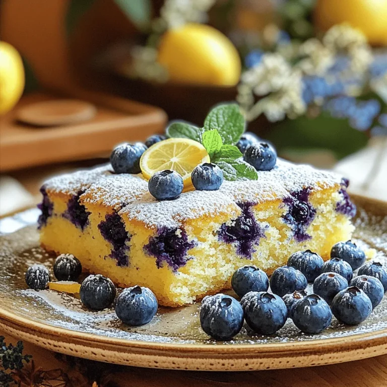 To make this delicious Blueberry Lemon Breakfast Cake, gather the following ingredients: - 1 ½ cups all-purpose flour - 1 teaspoon baking powder - ½ teaspoon baking soda - ¼ teaspoon salt - ½ cup unsalted butter, softened - 1 cup granulated sugar - 2 large eggs - 1 teaspoon vanilla extract - Zest of 1 lemon - ½ cup buttermilk - 1 ½ cups fresh blueberries - 2 tablespoons lemon juice - Powdered sugar for dusting (optional) These ingredients blend together to create a moist, tasty cake with a bright lemon flavor and juicy blueberries. The butter brings richness, while the buttermilk adds a lovely tang. The zest of the lemon adds freshness that wakes up your taste buds. Each bite offers a perfect balance of sweet and tart. You can always use the [Full Recipe] to guide you through the process. Preparing this cake is easy, and the ingredients are simple to find. So, let’s get ready to bake! To start, preheat your oven to 350°F (175°C). This step is crucial for even baking. While the oven heats, grease and flour a 9-inch round cake pan. You can also line it with parchment paper for easy removal. Next, gather your dry ingredients. In a medium bowl, whisk together 1 ½ cups of all-purpose flour, 1 teaspoon baking powder, ½ teaspoon baking soda, and ¼ teaspoon salt. This mix helps the cake rise and taste great. Now, it’s time to cream the butter and sugar. In a large bowl, use a mixer to beat ½ cup of softened unsalted butter with 1 cup of granulated sugar. Mix on medium speed until the mixture is light and fluffy, about 3-5 minutes. Once your butter and sugar are ready, it’s time to add the eggs. Beat in 2 large eggs, one at a time. Make sure to mix well after each egg. Next, add in 1 teaspoon of vanilla extract and the zest of 1 lemon. The zest gives a bright flavor and aroma. For the final assembly, alternate adding the dry flour mix and ½ cup of buttermilk into the butter mixture. Start and end with the flour. Mix until just combined. Be careful not to overmix, as this can make the cake tough. Now, gently fold in 1 ½ cups of fresh blueberries. Try not to burst them, as they add moisture and flavor. Pour the batter into your prepared cake pan and smooth the top with a spatula. Finally, bake the cake for 30-35 minutes. To check if it’s done, insert a toothpick into the center; it should come out clean. Let the cake cool in the pan for 10 minutes before transferring it to a wire rack. Drizzle 2 tablespoons of lemon juice over the top and dust with powdered sugar if you like. This cake is a sweet and simple treat that will delight your mornings. For the complete recipe, refer to the Full Recipe section. Avoiding Overmixing When you mix your batter, stop as soon as it comes together. Overmixing can make your cake tough. Stir gently when adding the blueberries. This helps keep them whole and juicy. Ensuring Even Baking To bake evenly, use an oven thermometer. This ensures your oven heats to the right temperature. Place your cake in the center of the oven for the best results. Rotate the cake halfway through baking for even heat. Serving Suggestions Serve slices of your blueberry lemon cake on colorful plates. This adds a nice pop to your table. Pair it with a cup of tea or coffee for a delightful breakfast treat. Garnishing Options For a beautiful finish, dust the top with powdered sugar. Add fresh blueberries and a mint sprig for color. This simple touch makes your cake look fancy. Cake Too Dense If your cake is dense, you may have overmixed the batter or used too much flour. Be sure to measure accurately. Use a spoon to fill your measuring cup, then level off with a knife. Blueberries Sinking To keep blueberries from sinking, toss them in a bit of flour before adding them to the batter. This helps them stay suspended as the cake bakes. Remember to fold them in gently! {{image_2}} You can change the flavor of your Blueberry Lemon Breakfast Cake easily. For a fun twist, try adding different fruits. Raspberries, strawberries, or peaches can bring a fresh taste. Each fruit adds its own charm and sweetness. Just make sure to adjust the amount so the batter stays balanced. Another great idea is experimenting with citrus zest. You can mix in lime or orange zest for a unique flavor. This adds a bright kick that pairs well with blueberries. The zest brings out the natural sweetness of the cake, making it even more delicious. If you need gluten-free options, you can substitute the all-purpose flour with a gluten-free blend. Look for blends that work well in baking. These blends often have a mix of rice flour, potato starch, and tapioca flour. This change keeps the texture light and fluffy. For vegan substitutes, replace the eggs with flaxseed meal. Mix one tablespoon of flaxseed meal with two and a half tablespoons of water. Let it sit for a few minutes until it thickens. You can also use plant-based butter instead of regular butter. These changes help keep the cake tasty while meeting your dietary needs. When it comes to serving, try different frosting ideas. A simple lemon glaze can add a sweet and tart flavor. Or you can use cream cheese frosting for a rich twist. Both options enhance the cake's taste and presentation. You can also pair the cake with sauces. A berry compote can add a fruity kick. Drizzling some honey or maple syrup on top creates a sweet finish. These simple additions make your breakfast cake even more special and enjoyable. If you want to see the full recipe, check out the details above. You can store your Blueberry Lemon Breakfast Cake at room temperature. Place it in an airtight container. It will stay fresh for about three days. If you want to keep it longer, consider refrigerating it. Just wrap it in plastic wrap first. If you want to enjoy the cake later, freezing is a great option. Cut the cake into slices and wrap each slice tightly in plastic wrap. Then, place the slices in a freezer bag. This way, they can last for up to three months. For the thawing process, move a slice from the freezer to the fridge. Let it thaw overnight. You can also thaw it at room temperature for about an hour. This keeps the cake moist and tasty. How long does it last? At room temperature, the cake lasts about three days. In the fridge, it can last up to a week. If you freeze it, aim to eat it within three months for the best taste. These simple storage tips will help you enjoy your Blueberry Lemon Breakfast Cake at its best! For the full recipe, check out the earlier section. How do I make my cake fluffier? To make your cake fluffier, use room temperature butter. Cream it well with sugar until light and airy. Also, avoid overmixing once you add flour. This keeps air in the batter. Can I use frozen blueberries instead? Yes, you can use frozen blueberries. Just toss them in flour before adding to the batter. This helps them stay suspended and not sink while baking. What can I substitute for buttermilk? You can make a quick substitute for buttermilk. Mix ½ cup of milk with 1 tablespoon of vinegar or lemon juice. Let it sit for five minutes, and it's ready to use. What is the ideal baking time for this recipe? The ideal baking time is 30 to 35 minutes. Always check for doneness with a toothpick. Insert it into the center; it should come out clean. How can I test if the cake is done? To test if your cake is done, use a toothpick or a knife. Insert it into the center. If it comes out clean or with a few crumbs, your cake is ready. Can I replace butter with oil? Yes, you can replace butter with oil. Use about ¾ of the amount of butter in oil. This will keep your cake moist but change the flavor slightly. What can I use instead of eggs in the recipe? For eggs, use a flaxseed meal. Mix 1 tablespoon of ground flaxseed with 2.5 tablespoons of water. Let it sit for five minutes before adding it to the batter. This post covered the key steps to bake a delicious blueberry lemon cake. You learned about essential ingredients, mixing techniques, and common baking tips. I shared ways to tweak the recipe for different diets and tastes. Storing your cake properly ensures it stays fresh longer. Remember, baking is fun and allows creativity. Experiment with flavors and let your cake be a joy for all. Happy baking!
