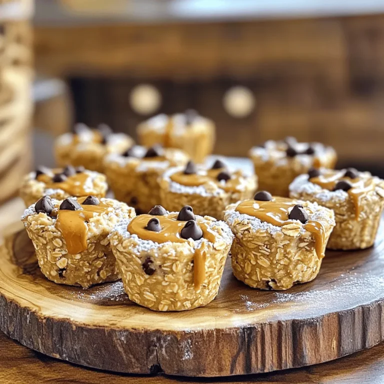 - 2 cups rolled oats - 1 cup unsweetened apple sauce - 1/2 cup creamy peanut butter - 1/4 cup honey (or maple syrup for a vegan option) - 1 teaspoon vanilla extract - 1 teaspoon baking powder - 1/4 teaspoon salt - 1/2 cup chocolate chips or dried fruit (optional) When I create Peanut Butter Oatmeal Cups, I choose my ingredients carefully. Each one plays a key role in flavor and texture. Rolled oats provide a hearty base. They make the cups chewy yet satisfying. Unsweetened apple sauce adds moisture without extra sugar. It keeps the cups light and soft. Creamy peanut butter gives a rich taste and smooth texture. Honey or maple syrup sweetens the mixture naturally. Vanilla extract brightens the flavor, while baking powder helps them rise. A pinch of salt enhances all the flavors. You can also customize these cups. Adding chocolate chips brings a sweet surprise. Dried fruit adds chewiness and bursts of flavor. - Vegan alternatives: Use maple syrup instead of honey. - Gluten-free options: Choose certified gluten-free rolled oats. - Sweetener choices: You can use agave syrup or coconut sugar as a sweetener. These substitutions let anyone enjoy the cups. Whether you follow a vegan diet or need gluten-free options, you can make this recipe work for you. I always encourage experimentation, so feel free to mix and match! For the full recipe, check out the details above. 1. Preheating the oven: Start by preheating your oven to 350°F (175°C). This step ensures even baking for your peanut butter oatmeal cups. 2. Preparing the muffin tin: Lightly grease a muffin tin or line it with paper liners. This makes it easy to remove the cups once they are baked. 1. Combining dry and wet ingredients: In a large bowl, mix 2 cups of rolled oats, 1 teaspoon of baking powder, and 1/4 teaspoon of salt. In another bowl, whisk together 1 cup of unsweetened apple sauce, 1/2 cup of creamy peanut butter, 1/4 cup of honey, and 1 teaspoon of vanilla extract until everything is smooth. Pour the wet mix into the dry mix and stir until combined. 2. Adding optional ingredients: If you want, you can fold in 1/2 cup of chocolate chips or dried fruit at this point. This adds a sweet touch to your cups. 1. Baking time and tips: Spoon the mixture into the prepared muffin tin, filling each cup about 3/4 full. Bake for 15-20 minutes. Check if they are done by inserting a toothpick into the center. If it comes out clean, they’re ready. 2. Cooling process: Once baked, take the cups out and let them cool in the tin for a few minutes. After that, transfer them to a wire rack to cool completely. This step helps them firm up and makes them easy to handle. To avoid dry or crumbly cups, use ripe apple sauce. The moisture in ripe apples helps bind the mixture. Also, do not overbake. Keep an eye on the time and check for doneness at 15 minutes. If the tops feel firm and a toothpick comes out clean, they are ready. For a golden-brown top, make sure your oven is preheated. This step is key to even baking. Brush a little peanut butter on the tops before baking for extra color and flavor. You can serve Peanut Butter Oatmeal Cups warm or at room temperature. They make a great snack at any time of the day. For breakfast, add fresh fruit or yogurt on the side. Pair these cups with milk, coffee, or a smoothie. They also go well with a glass of almond milk for a nutty twist. Enjoy these cups as a healthy treat that fits into your busy life! {{image_2}} You can make these Peanut Butter Oatmeal Cups even more fun with different flavors. Try using chocolate chips or dried fruit. Chocolate chips add sweetness and richness. Dried fruit gives a chewy texture and natural sweetness. You can mix and match to find what you love. You can also use different nut butters. Almond butter or cashew butter work well too. Each nut butter brings its own unique taste. You can even mix peanut butter with almond butter for a blend of flavors. The options are endless! If you need gluten-free options, use gluten-free oats. They have the same great taste and texture. You can enjoy these cups without worry. For those watching sugar, consider using a sugar-free sweetener. You can replace honey with a sugar-free syrup. You can also lower the sugar by using less sweetener. Just remember to adjust the other ingredients slightly. This way, you still get tasty cups without added sugar. Enjoy the freedom to make these cups work for your diet! To keep your Peanut Butter Oatmeal Cups fresh, store them in an airtight container. This helps lock in moisture and flavor. If you plan to eat them within a week, keep them on the countertop. For longer storage, the refrigerator is a great option. Just remember, they may dry out a bit in the fridge, so be sure to cover them well. Freezing is an excellent way to save your Peanut Butter Oatmeal Cups. To freeze them, wrap each cup tightly in plastic wrap or place them in a freezer-safe bag. This prevents freezer burn and keeps them tasty. They can last up to three months in the freezer. When you’re ready to enjoy them, just take out the desired amount. You can reheat them in the microwave for about 20-30 seconds. If you prefer, you can also warm them in the oven at 350°F (175°C) for about 10 minutes. Either way, you'll have a warm, delicious treat ready to enjoy. What are Peanut Butter Oatmeal Cups? Peanut Butter Oatmeal Cups are tasty snacks made with oats, peanut butter, and apple sauce. They are easy to make and packed with flavor. You can enjoy them as a breakfast option or a sweet treat anytime. How long do they last? These cups last about five days when stored in an airtight container. If you keep them in the fridge, they can last even longer, up to a week. Can I make them ahead of time? Yes! You can prepare Peanut Butter Oatmeal Cups ahead of time. Just bake them, let them cool, and store them. This makes for quick snacks or breakfasts on busy days. Caloric content per serving Each Peanut Butter Oatmeal Cup has around 150 calories. This can vary based on add-ins like chocolate chips. Dietary benefits These cups are high in fiber due to the oats. They also provide protein from the peanut butter, making them a filling snack. Plus, they are naturally sweetened with honey or apple sauce. What to do if they don't turn out as expected? If your cups fall apart, they may need more binding. Try adding a bit more peanut butter or apple sauce. If they are too dry, adding a splash of milk can help. How to fix texture issues? For a chewy texture, do not overbake them. Keep an eye on the baking time and remove them when the tops are golden. If they are too dense, consider adding a bit more baking powder. For the full recipe, check out the [Full Recipe]. Peanut Butter Oatmeal Cups are easy to make and tasty. We covered the key ingredients, prep steps, and baking tips. I shared ideas for variations and storage to keep them fresh. Don’t hesitate to try out your own twists on this recipe. Remember, making these cups can be fun, and they are great for snacks. Enjoy your cooking and share your results with friends or family!