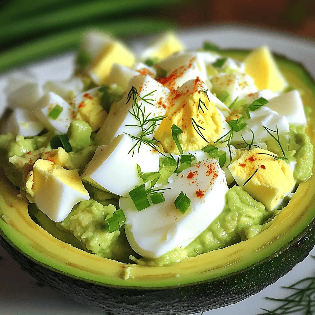 - 4 large hard-boiled eggs - 1 ripe avocado - 2 tablespoons Greek yogurt - 1 teaspoon Dijon mustard - 1 tablespoon fresh lemon juice - 2 tablespoons green onion, finely chopped - 1 tablespoon fresh dill or cilantro, chopped - Salt and pepper to taste - Optional: Red chili flakes For this avocado egg salad, you need a few key ingredients. Start with hard-boiled eggs. They give the salad its base and protein. I love using ripe avocados for creaminess. They add healthy fats and a smooth texture. Greek yogurt is my secret for extra creaminess. It enhances the flavor and keeps things light. Next, we need flavor enhancers. Dijon mustard adds a zesty kick. Fresh lemon juice brightens the dish. It’s a must for balancing flavors. Green onions give a little crunch and fresh flavor. Don’t skip them! Finally, we have seasonings and garnishes. Fresh dill or cilantro adds a pop of color and freshness. Salt and pepper bring everything together. If you want heat, sprinkle in some red chili flakes. You can find the full recipe for this creamy avocado egg delight at the end of this section. Try to use fresh ingredients. They make a big difference in taste. Enjoy making this salad your own with fun twists! To hard-boil eggs perfectly, start by placing them in a pot. Cover them with cold water, about an inch above the eggs. Bring the water to a boil, then cover the pot and remove it from heat. Let the eggs sit for 9 to 12 minutes, depending on how firm you like the yolks. After that, cool them in ice water. This stops the cooking and makes peeling easier. When peeling eggs, start at the wider end where there's usually an air pocket. Gently tap the egg on the counter, then roll it to crack the shell. Peel under cold running water for best results. Now, mash the hard-boiled eggs in a bowl. Use a fork to break them into small pieces. Next, cut the ripe avocado in half. Remove the pit and scoop the flesh into the bowl with the eggs. Mash the avocado until it’s creamy but still has some chunks. This adds great texture to the salad. Add Greek yogurt, Dijon mustard, and lemon juice to the bowl. Mix everything well until combined. The yogurt makes the salad creamy, while the mustard adds a nice kick. Taste the mixture and adjust the flavors. You can add more salt, pepper, or lemon juice to suit your taste. For those who love a bit of spice, sprinkle in red chili flakes for a kick. Serve your avocado egg salad on toasted bread, in a wrap, or on a bed of greens. For a fun twist, serve it in a hollowed avocado shell. This adds flair and makes for a beautiful presentation. Enjoy this creamy and flavorful dish! For the full recipe, check out the details provided above. To make your avocado egg salad shine, try adding spices or herbs. For a twist, you can use: - Garlic powder - Paprika - Cumin These spices bring out the taste. You can also add fresh herbs like basil or parsley for more flavor. If you want crunch, mix in some bell peppers or celery. They add texture and freshness. Pair your avocado egg salad with tasty sides. Some good matches include: - Crispy toast - Whole-grain crackers - Leafy greens For a creative touch, serve the salad in a hollow avocado shell. It looks fun and keeps the dish fresh. You can also garnish with fresh dill or a sprinkle of red chili flakes for a splash of color. Avocados and eggs are packed with nutrition. Avocados provide healthy fats and fiber. They help keep your heart strong. Eggs are full of protein and vitamins. They give you energy and help build muscle. Adding Greek yogurt boosts the health factor. It has probiotics that aid digestion. Plus, it adds creaminess without too many calories. Enjoy this dish knowing it’s both tasty and good for you! For the full recipe, check out the Creamy Avocado Egg Delight 🥑🥚. {{image_2}} You can make your avocado egg salad even heartier. Adding canned tuna or chicken boosts protein. Both options blend well with the creamy texture. For a vegan twist, use chickpeas instead of eggs. Mash them lightly, and mix with avocado for a similar vibe. To change up the taste, try different dressings or sauces. A splash of sriracha adds heat, while ranch dressing gives creaminess. You can also mix in some curry powder for an exotic flavor. For a spicy avocado egg salad, add jalapeños or red chili flakes. This gives it a nice kick! Fresh herbs can change your salad with each season. In spring, use chives for a mild onion flavor. Summer is perfect for basil, adding a sweet touch. In fall, try thyme for warmth. You can also customize with seasonal veggies. Diced tomatoes or cucumbers add crunch and freshness. Each variation makes the dish unique! Feel free to explore these ideas. The full recipe is a great starting point. To keep your avocado egg salad fresh, store it in an airtight container. Make sure it seals well to limit air exposure. You can refrigerate it for up to three days. If you plan to eat it later, cover the surface with plastic wrap to prevent browning. Freezing avocado egg salad is not the best idea. Avocado does not freeze well, and the texture changes. If you must freeze it, use a freezer-safe container. When you thaw, mix it well to bring back some creaminess. Reheat gently in a pan on low heat or in the microwave at a low setting. To tell if your salad has spoiled, look for discoloration or off smells. If it looks brown or has a sour scent, it’s time to toss it. To maximize shelf life, keep it tightly sealed and only scoop out what you need. This way, the remaining salad stays fresh longer. To make your avocado egg salad creamy, start with ripe avocados. Ripe avocados mash easily and provide a smooth texture. Use a fork to blend them with the hard-boiled eggs. I like to leave some chunks for added texture. Adding Greek yogurt helps too. It not only adds creaminess but also boosts the protein content. Use about two tablespoons for a rich taste. Mixing in Dijon mustard also enhances the flavor while keeping the salad smooth. Yes, this avocado egg salad fits a keto diet well. It has low carbs, thanks to the eggs and avocado. Eggs are high in protein and healthy fats. Avocados provide fiber and good fats, making them perfect for keto. The Greek yogurt adds creaminess and protein without many carbs. Just keep track of your serving sizes to stay within your daily carb limit. For serving, many bread options work great. Whole grain or sourdough bread brings a nice flavor. You can also use wraps for a lighter touch. Lettuce wraps offer a low-carb option too. If you want something crunchy, use crackers. They add a nice texture balance to the creamy salad. Feel free to explore different options for a fun twist! In this article, we explored how to make a tasty avocado egg salad. We covered key ingredients like hard-boiled eggs, avocado, and Greek yogurt. You learned the steps to prepare, combine, and adjust flavors to match your taste. We also discussed tips for enhancing flavor and serving ideas. Lastly, we reviewed storage methods for leftovers. Experiment with variations to keep your salad fresh and exciting. Enjoy making this dish as a healthy meal or snack!