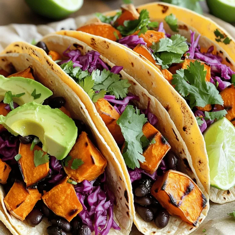 To make sweet potato black bean tacos, you need a few simple ingredients. These ingredients will help you create a tasty and filling meal. Here’s what you need: - Sweet Potatoes Use 2 medium sweet potatoes. Peel and dice them into small cubes. - Black Beans One can (15 oz) of black beans works well. Drain and rinse them before use. - Seasonings and Oils You will need: - 1 tablespoon olive oil - 1 teaspoon cumin - 1 teaspoon smoked paprika - ½ teaspoon garlic powder - ½ teaspoon onion powder - Salt and pepper to taste - Tortillas and Toppings Use 8 small corn tortillas. For toppings, pick: - 1 avocado, sliced - 1 cup red cabbage, shredded - ¼ cup fresh cilantro, chopped - Lime wedges for serving These ingredients combine to create a delicious meal. The sweet potatoes add a nice sweetness, while the black beans give protein and fiber. The spices bring a warm flavor that enhances every bite. For the full recipe, check out the cooking instructions. To start, preheat your oven to 400°F (200°C). Take two medium sweet potatoes, peel them, and dice them into small cubes. In a large bowl, mix the diced sweet potatoes with one tablespoon of olive oil. Add one teaspoon of cumin, one teaspoon of smoked paprika, half a teaspoon of garlic powder, half a teaspoon of onion powder, and salt and pepper to taste. Toss everything well so the sweet potatoes are coated evenly. Spread them on a baking sheet in a single layer. Roast for 25-30 minutes, stirring halfway through. You want them tender and slightly caramelized. While the sweet potatoes roast, grab a small saucepan. Open a can of black beans and drain them. Rinse the beans under cold water and add them to the saucepan. Heat over medium heat until they are warmed through. Stir occasionally, and add salt and pepper to taste. This simple step brings out the rich flavor of the beans. Once your sweet potatoes are done roasting, it's time to assemble the tacos. Warm the corn tortillas in a skillet over medium heat for about 30 seconds on each side. This makes them soft and easy to fold. On each tortilla, layer a spoonful of black beans first. Next, add a generous portion of the roasted sweet potatoes. Top it off with sliced avocado and shredded red cabbage. Sprinkle chopped cilantro on top and finish with a squeeze of fresh lime juice. - Additional Assembly Tips: - Feel free to mix and match toppings to suit your taste. - Add salsa or your favorite hot sauce for extra flavor. - Serve warm with lime wedges on the side for that fresh zest. For the full recipe, check out the detailed instructions above. Enjoy your cooking! Roasting sweet potatoes gives them a nice flavor. Start by cutting them into small, even pieces. This helps them cook evenly. Toss them with olive oil and spices. I love using cumin and smoked paprika for warmth. Spread them out on a baking sheet. Avoid crowding the pan, or they won’t brown. Roast at 400°F (200°C) for about 25-30 minutes. Stir halfway through for a perfect caramelization. These tacos are great for personal choices. You can add more veggies like bell peppers or corn. Try using different beans, too, like pinto or kidney beans. If you want heat, add jalapeños or hot sauce. For a creamy touch, try a yogurt sauce or a tahini drizzle. You can even swap corn tortillas for flour ones if you prefer. Serve these tacos warm for the best taste. I love adding fresh toppings right before serving. Lime wedges add a nice zing. You can also serve them with salsa or guacamole on the side. For a fun twist, pair them with a refreshing salad or a bowl of soup. - Pairing Ideas - Cilantro lime rice - Fresh corn salad - Simple green salad with lemon vinaigrette - Roasted veggies for extra texture Each of these options complements the tacos well. They add variety and make the meal more filling. For more details, check out the Full Recipe. {{image_2}} Sweet potato black bean tacos are naturally vegetarian and vegan. The main components are sweet potatoes and black beans, both plant-based. You can enjoy this meal without animal products. Adding avocado provides healthy fats and a creamy texture. This makes the dish heartier and keeps it vegan-friendly. To make these tacos gluten-free, use corn tortillas. They are naturally gluten-free and pair well with the other flavors. Always check the label to ensure there is no cross-contamination. If you want more crunch, try using lettuce wraps instead of tortillas. This gives you a fresh, crisp bite. Feel free to get creative with toppings! Here are some great ideas: - Diced tomatoes for a fresh burst. - Jalapeños for some heat. - Corn for sweetness and texture. - Sliced radishes for crunch. - Pico de gallo for a fresh, zesty flavor. These toppings add color and make your tacos unique. You can mix and match based on what you like. If you want to change things up, consider these swaps: - Replace black beans with pinto beans or lentils. - Use butternut squash in place of sweet potatoes. - Try different spices, like chili powder or oregano, for new flavors. These variations keep the recipe fun and exciting. You can find more details in the Full Recipe. To store leftover tacos, place them in an airtight container. You can keep them in the fridge for up to three days. Separate the filling from the tortillas to keep them fresh. This way, the tortillas stay soft and do not get soggy. You can freeze the filling for later use. Place the sweet potato and black bean mix in a freezer-safe bag. Make sure to remove as much air as possible before sealing. You can freeze the filling for up to three months. Just remember, do not freeze the tortillas. They do not hold up well in the freezer. When you are ready to eat your tacos again, reheat the filling on the stove. Use low heat and stir often. For the tortillas, warm them in a dry skillet for about 30 seconds on each side. This makes them soft and ready for filling. - Best Practices for Longevity - Store tacos in an airtight container. - Keep tortillas and filling separate. - Reheat gently to avoid drying out. - Use within three days if refrigerated. - Freeze filling for longer storage. Following these tips helps you enjoy your sweet potato black bean tacos even longer. For the full recipe, check the main section above. To make sweet potato black bean tacos, gather your ingredients first. Here’s how to do it: 1. Preheat your oven to 400°F (200°C). 2. Toss diced sweet potatoes with olive oil and spices. 3. Spread them on a baking sheet and roast for about 25-30 minutes. 4. Heat black beans in a saucepan until warm. 5. Warm corn tortillas in a skillet for 30 seconds on each side. 6. Assemble the tacos with black beans, sweet potatoes, avocado, and cabbage. 7. Top with cilantro and lime juice. For exact measurements, check the Full Recipe. Sweet potatoes are rich in vitamins A and C. They have fiber that helps digestion. Black beans provide protein and iron, which support energy. They also have antioxidants that help fight disease. Together, they make a healthy meal. Yes, you can make sweet potato black bean tacos ahead of time. Prepare the sweet potatoes and black beans first. Store them in the fridge for up to three days. When ready to eat, warm them up and assemble the tacos. This saves time on busy days. - Other common questions: - Can I use other beans? Yes, you can use pinto or kidney beans. - What if I don’t have corn tortillas? Flour tortillas work too. - Can I add meat? Yes, shredded chicken or beef can be a tasty addition. This blog post covered all you need to make sweet potato black bean tacos. We explored ingredients, simple steps, and helpful tips. You learned ways to customize your tacos and how to store leftovers. Remember, this dish is versatile and can fit many diets. Enjoy the flavors and make it your own. With practice, you’ll master this tasty meal in no time!