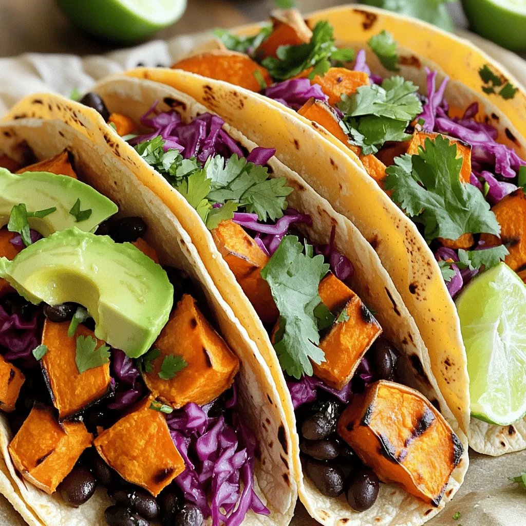 To make sweet potato black bean tacos, you need a few simple ingredients. These ingredients will help you create a tasty and filling meal. Here’s what you need: - Sweet Potatoes Use 2 medium sweet potatoes. Peel and dice them into small cubes. - Black Beans One can (15 oz) of black beans works well. Drain and rinse them before use. - Seasonings and Oils You will need: - 1 tablespoon olive oil - 1 teaspoon cumin - 1 teaspoon smoked paprika - ½ teaspoon garlic powder - ½ teaspoon onion powder - Salt and pepper to taste - Tortillas and Toppings Use 8 small corn tortillas. For toppings, pick: - 1 avocado, sliced - 1 cup red cabbage, shredded - ¼ cup fresh cilantro, chopped - Lime wedges for serving These ingredients combine to create a delicious meal. The sweet potatoes add a nice sweetness, while the black beans give protein and fiber. The spices bring a warm flavor that enhances every bite. For the full recipe, check out the cooking instructions. To start, preheat your oven to 400°F (200°C). Take two medium sweet potatoes, peel them, and dice them into small cubes. In a large bowl, mix the diced sweet potatoes with one tablespoon of olive oil. Add one teaspoon of cumin, one teaspoon of smoked paprika, half a teaspoon of garlic powder, half a teaspoon of onion powder, and salt and pepper to taste. Toss everything well so the sweet potatoes are coated evenly. Spread them on a baking sheet in a single layer. Roast for 25-30 minutes, stirring halfway through. You want them tender and slightly caramelized. While the sweet potatoes roast, grab a small saucepan. Open a can of black beans and drain them. Rinse the beans under cold water and add them to the saucepan. Heat over medium heat until they are warmed through. Stir occasionally, and add salt and pepper to taste. This simple step brings out the rich flavor of the beans. Once your sweet potatoes are done roasting, it's time to assemble the tacos. Warm the corn tortillas in a skillet over medium heat for about 30 seconds on each side. This makes them soft and easy to fold. On each tortilla, layer a spoonful of black beans first. Next, add a generous portion of the roasted sweet potatoes. Top it off with sliced avocado and shredded red cabbage. Sprinkle chopped cilantro on top and finish with a squeeze of fresh lime juice. - Additional Assembly Tips: - Feel free to mix and match toppings to suit your taste. - Add salsa or your favorite hot sauce for extra flavor. - Serve warm with lime wedges on the side for that fresh zest. For the full recipe, check out the detailed instructions above. Enjoy your cooking! Roasting sweet potatoes gives them a nice flavor. Start by cutting them into small, even pieces. This helps them cook evenly. Toss them with olive oil and spices. I love using cumin and smoked paprika for warmth. Spread them out on a baking sheet. Avoid crowding the pan, or they won’t brown. Roast at 400°F (200°C) for about 25-30 minutes. Stir halfway through for a perfect caramelization. These tacos are great for personal choices. You can add more veggies like bell peppers or corn. Try using different beans, too, like pinto or kidney beans. If you want heat, add jalapeños or hot sauce. For a creamy touch, try a yogurt sauce or a tahini drizzle. You can even swap corn tortillas for flour ones if you prefer. Serve these tacos warm for the best taste. I love adding fresh toppings right before serving. Lime wedges add a nice zing. You can also serve them with salsa or guacamole on the side. For a fun twist, pair them with a refreshing salad or a bowl of soup. - Pairing Ideas - Cilantro lime rice - Fresh corn salad - Simple green salad with lemon vinaigrette - Roasted veggies for extra texture Each of these options complements the tacos well. They add variety and make the meal more filling. For more details, check out the Full Recipe. {{image_2}} Sweet potato black bean tacos are naturally vegetarian and vegan. The main components are sweet potatoes and black beans, both plant-based. You can enjoy this meal without animal products. Adding avocado provides healthy fats and a creamy texture. This makes the dish heartier and keeps it vegan-friendly. To make these tacos gluten-free, use corn tortillas. They are naturally gluten-free and pair well with the other flavors. Always check the label to ensure there is no cross-contamination. If you want more crunch, try using lettuce wraps instead of tortillas. This gives you a fresh, crisp bite. Feel free to get creative with toppings! Here are some great ideas: - Diced tomatoes for a fresh burst. - Jalapeños for some heat. - Corn for sweetness and texture. - Sliced radishes for crunch. - Pico de gallo for a fresh, zesty flavor. These toppings add color and make your tacos unique. You can mix and match based on what you like. If you want to change things up, consider these swaps: - Replace black beans with pinto beans or lentils. - Use butternut squash in place of sweet potatoes. - Try different spices, like chili powder or oregano, for new flavors. These variations keep the recipe fun and exciting. You can find more details in the Full Recipe. To store leftover tacos, place them in an airtight container. You can keep them in the fridge for up to three days. Separate the filling from the tortillas to keep them fresh. This way, the tortillas stay soft and do not get soggy. You can freeze the filling for later use. Place the sweet potato and black bean mix in a freezer-safe bag. Make sure to remove as much air as possible before sealing. You can freeze the filling for up to three months. Just remember, do not freeze the tortillas. They do not hold up well in the freezer. When you are ready to eat your tacos again, reheat the filling on the stove. Use low heat and stir often. For the tortillas, warm them in a dry skillet for about 30 seconds on each side. This makes them soft and ready for filling. - Best Practices for Longevity - Store tacos in an airtight container. - Keep tortillas and filling separate. - Reheat gently to avoid drying out. - Use within three days if refrigerated. - Freeze filling for longer storage. Following these tips helps you enjoy your sweet potato black bean tacos even longer. For the full recipe, check the main section above. To make sweet potato black bean tacos, gather your ingredients first. Here’s how to do it: 1. Preheat your oven to 400°F (200°C). 2. Toss diced sweet potatoes with olive oil and spices. 3. Spread them on a baking sheet and roast for about 25-30 minutes. 4. Heat black beans in a saucepan until warm. 5. Warm corn tortillas in a skillet for 30 seconds on each side. 6. Assemble the tacos with black beans, sweet potatoes, avocado, and cabbage. 7. Top with cilantro and lime juice. For exact measurements, check the Full Recipe. Sweet potatoes are rich in vitamins A and C. They have fiber that helps digestion. Black beans provide protein and iron, which support energy. They also have antioxidants that help fight disease. Together, they make a healthy meal. Yes, you can make sweet potato black bean tacos ahead of time. Prepare the sweet potatoes and black beans first. Store them in the fridge for up to three days. When ready to eat, warm them up and assemble the tacos. This saves time on busy days. - Other common questions: - Can I use other beans? Yes, you can use pinto or kidney beans. - What if I don’t have corn tortillas? Flour tortillas work too. - Can I add meat? Yes, shredded chicken or beef can be a tasty addition. This blog post covered all you need to make sweet potato black bean tacos. We explored ingredients, simple steps, and helpful tips. You learned ways to customize your tacos and how to store leftovers. Remember, this dish is versatile and can fit many diets. Enjoy the flavors and make it your own. With practice, you’ll master this tasty meal in no time!