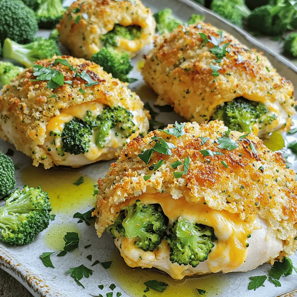 For this cheesy broccoli stuffed chicken, you need the following main items: - 4 boneless, skinless chicken breasts - 1 cup broccoli florets, steamed and chopped - 1 cup shredded cheddar cheese - ½ cup cream cheese, softened - 1 teaspoon garlic powder - 1 teaspoon onion powder - Salt and pepper to taste These ingredients create a tasty filling that makes your meal special. You can add some optional ingredients to boost flavor: - 1 cup breadcrumbs - 2 tablespoons olive oil - Fresh parsley, chopped (for garnish) Adding breadcrumbs gives a nice crunch. Olive oil helps the chicken cook well. Parsley adds a pop of color. To make this dish, gather these tools: - Sharp knife - Mixing bowl - Baking sheet - Shallow dish Having the right tools makes cooking easier and more fun. You can find the full recipe online for more detailed steps. First, gather all your ingredients. You will need: - 4 boneless, skinless chicken breasts - 1 cup broccoli florets, steamed and chopped - 1 cup shredded cheddar cheese - ½ cup cream cheese, softened - 1 teaspoon garlic powder - 1 teaspoon onion powder - Salt and pepper to taste - 1 cup breadcrumbs - 2 tablespoons olive oil - Fresh parsley, chopped (for garnish) Wash the broccoli and steam it until it’s tender. Then, chop it into small pieces. In a mixing bowl, add the broccoli, cheddar cheese, cream cheese, garlic powder, onion powder, salt, and pepper. Mix everything well until it is nice and creamy. Take each chicken breast and lay it flat. Use a sharp knife to slice a pocket in the side. Be careful not to cut all the way through; you want to create a pocket. Next, take a spoonful of the cheesy broccoli mix and stuff it into each pocket. Press it gently to fit more inside. Now it’s time to bake! Preheat your oven to 375°F (190°C). Spread the breadcrumbs on a shallow dish. Then, take each stuffed chicken breast and dip it in olive oil. Coat it well with breadcrumbs. Place the chicken on a greased baking sheet. Bake for 25-30 minutes. Check that the chicken is cooked through and the juices run clear. After baking, let the chicken rest for a few minutes. Finally, garnish with chopped parsley before serving. For more details, check the Full Recipe. To make your cheesy broccoli stuffed chicken perfect, follow these steps: - Use fresh chicken breasts for the best taste. - Make sure to steam the broccoli until it is tender. Chopping it finely helps it fit better. - Mix the cheese and spices well. This ensures every bite is packed with flavor. - When creating the pocket, be careful. Don't cut all the way through the chicken. - Bake the chicken until it reaches 165°F (74°C) for safe eating. A great presentation can make your meal shine. Try these ideas: - Serve the stuffed chicken on a large platter. This gives a nice display. - Drizzle light olive oil over the chicken for a shiny look. - Scatter extra broccoli florets around the chicken. This adds color and makes it look fresh. - Use fresh parsley as a garnish. This adds a pop of green and makes it inviting. Want to boost the flavors? Here are some ideas: - Experiment with different cheeses. Mozzarella, gouda, or feta can be tasty swaps. - Add spices like paprika or cayenne for a kick. This can make the dish more exciting. - Mix in some sun-dried tomatoes or spinach with the cheese. This adds depth and new tastes. - A squeeze of lemon juice before serving brightens the flavors. It gives a fresh finish. For the full recipe, check the details above. Enjoy creating this flavorful dinner delight! {{image_2}} If you want to switch up the cheese, try mozzarella or pepper jack. Both add a nice twist. Cream cheese gives a rich taste, while mozzarella melts beautifully. You can even mix cheeses. Just remember, different cheeses change the flavor and texture. Feel free to get creative with veggies. Spinach or kale works well in this dish. You can also use roasted red peppers for a pop of color. If you want a crunch, try adding some diced bell peppers. The key is to use veggies you enjoy. Chicken is great, but you can use turkey or pork. Each meat brings its own flavor. If you're feeling adventurous, try stuffing the mixture into fish like salmon. It adds a nice twist and cooks quickly. Adjust cooking times based on the protein you choose. For the full recipe, check out the details above. After you make Cheesy Broccoli Stuffed Chicken, let it cool down. Place leftovers in an airtight container. Store them in the fridge for up to three days. When you want to eat it, check for any signs of spoilage first. For longer storage, you can freeze the stuffed chicken. Wrap each piece tightly in plastic wrap. Then place them in a freezer-safe bag or container. You can freeze them for up to three months. Just remember to label the bag with the date. To reheat, you can use the oven or microwave. If using an oven, preheat it to 350°F (175°C). Place the chicken on a baking sheet, and cover it with foil. Bake for about 20 minutes, or until heated through. If you prefer the microwave, place the chicken on a microwave-safe plate. Heat it for 2-3 minutes, checking to ensure it’s warm all the way through. Enjoy your tasty leftovers! You can tell the chicken is done when it reaches 165°F (75°C). Use a meat thermometer to check the thickest part. The juices should run clear, not pink. If you see any pink, keep cooking until it’s fully done. Cooking time is about 25-30 minutes in the oven. Yes, you can prepare this dish ahead of time. Stuff the chicken breasts and store them in the fridge for up to 24 hours. Just cover them tightly to keep them fresh. When ready to cook, bake as directed. You may need to add a few minutes to the cooking time if they are cold. This dish pairs well with many sides. Consider serving it with: - Rice or quinoa for a filling base - Roasted vegetables for extra color and flavor - A fresh salad for a light touch - Garlic bread for a comforting addition These options will enhance your meal and make it even more enjoyable. For the full recipe, check the earlier section. In this blog post, we explored how to make delicious stuffed chicken. We covered key ingredients, step-by-step instructions, and helpful tips. I shared how to choose the right cheese and veggies. You also learned about smart storage and reheating tips. Make this dish your own by trying different flavors and ingredients. You’ll impress your family and friends with your cooking skills. Enjoy making your cheesy broccoli stuffed chicken!