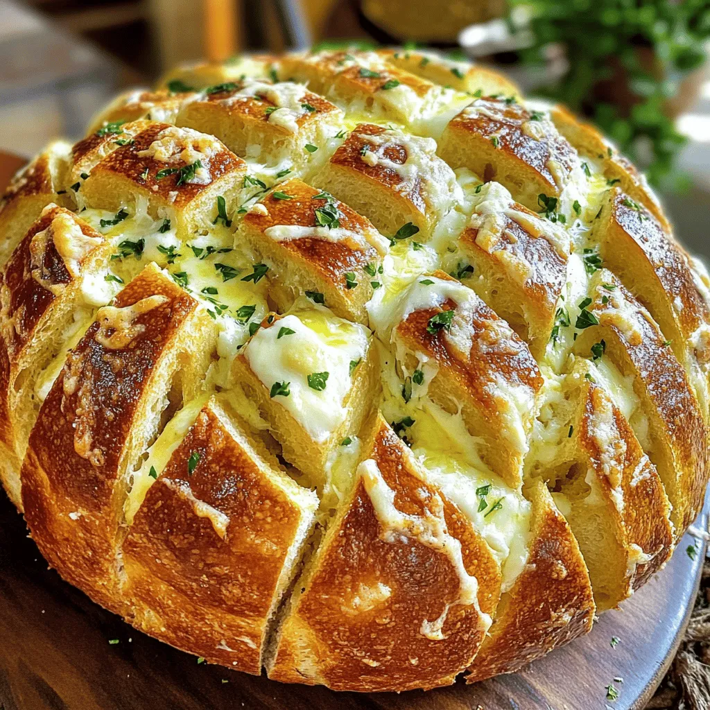 For the best cheesy garlic pull apart bread, you need: - 1 large round loaf of sourdough bread - 1/2 cup unsalted butter, melted - 4 cloves garlic, minced - 1 cup shredded mozzarella cheese - 1/2 cup grated Parmesan cheese These main ingredients form the heart of your dish. Sourdough bread gives a lovely texture. The melted butter adds richness. Garlic infuses flavor, while the cheeses provide that gooey stretch we all love. To enhance your bread, gather these: - 1 tablespoon fresh parsley, chopped - 1 teaspoon garlic powder - Salt and pepper to taste Fresh parsley adds color and a bright flavor. Garlic powder boosts the garlic taste. Don’t forget salt and pepper. They help balance the dish and make all the flavors pop. You will also need some tools for easy cooking: - Aluminum foil - Baking sheet - Brush or spoon The aluminum foil helps trap heat during baking. A baking sheet catches any drips. A brush or spoon ensures you spread the garlic butter evenly. For the full recipe, check out the detailed steps to make this tasty dish! 1. Preheating the oven Start by setting your oven to 350°F (175°C). This warm temperature helps the cheese melt perfectly. 2. Cutting the bread Take the large round sourdough loaf. Carefully cut it into a grid. Make cuts about 1 inch apart. Remember, do not cut all the way through. You want the base of the loaf to stay intact. 1. Making the garlic butter mixture In a small bowl, mix 1/2 cup melted unsalted butter with 4 minced garlic cloves. Add 1 teaspoon garlic powder, salt, and pepper to taste. Stir it well until combined. 2. Stuffing the bread with cheese Grab a brush or spoon. Generously drizzle the garlic butter into the cuts of the bread. Make sure to get some deep into those cuts. Next, pack shredded mozzarella and grated Parmesan cheese into each cut. Press down gently to fit as much cheese as you can. 1. Wrapping in foil Take a piece of aluminum foil. Wrap the bread loosely, making sure it is fully covered. Place it on a baking sheet to catch any drips. 2. Baking time and tips Bake the bread in the preheated oven for 15-20 minutes. Check to see if the cheese is melted and bubbly. For a crispy top, remove the foil for the last 5 minutes of baking. When it's done, let it cool slightly before serving. This delicious cheesy bread is now ready for you and your guests! For the complete process, check the Full Recipe. To get the best texture in your Cheesy Garlic Pull Apart Bread, start by cutting the bread. Use a sharp knife to make deep cuts in a grid pattern. Each cut should be about one inch apart. Make sure you don’t cut all the way through the bottom. This keeps the loaf together, which helps when pulling it apart later. Next, ensure even cheese distribution. After cutting, stuff each slice with cheese. Use a mix of mozzarella and Parmesan for the best flavor. Press the cheese into the cuts firmly. This helps the cheese melt evenly and makes each bite cheesy and delicious. Pair your bread with tasty dips or sauces. A side of marinara sauce or garlic aioli works great. They add extra flavor and make the bread even more fun to eat. For ideal accompaniments, consider a fresh salad or a bowl of soup. A light salad balances the richness of the cheesy bread. If you serve it with soup, a hearty tomato or creamy potato soup adds warmth and comfort. One big mistake is overbaking the bread. Keep an eye on it as it bakes. You want the cheese melted and bubbly, not burnt. Baking for about 15-20 minutes usually works well. Another mistake is not using enough garlic butter. The garlic butter adds flavor and moisture. Be generous when drizzling it into the cuts of the bread. Don’t skip this step if you want that amazing garlic taste with each bite. {{image_2}} You can switch up the cheese for a new taste. Try sharp cheddar for a bold flavor. Or use gouda for a smoky twist. If you want creaminess, add cream cheese. It melts well and makes the bread rich and soft. Mixing different cheeses can also create a fun flavor blend. If you need a gluten-free option, use gluten-free bread. It works just as well. You can also switch herbs for new tastes. Try thyme or oregano instead of parsley. These herbs add nice flavors and make it unique. Don't be afraid to experiment! Want to take your bread to the next level? Add sun-dried tomatoes or olives for extra taste. They bring a bit of tang and sweetness. You can also mix in spices like paprika or chili flakes. These add warmth and kick to each bite. The combinations are endless! For the full recipe, check out the detailed instructions above. To keep your cheesy garlic pull apart bread fresh, store leftovers in an airtight container. This helps prevent the bread from drying out. If you don’t have a container, wrap the bread tightly in plastic wrap or aluminum foil. Make sure it is sealed well to lock in moisture. For the best results, reheat your bread in the oven. Preheat the oven to 350°F (175°C). Place the bread on a baking sheet and cover it loosely with aluminum foil. Heat for about 10-15 minutes until warm. If you're in a hurry, you can use a microwave. Place a piece of bread on a microwave-safe plate and heat for about 15-20 seconds. Just remember, the microwave may make the bread a bit chewy. You can freeze the bread before or after baking. If you freeze it before baking, wrap it well and store it in a freezer bag. When you’re ready to bake, let it thaw in the fridge overnight. Then, bake as usual. If you freeze it after baking, wait for the bread to cool completely before wrapping. Thaw it in the fridge, then reheat in the oven for the best taste. This way, you can enjoy cheesy garlic pull apart bread whenever you crave it! For the full recipe, check the earlier section. To make Cheesy Garlic Pull Apart Bread from scratch, start with a large round loaf of sourdough bread. Cut it into a grid pattern, making sure not to cut all the way through. Mix melted butter, minced garlic, garlic powder, salt, and pepper in a bowl. Drizzle this garlic butter into the cuts of the bread. Next, stuff the bread with shredded mozzarella and grated Parmesan cheese. Wrap the bread in foil and bake at 350°F for 15-20 minutes. For a crispy top, remove the foil for the last 5 minutes. Full Recipe will guide you through each step. Yes, you can definitely use different types of bread. While sourdough is my favorite, you can try a round loaf of Italian or French bread. Any bread with a good crust will work well. Just make sure the bread is soft enough to pull apart easily. This gives you a fun and tasty way to enjoy the cheesy goodness! Cheesy Garlic Pull Apart Bread tastes best fresh out of the oven. However, if you have leftovers, they can stay fresh for about 2-3 days at room temperature. Store it in a paper bag to keep the crust crispy. If you want to keep it longer, you can wrap it tightly and freeze it for up to a month. This bread pairs well with many dishes. You can serve it with marinara sauce for dipping. A fresh salad or a bowl of soup also makes a great side. For a fun twist, consider serving it with a creamy spinach dip. Each bite of cheesy bread will be even better with a tasty dip! In this blog post, we explored how to make Cheesy Garlic Pull Apart Bread. We covered key ingredients, step-by-step instructions, and helpful tips. You learned about ingredient swaps and storage techniques. Making this bread is simple and fun. With these tips, you can impress anyone. Don’t hesitate to mix flavors and try new things. Enjoy your delicious creation with friends or family. Happy baking!