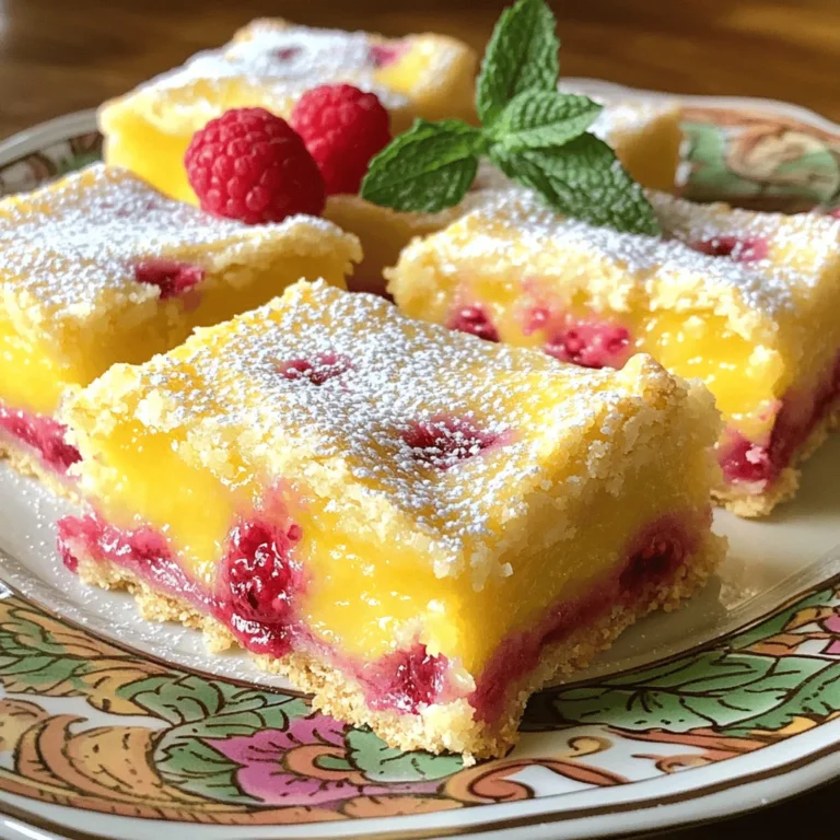 - 1 cup all-purpose flour - 1/2 cup powdered sugar - 1/2 cup unsalted butter, softened - 1/2 cup granulated sugar - 2 large eggs - 1/2 cup fresh lemon juice (about 3 lemons) - Zest of 2 lemons - 1 cup fresh raspberries (or frozen, thawed) - 1/4 teaspoon salt - 1 teaspoon baking powder To create the best raspberry lemon bars, you need simple ingredients. The base starts with flour, butter, and sugar. This mix gives a nice, crumbly texture. Using powdered sugar helps create a sweet crust. For the filling, fresh lemons bring bright flavors. Lemon juice and zest add a punch of tanginess. Eggs help bind the filling together, making it smooth. Raspberries are the star of this recipe. You can use fresh or frozen. If using frozen, just let them thaw. Salt and baking powder balance the flavors and aid in rising. Each ingredient plays a key role in making these bars taste great. - 8x8 inch baking dish - Mixing bowls - Whisk - Measuring cups and spoons - Parchment paper (optional) These tools make baking easier. An 8x8 inch dish is perfect for these bars. Mixing bowls help you combine your ingredients well. A whisk is great for beating eggs and mixing batter. Measuring cups and spoons ensure you get the right amounts. Parchment paper helps with easy cleanup. With the right tools, you can focus on creating these delicious treats. You can find the full recipe above to guide you through the process. - Preheat the oven to 350°F (175°C). - Grease or line an 8x8 inch baking dish with parchment paper. - In a medium bowl, combine 1/2 cup of softened butter, 1/2 cup of granulated sugar, and 1/2 cup of powdered sugar. - Mix until creamy and smooth. - Add 1 cup of all-purpose flour and 1/4 teaspoon of salt. Stir until just combined. - Press the mixture evenly into the bottom of the baking dish. - In another bowl, whisk together 2 large eggs, 1/2 cup of granulated sugar, 1/2 cup of fresh lemon juice, the zest of 2 lemons, and 1 teaspoon of baking powder. - Gently fold in 1 cup of fresh raspberries. Be careful not to mash them. - Once the crust is slightly golden, pour the lemon-raspberry filling over it. - Bake for 25-30 minutes until the filling is set and edges puff slightly. - Allow the bars to cool in the pan for 1 hour. - Refrigerate for at least 2 hours before slicing into squares. - For a lovely touch, dust with powdered sugar before serving. For the full recipe, check out the detailed steps above. Enjoy your delicious raspberry lemon bars! To create the ideal raspberry lemon bars, you must balance sweet and tangy. Here are some tips: - Use fresh raspberries. They give a bright flavor. - Fresh lemon juice adds a zesty kick. Bottled juice can taste flat. - When mixing, start with less sugar. You can always add more if needed. This way, your bars will have a perfect taste that pops. Serving is as important as baking. Here is how to present your bars: - Chill the bars before serving. They cut better and taste fresh. - Place them on a pretty plate. A white plate makes colors stand out. - Garnish with fresh raspberries and a mint sprig. This adds color and flair. These small touches make your dessert look special. Baking can be tricky. Avoid these common mistakes: - Make sure the crust is firm. Bake it until it’s lightly golden before adding the filling. This gives the bars a good base. - Do not rush the filling. Ensure it is set before removing from the oven. A runny filling can ruin the whole dish. By following these tips, you will have perfect raspberry lemon bars every time. For the full recipe, check above. {{image_2}} You can switch raspberries for other fruits. Strawberries add sweetness, while blueberries bring a mild flavor. Both options taste great in lemon bars. For a fun twist, try a mixed berry version. You can use any combination of your favorite berries. This change gives the bars a colorful look and a new taste. Want to make your lemon bars special? Adding herbs like mint or basil gives a fresh taste. Just chop the herbs finely and mix them in the lemon filling. You can also play with flavored extracts like vanilla or almond. These small changes can create a unique flavor profile. Experimenting can lead to a new favorite! If you need a gluten-free option, almond flour works well. Substitute it for regular flour in the crust. It gives a slightly nutty flavor and a nice texture. For those looking to make vegan versions, replace eggs with flax eggs. Mix one tablespoon of flaxseed meal with two and a half tablespoons of water, then let it sit. This simple swap keeps the bars moist and tasty. To keep your raspberry lemon bars fresh, store them in the fridge. Place them in an airtight container. If you don’t have one, use plastic wrap. This helps to keep the bars moist. I suggest separating layers with parchment paper. This prevents them from sticking together. For added freshness, dust the bars with powdered sugar just before serving. This keeps the sugar from melting into the bars. If you want to freeze your raspberry lemon bars, here’s how. First, let them cool completely. Next, cut the bars into squares. Wrap each square tightly in plastic wrap. Then, place them in a freezer-safe container. This protects them from freezer burn. To thaw, take out the bars and let them sit in the fridge overnight. You can also leave them at room temperature for a few hours. Raspberry lemon bars can last in the fridge for about one week. To check for freshness, look for any discoloration or an off smell. If they feel dry or hard, it’s best to toss them. Enjoy these treats while they’re fresh for the best flavor and texture! You can tell when the bars are done by checking a few signs. First, look for a slight puffiness around the edges. The center should be set but still a bit jiggly. You can also insert a toothpick. If it comes out clean or with just a few crumbs, the bars are ready. Bake them for about 25-30 minutes. Keep an eye on them to avoid overbaking. You can use bottled lemon juice, but fresh is best. Fresh juice has a bright taste that makes these bars shine. Bottled lemon juice can be more tart or flat, which might change the flavor. If you must use bottled, choose one that says “100% juice” for better taste. Fresh lemons also give you zest, which adds more flavor. To cut the bars neatly, chill them well after baking. Let them cool for about an hour, then refrigerate for at least 2 hours. Use a sharp knife to slice. For clean cuts, dip the knife in warm water and wipe it dry between cuts. This helps prevent sticking and gives you nice, even squares. Yes, you can make these lemon bars ahead of time. They stay fresh for about a week in the fridge. This makes them perfect for events or gatherings. Just bake them, cool, and refrigerate. Dust with powdered sugar before serving for a nice touch. You can easily impress your guests with these tasty treats! Check the Full Recipe for more details on making them. Raspberry lemon bars are a fun, tasty treat. We covered ingredients, tools, and steps to make them. You learned tips for balance and how to avoid common mistakes. Variations like berries and dietary adjustments add new flavors. Follow the storage tips to keep them fresh. With these insights, you can enjoy these bars anytime. Happy baking!
