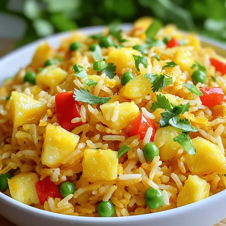- 2 cups cooked jasmine rice - 1 cup fresh pineapple, diced - 1/2 cup red bell pepper, diced - 1/2 cup green peas - 1/2 cup carrots, diced - 3 green onions, chopped - 2 cloves garlic, minced - 2 tablespoons soy sauce - 1 tablespoon sesame oil - 1 tablespoon olive oil - 1 teaspoon curry powder (optional) - Salt and pepper to taste - Fresh cilantro for garnish When making pineapple fried rice, I love using fresh and vibrant ingredients. The jasmine rice gives it a light, fluffy base. Using day-old rice works best. It helps keep the dish from getting mushy. Fresh pineapple adds a sweet and tangy burst of flavor. I dice it into small pieces to mix well with the rice. For the vegetables, I prefer a mix of colors. The red bell pepper brings a sweet crunch. Green peas add a pop of color and a slight sweetness. Diced carrots add a nice texture. I chop green onions for a fresh finish. Now, let’s talk about flavor enhancers. Garlic is a must for that rich aroma. Soy sauce gives the rice a savory depth. I use sesame oil for a nutty flavor that ties everything together. If you like a hint of spice, add curry powder. Finally, I season with salt and pepper. Fresh cilantro brightens the dish as a topping. This recipe is all about balance, flavor, and fun! Check out the Full Recipe to get started. - Cook jasmine rice (preferably day-old) - Dice and chop all vegetables and pineapple Start by cooking the jasmine rice. Day-old rice works best. It is dryer and helps the fried rice stay fluffy. If you don’t have day-old rice, make some and let it cool. While the rice cooks, dice the fresh pineapple into small pieces. Also, chop the red bell pepper, green peas, and carrots. Keep them all ready for the next steps. - Heat olive oil and sauté garlic - Add vegetables and cook until tender - Incorporate pineapple and stir-fry Next, heat olive oil in a large wok or frying pan over medium heat. Add the minced garlic and sauté it for about 30 seconds. This makes your kitchen smell great! Then, toss in the diced red bell pepper, carrots, and green peas. Cook them for about 3-4 minutes. You want them to be tender but still colorful. After that, add the diced pineapple. Stir-fry it for another 2 minutes. This step caramelizes the pineapple and brings out its sweetness. - Add rice and mix thoroughly - Drizzle with soy sauce and season - Finish with green onions and garnish Now, turn up the heat to medium-high. Add the day-old rice into the pan. Break apart any clumps and mix it well with the vegetables and pineapple. Drizzle soy sauce and sesame oil over the rice. If you want a spicy kick, sprinkle in some curry powder. Toss everything together until the rice is hot and evenly coated. Finally, fold in the chopped green onions. Season with salt and pepper to taste. Your dish is now ready to serve! For a lovely touch, garnish with fresh cilantro. Enjoy this colorful, tasty meal! Using day-old rice makes a big difference. It dries out a bit in the fridge. This gives it a better texture for frying. Fresh rice can be too sticky and mushy. If you don’t have jasmine rice, try basmati rice or long-grain rice. These options work well too. To keep your vegetables crisp, cook them quickly over high heat. This way, they stay bright and firm. Stir them often, so they cook evenly. When you add pineapple, let it sit for a moment before stirring. This helps caramelize the sugar in the fruit, giving it a sweet flavor. You can change the spice levels to fit your taste. If you like it spicy, add chili flakes or fresh peppers. For a deeper umami flavor, include a splash of fish sauce or oyster sauce. These ingredients can really boost the taste of your dish. {{image_2}} You can easily add protein to pineapple fried rice. Shrimp, chicken, and tofu work great. If you like seafood, shrimp adds a nice touch. Just sauté it until pink before adding other ingredients. Chicken is another popular choice. Cut it into small pieces and cook until golden. For a plant-based option, use tofu. Firm tofu absorbs flavors well. If you prefer vegetarian meals, tofu is a fantastic choice. It adds protein and texture. You can also use chickpeas for more fiber. Both options blend well with the rice and veggies. Want to switch up the flavor? Try adding mango or coconut. These fruits give a tropical twist to your dish. Fresh mango adds sweetness and bright color. Shredded coconut can enhance the tropical vibe, too. Soy sauce is classic, but you can experiment. Teriyaki or sweet chili sauce adds a unique taste. Just use them in place of soy sauce for a fun change. Need a gluten-free meal? Use tamari instead of soy sauce. It offers the same flavor without gluten. For a vegan dish, stick to plant-based proteins like tofu or chickpeas. Ensure that your sauces are vegan-friendly, too. Most soy sauces are vegan, but always check the label. These variations let you customize your pineapple fried rice. The full recipe gives you a solid base to start from. To store leftover pineapple fried rice, let it cool first. Place it in an airtight container. This helps keep the rice fresh and stops it from drying out. You can store it in the fridge for up to three days. Make sure to label your container with the date. This way, you can track how long it has been stored. Use glass or plastic containers that seal tightly. These are the best containers for storage, as they prevent air from getting in. If you want to save your pineapple fried rice for later, freezing is a great option. First, let it cool completely. Then, pack it in freezer-safe bags or containers. Squeeze out as much air as you can before sealing. This helps prevent freezer burn. You can freeze it for up to three months. When you’re ready to eat it, take it out and thaw it in the fridge overnight. This method keeps the texture nice. When reheating pineapple fried rice, you want it warm but not dry. The best method is to use a skillet. Heat a little oil in the pan over medium heat. Add your rice and stir it often. You can add a splash of water or broth to keep it moist. Another option is to use the microwave. Place the rice in a bowl and cover it with a damp paper towel. This helps trap steam and keeps the rice soft. Heat it in short bursts, stirring in between. Aim for about one to two minutes on high. You can replace soy sauce with coconut aminos. This gives a similar flavor but is gluten-free. You can also use salt or tamari for more options. Just make sure to balance the flavors. Add a splash of lime juice for a zesty kick. Yes, you can use canned pineapple. Just drain it well and chop it. Canned pineapple can save time and still taste great. However, fresh pineapple adds a nice texture and flavor. If you use canned, skip adding extra liquid to the dish. Pineapple fried rice pairs well with grilled chicken or shrimp. You can also serve it with a fresh salad or spring rolls. For a vegetarian option, add tofu or extra veggies. The sweet and savory flavors complement many dishes. Yes, pineapple fried rice is great for meal prep! It stores well in the fridge for up to four days. Use airtight containers to keep it fresh. You can reheat it easily in the microwave or on the stove. This makes it a perfect choice for busy days. - Full Recipe: Tropical Delight Pineapple Fried Rice This blog post covered how to make delicious pineapple fried rice. You learned about the main ingredients, from jasmine rice to fresh veggies and pineapple. I shared step-by-step instructions for a tasty meal. Plus, I included tips for the best rice and ways to add protein. Remember to adjust flavors to your taste and store leftovers well. Pineapple fried rice is versatile and easy to meal prep, making it a perfect choice for busy days. Enjoy crafting your own version!