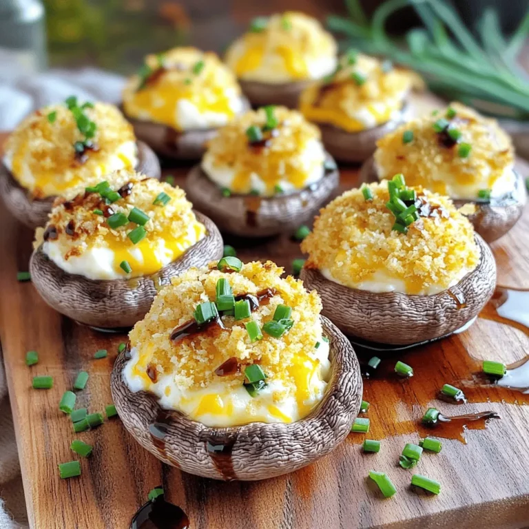 To make Jalapeño Popper Stuffed Mushrooms, gather these tasty ingredients: - 12 large cremini or portobello mushrooms, stems removed - 4 oz cream cheese, softened - 1/2 cup shredded cheddar cheese - 1/4 cup shredded mozzarella cheese - 2 fresh jalapeños, finely chopped (seeds removed for less heat) - 1/4 cup breadcrumbs - 2 tablespoons fresh chives, chopped - 1 tablespoon garlic powder - 1 teaspoon smoked paprika - Salt and pepper to taste - Olive oil for drizzling This mix creates a creamy and spicy filling that makes each bite a delight. If you need to swap some ingredients, here are some great ideas: - Use ricotta cheese instead of cream cheese for a lighter filling. - Swap out cheddar for pepper jack cheese for an extra kick. - Try gluten-free breadcrumbs if you need a gluten-free option. - Use green onions instead of chives for a different flavor. These substitutions keep the dish tasty while fitting your needs. Enhance your Jalapeño Popper Stuffed Mushrooms with these fun garnishes: - Chopped fresh cilantro adds a fresh touch. - A drizzle of balsamic glaze gives a sweet flavor. - Serve with a side of ranch dressing for dipping. - Add crispy bacon bits for extra crunch and flavor. These garnishes can elevate your dish and impress your guests. For the full recipe, you can check the details above. First, start with your mushrooms. You want to use large cremini or portobello mushrooms. Remove the stems carefully. This makes space for the filling. Next, take a mixing bowl and combine the soft cream cheese, shredded cheddar, and mozzarella. Now, chop the fresh jalapeños. Remove the seeds if you want less heat. Add them to the cheese mix. Then, stir in the breadcrumbs, chives, garlic powder, smoked paprika, and a pinch of salt and pepper. Mix until everything is creamy and well blended. Spoon the cheese mixture into each mushroom cap. Press down slightly to pack it in. Arrange the stuffed mushrooms on a greased baking sheet. Drizzle a little olive oil on top for added flavor. Preheat your oven to 375°F (190°C). Bake the mushrooms for 20 to 25 minutes. They are done when the tops are golden and bubbly. Remove them from the oven and let them cool for a few minutes. To serve, use a rustic wooden board. This adds charm to your dish. Sprinkle some extra chopped chives on top for color. A drizzle of balsamic glaze can enhance the look and taste. These tips make your Jalapeño Popper Stuffed Mushrooms eye-catching and delicious. For the full recipe, check the details above. When making Jalapeño Popper Stuffed Mushrooms, keep a few things in mind. First, choose fresh mushrooms. Old mushrooms can be tough and dry. Also, don’t overstuff the caps. Leave a little room for the filling to bubble up while baking. Check your oven temperature. An oven that is too hot can burn the tops. Use a thermometer to keep it right at 375°F (190°C). Lastly, let the mushrooms cool slightly before serving. This helps the filling set and makes them easier to eat. To make your stuffed mushrooms pop, balance the flavors. Add a squeeze of fresh lime juice to your filling for a bright zing. This cuts through the creaminess of the cheeses. Consider mixing in some crispy bacon bits for a smoky touch. If you want more heat, keep some jalapeño seeds in your filling. Also, sprinkle some extra cheese on top before baking. This gives a nice golden crust and adds more flavor. Want to impress guests without stress? Prepare your stuffed mushrooms ahead of time. You can fill the mushroom caps and store them in the fridge for up to 24 hours. Just cover them tightly with plastic wrap. When you are ready to bake, let them sit at room temperature for about 15 minutes. This helps them cook evenly. If you want to freeze them, do so before baking. Just thaw overnight in the fridge before cooking. For the full recipe, check out the details above and enjoy creating these tasty bites! {{image_2}} You can easily make this dish vegetarian. Just skip the cream cheese and use a plant-based option. Vegan cheese works well too. For the filling, add more veggies like spinach or bell peppers. These add color and flavor. You can also use nuts like cashews for a creamy texture. Feel free to switch up the cheeses. Try pepper jack for more spice or feta for a tangy twist. You can replace jalapeños with roasted red peppers for a milder taste. If you want a crunch, add chopped nuts to the filling. They give a nice bite. Serve these stuffed mushrooms on a platter with fresh herbs. They look great and taste amazing. Pair them with a spicy dipping sauce for extra flavor. You can also serve them alongside a crisp salad or grilled veggies. These options balance the richness of the dish. For a fun twist, add a drizzle of sriracha on top before serving. You can find the full recipe above. To keep your Jalapeño Popper Stuffed Mushrooms fresh, let them cool first. Place them in an airtight container. Make sure to store them in the fridge. They will last for about 3 to 5 days. If you want to keep them longer, freezing is a good option. For reheating, the oven works best. Preheat your oven to 350°F (175°C). Place the stuffed mushrooms on a baking sheet. Heat them for about 10 to 15 minutes. This keeps the mushrooms crispy. You can also use a microwave, but it may make them a bit soggy. You can freeze these stuffed mushrooms before baking them. After filling the mushrooms, place them on a tray. Put the tray in the freezer until they are solid. Then, transfer them to a freezer-safe bag. They can stay frozen for up to 2 months. When ready to eat, bake them straight from the freezer. Just add a few extra minutes to the baking time. This way, you always have a tasty dish on hand! For the full recipe, check out my complete guide. Yes, you can prepare Jalapeño Popper Stuffed Mushrooms ahead of time. Just follow these steps: - Prepare the filling and stuff the mushrooms. - Place the stuffed mushrooms on a baking sheet. - Cover with plastic wrap and store in the fridge. You can keep them in the fridge for up to 24 hours before baking. When ready, simply bake them as instructed in the Full Recipe. This saves time and makes hosting easier! You can control the heat of the stuffed mushrooms by adjusting the jalapeños. Here’s how: - For a milder taste, remove all seeds and membranes from the jalapeños. - Use only one jalapeño or replace it with a bell pepper for no heat. - For extra spice, add more jalapeños or include a pinch of cayenne pepper. These options let you customize the heat to suit your taste. Stuffed mushrooms pair well with many sides. Here are a few ideas: - A fresh garden salad with light dressing. - Crispy garlic bread for a tasty crunch. - Creamy coleslaw for a cool contrast. - Roasted vegetables to add more color and flavor. These sides balance the richness of the stuffed mushrooms and make your meal more complete. The Jalapeño Popper Stuffed Mushrooms are easy to make and delicious. You learned about key ingredients and tasty variations. I shared tips to help you avoid common mistakes. We also covered storage options for leftovers and answered FAQs. In the end, these stuffed mushrooms are a fun and flexible dish. Enjoy making them your own!