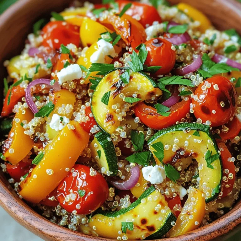 - 1 cup quinoa - 2 cups vegetable broth - 1 bell pepper (any color), diced - 1 zucchini, diced - 1 cup cherry tomatoes, halved - 1 red onion, cut into wedges - 2 tablespoons olive oil - 1 teaspoon garlic powder - 1 teaspoon smoked paprika - Salt and pepper to taste - 1/4 cup fresh parsley, chopped - 1/4 cup feta cheese, crumbled (optional) - 2 tablespoons balsamic vinegar This salad combines fresh veggies with quinoa for a healthy meal. The main ingredients form a colorful base. Quinoa adds protein and fiber, making it filling. Using vegetable broth gives it a rich flavor. The seasoning enhances the dish's taste. Olive oil helps the veggies roast well, making them tender and sweet. Garlic powder and smoked paprika add depth. You can adjust the salt and pepper to suit your taste. Fresh parsley brings a lively touch. If you like, sprinkle feta cheese for creaminess. Balsamic vinegar adds a tangy kick. This is a great way to enjoy a healthy, fresh meal. For the full recipe, check back to get the step-by-step guide! - Rinse quinoa thoroughly under cold water. This step removes any bitterness. - Combine the rinsed quinoa with 2 cups of vegetable broth in a medium saucepan. - Bring the mix to a boil over medium heat. Once boiling, reduce the heat to low. Cover and let it simmer for about 15 minutes. The quinoa should absorb all the broth and look fluffy. Remove from heat and let it sit covered for 5 minutes. Fluff it gently with a fork. - Chop your bell pepper, zucchini, cherry tomatoes, and red onion into bite-sized pieces. - In a large bowl, mix the chopped veggies with 2 tablespoons of olive oil. Season with 1 teaspoon of garlic powder, 1 teaspoon of smoked paprika, and salt and pepper to taste. Toss everything until the vegetables are well coated. - Spread the seasoned veggies evenly on a baking sheet lined with parchment paper. Roast them in your preheated oven at 425°F (220°C) for 20 to 25 minutes. Stir halfway through to ensure they roast evenly. They are ready when tender and slightly caramelized. - In a large mixing bowl, add the cooked quinoa and the roasted vegetables together. - If you like, toss in 1/4 cup of fresh parsley and, for extra flavor, 1/4 cup of crumbled feta cheese. - Drizzle 2 tablespoons of balsamic vinegar over the mix. Toss gently to combine all the ingredients. Taste your salad and adjust the seasoning with more salt and pepper if needed. For the complete recipe, check out the Full Recipe. Enjoy your fresh and colorful Roasted Vegetable Quinoa Salad! To get a great roast, set your oven to 425°F (220°C). This high heat makes the veggies crisp and tasty. Roast them for 20-25 minutes. Stir the veggies halfway through to cook them evenly. This keeps them from burning on one side. To make your salad pop, add spices like garlic powder and smoked paprika. These spices give depth and warmth. Fresh herbs, like parsley, also brighten the dish. For a zing, drizzle some balsamic vinegar on top. This adds a nice acidity to balance the flavors. You can serve this salad warm or chilled. It tastes great at any temperature! Pair it with grilled chicken or bake tofu for protein. A light dressing can also elevate the meal. Try a simple olive oil and lemon mix for a fresh taste. For the full recipe, check the section above! {{image_2}} You can change the veggies to suit your taste or the season. Try using sweet potatoes in the fall or asparagus in the spring. Seasonal vegetables are fresh and full of flavor. You can also use leftover veggies from other meals to mix things up. Toss in any roasted or raw vegetables you have on hand. This makes your salad unique and keeps it exciting. Adding protein boosts the salad's nutrition. You can use chickpeas or black beans for a vegetarian option. If you want a vegan choice, add nuts or seeds. For meat lovers, grilled chicken or shrimp fits well. These add-ins make your meal more filling and satisfying. Choose what you love most to make it your own. If you need a gluten-free option, quinoa is a great choice. It is naturally gluten-free and tasty. To create a low-carb version, skip the quinoa and focus on the vegetables. You can add more leafy greens instead. This keeps your meal light and healthy. Adapt the recipe based on your dietary needs and enjoy the flavors. For the full recipe, check the details above. To keep your roasted vegetable quinoa salad fresh, use airtight containers. Glass containers work best, as they do not absorb odors. Store the salad in the fridge right after it cools. If you plan to eat it later, you can freeze it. Divide it into portions before freezing. This makes it easy to grab what you need. In the fridge, this salad lasts about 3 to 5 days. It is best to eat it within this time frame for optimal taste. Check for signs of spoilage like a bad smell or mold. If it looks off or smells funky, throw it away. Reheat the salad gently. Use the microwave on low power to avoid mushy veggies. You can also warm it on the stove over low heat. If you prefer, serve it chilled or at room temperature. Both options are tasty and keep the flavors bright. For the full recipe, visit the provided link. To make this salad vegan, you can simply skip the feta cheese. You can also use a vegan-friendly balsamic vinegar. If you want to add creaminess, consider mashed avocado or a vegan yogurt. Yes, you can make this salad in advance. Cook the quinoa and roast the veggies ahead of time. Store them in separate containers in the fridge. Mix them together just before serving. This helps keep the salad fresh and tasty. If you don't have quinoa, you can use couscous or brown rice. Both are easy to cook and work well with roasted veggies. If you're looking for a low-carb option, consider using cauliflower rice. It adds a nice texture. Yes, this salad is gluten-free. Quinoa is naturally gluten-free. Just make sure your vegetable broth does not contain gluten. All other ingredients listed are also gluten-free, so you can enjoy this meal without worry. Roasted Vegetable Quinoa Salad is a simple and healthy dish. You need quinoa, veggies, and seasonings. Cooking the quinoa and roasting the veggies creates great flavor. You can adjust ingredients to fit your taste and needs. This salad is perfect for meal prep or a quick lunch. With tips on storage and variations, the options are endless. Enjoy this nutritious meal with friends or family. It makes eating healthy easy and delicious.