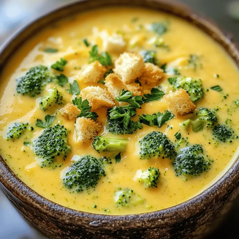 To make this creamy broccoli cheddar soup, gather the following ingredients: - 4 cups fresh broccoli florets - 1 medium yellow onion, chopped - 3 cloves garlic, minced - 3 tablespoons unsalted butter - 3 cups vegetable broth - 1 cup heavy cream - 2 cups sharp cheddar cheese, shredded - 1 teaspoon Dijon mustard - Salt and pepper to taste - 1/4 teaspoon nutmeg (optional) - Croutons (for garnish) - Fresh parsley (for garnish) These items combine to create a rich and tasty treat. You can add extra flavor with these optional ingredients: - A pinch of cayenne pepper for heat - A squeeze of lemon juice for brightness - Fresh herbs like thyme or chives for freshness Adding these can take your soup to the next level. If you have dietary needs, here are some substitutions: - Use almond milk or oat milk instead of heavy cream for a lighter option. - Swap cheddar cheese for dairy-free cheese if you want a vegan version. - Use chicken broth instead of vegetable broth for a heartier taste. These swaps ensure everyone can enjoy this soup. For more detailed cooking steps, check the Full Recipe. To make Creamy Broccoli Cheddar Soup, start by melting butter in a large pot. Use medium heat for this. Add chopped onion and minced garlic, cooking for 3-4 minutes. The onion should become clear but not brown. Next, toss in the broccoli florets. Sauté them for 2 more minutes. This helps the flavors blend nicely. Now, pour in the vegetable broth. Bring it to a boil. Once boiling, lower the heat and let it simmer for 10-12 minutes. You want the broccoli to be tender. After that, grab an immersion blender. Blend the soup until it’s smooth and creamy. If you don’t have one, carefully pour the soup into a blender in batches. Then, blend it and return it to the pot. Stir in heavy cream, sharp cheddar cheese, and Dijon mustard. Mix it well until the cheese melts. This should take about 3-5 minutes. Finally, season with salt, pepper, and a pinch of nutmeg if you like. Serve the soup hot, topped with croutons and fresh parsley for a nice touch. Here are some tools I recommend for making this soup: - Large pot - Immersion blender (or regular blender) - Cutting board - Sharp knife - Measuring cups and spoons - Ladle These tools will help you make the process easy and quick. For perfect sautéing, keep the heat moderate. This prevents burning the garlic and onion. Stir often to mix the flavors well. When blending, be careful with hot soup. If using a blender, blend in small batches to avoid spills. You can also let the soup cool a bit before blending. This makes it safer to handle. Enjoy making your Creamy Broccoli Cheddar Soup! For the full recipe, check out the details above. To make your soup extra creamy, use heavy cream. It adds a rich texture that makes every bite delightful. You can also blend in some cream cheese. This gives a nice tang and even more creaminess. If you want a lighter option, try half-and-half instead of heavy cream. Herbs and spices can really boost the flavor of your soup. Try adding thyme or parsley for a fresh taste. A pinch of cayenne pepper can add a nice kick. If you love garlic, consider adding more minced garlic for depth. You can also add a splash of lemon juice for brightness. If your soup is too thick, add more broth or cream until you reach the right consistency. If it’s too salty, add a bit of sugar. This can balance the saltiness. For a grainy texture, make sure to blend the soup well. An immersion blender works best for a smooth finish. Follow the [Full Recipe] for step-by-step guidance to avoid any mishaps. {{image_2}} You can swap cheddar for other cheeses. Try gouda for a smoky taste. Swiss gives a nutty flavor. Cream cheese adds richness and a smooth texture. Mix and match for unique soups. Boost your soup with protein. Cooked chicken makes it hearty. Crumbled bacon adds a crispy twist. You can also use sausage for a spicy kick. Just stir it in before serving. You can make this soup vegan. Use coconut milk instead of cream. Swap cheddar for vegan cheese. Use vegetable broth to keep it plant-based. This version is still rich and tasty. For the best results, follow the Full Recipe. Store leftover soup in an airtight container. Let the soup cool before sealing. Keep it in the fridge for up to three days. Use clear glass containers for better visibility. Always label your container with the date. This helps track freshness. You can freeze creamy broccoli cheddar soup. Pour it into freezer-safe containers, leaving space for expansion. Seal tightly and freeze for up to three months. For best results, avoid adding cheese before freezing. Add the cheese when you reheat the soup. When reheating, do it slowly on the stove. Stir often to prevent sticking. If the soup seems thick, add a bit of broth or water. Avoid boiling the soup; this helps keep it creamy. You can also microwave it in short bursts. Stir in between to ensure even heating. For the best flavor, taste and adjust seasonings as needed. For the full recipe, check out Creamy Broccoli Cheddar Soup. Yes, you can make this soup ahead of time. Store it in the fridge for up to three days. Just heat it up on the stove before serving. The flavors may even improve after a day. To thicken the soup, you can blend more broccoli. This adds texture and keeps it healthy. Another option is to use extra cheese. Adding more cheddar will also help thicken the soup and boost the cheese flavor. You can serve the soup with crusty bread or a fresh salad. Grilled cheese sandwiches pair well too. If you want something light, a simple green salad is great. For a fun twist, try adding croutons on top for extra crunch. Check out the Full Recipe for more ideas! This blog post covered all you need for creamy broccoli cheddar soup. We went through key ingredients, step-by-step cooking tips, and creative variations. I shared ways to enhance flavor and make it your own. You can store this soup easily for later or even freeze it. Finally, the FAQs should help answer your main questions. Enjoy making this soup your way and share it with others!