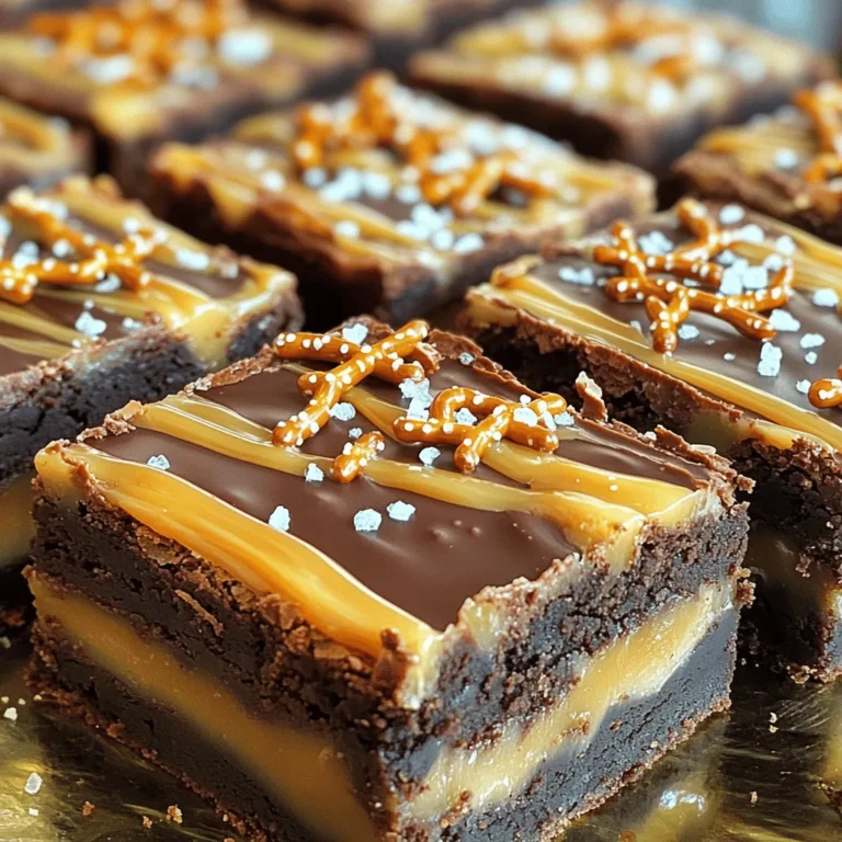 To make the perfect Salted Caramel Pretzel Brownies, you need a few key ingredients. Each one adds a special touch to this sweet treat. Here’s the list you will need: - 1 cup unsalted butter, melted - 1 cup granulated sugar - 1 cup brown sugar, packed - 4 large eggs - 1 teaspoon vanilla extract - 1 cup all-purpose flour - 1 cup cocoa powder - 1/2 teaspoon baking powder - 1/2 teaspoon salt - 2 cups mini pretzels, chopped - 1 cup salted caramel sauce (store-bought or homemade) - Sea salt flakes for topping Each ingredient plays an important role. The butter gives the brownies a rich flavor. The sugars add sweetness and create a nice texture. Eggs help bind everything together while adding moisture. Cocoa powder is key for that deep chocolate taste. The baking powder helps the brownies rise, creating a soft bite. Salt balances the sweetness and enhances flavors. Chopped pretzels add crunch and a salty kick. The salted caramel sauce adds a smooth, sweet layer that makes every bite special. Finally, sea salt flakes on top give that perfect salty finish. For the full recipe and detailed instructions, check out the [Full Recipe]. - Preheat your oven to 350°F (175°C). Grease a 9x13 inch baking pan or line it with parchment paper. - In a large mixing bowl, whisk together 1 cup of melted butter, 1 cup of granulated sugar, and 1 cup of brown sugar. Mix until it looks smooth. - Add 4 large eggs, one at a time. Make sure to whisk well after each egg. Then, mix in 1 teaspoon of vanilla extract. - In another bowl, sift together 1 cup of all-purpose flour, 1 cup of cocoa powder, 1/2 teaspoon of baking powder, and 1/2 teaspoon of salt. - Gradually add the dry mixture to the wet ingredients. Stir gently until just combined. - Fold in 2 cups of chopped mini pretzels. Set aside a handful for later. - Pour half of the brownie batter into your prepared baking pan. Spread it evenly. - Drizzle half of 1 cup of salted caramel sauce over the brownie layer. - Spread the rest of the brownie batter on top. Smooth it out to cover the caramel. - Drizzle the remaining caramel sauce on top. Sprinkle reserved pretzels and sea salt flakes to taste. - Bake for 25-30 minutes. A toothpick inserted in the center should come out mostly clean, with a few moist crumbs. - Allow the brownies to cool in the pan on a wire rack for at least 30 minutes before slicing into squares. For more details, check the Full Recipe. For the perfect brownies, you need to adjust the baking time. If you like fudgy brownies, bake them for 25 minutes. For a more cake-like texture, go for 30 minutes. To check for doneness, use a toothpick. Insert it into the center of the brownies. If it comes out with a few moist crumbs, they are ready. If there is wet batter, bake a bit longer. Want to boost flavor? Try adding chocolate chips or chopped nuts. They add texture and richness. You can also mix in some espresso powder for a deeper chocolate taste. For a richer caramel flavor, use homemade caramel sauce. It will taste fresher and creamier than store-bought. Just be sure to let it cool before drizzling over the brownies. Cutting and displaying brownies can be fun! Use a sharp knife for clean edges. Wipe the knife between cuts for neat squares. For serving, place brownies on a pretty platter. Drizzle extra caramel sauce on top for a nice touch. Pair them with vanilla ice cream for a delightful treat. Check out the Full Recipe for more ideas! {{image_2}} You can enjoy these brownies without gluten. Use alternative flours like almond flour or coconut flour. These flours add a nutty taste and a soft texture. Adjust the liquid in your recipe. Gluten-free flours absorb more moisture. Start with less flour and add more if needed. You can get creative with toppings. Try adding crushed nuts like pecans or walnuts. They add crunch and flavor. Mix in chocolate chips for extra sweetness. You can also use different kinds of caramel sauce or drizzle chocolate on top for fun. Think about adding a sprinkle of sea salt for a bold taste. Serve brownies in fun ways. Cut them into small squares for a party. You can stack them with ice cream for a sundae. Pour warm fudge sauce over the brownies for a rich treat. You can even serve them with fresh fruit, like strawberries or raspberries, for a fresh twist. To keep your brownies fresh, store them in an airtight container. This prevents them from drying out. Use a container that fits the brownies snugly. You can layer parchment paper between layers to avoid sticking. Keep them at room temperature for up to four days. If you want to keep them longer, refrigeration is an option. To freeze your brownies, first let them cool completely. Cut them into squares and wrap each piece in plastic wrap. Then, place the wrapped brownies in a freezer bag or container. This keeps them fresh for about three months. When you’re ready to enjoy, take them out and let them thaw at room temperature. You can also microwave them for a few seconds for a warm treat. At room temperature, brownies last about four to five days. If they look dry or hard, it’s time to toss them. Watch for any signs of mold or an off smell. If you notice any changes, it’s best to discard them. For the best flavor and texture, enjoy them fresh! For more information, check the Full Recipe. You can test your brownies with a toothpick. Insert it into the center of the brownies. If it comes out mostly clean with a few moist crumbs, they are done. This method helps avoid overbaking. Keep an eye on the time, but the toothpick test is your best friend. Yes, you can make these brownies ahead of time. I suggest baking them a day before serving. This allows the flavors to meld. Once cooled, store them in an airtight container. They stay fresh and tasty for up to four days. To reheat brownies, use the microwave or oven. For the microwave, warm them for 10-15 seconds. Check them often to avoid drying out. If using the oven, set it to 350°F (175°C). Wrap the brownies in foil and heat for about 5-10 minutes. This keeps them soft and gooey. You now have everything you need to bake delicious brownies. We covered the key ingredients, step-by-step instructions, and useful tips. You can enhance your brownies with fun flavors and toppings. Remember to store them properly for the best taste. These treats are perfect for sharing or enjoying yourself. So gather your ingredients and try this recipe. Happy baking!