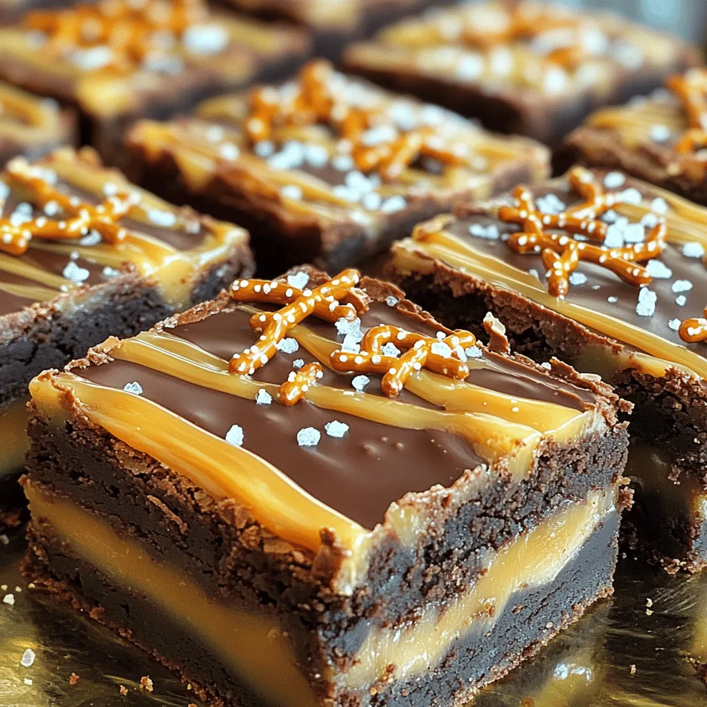 To make the perfect Salted Caramel Pretzel Brownies, you need a few key ingredients. Each one adds a special touch to this sweet treat. Here’s the list you will need: - 1 cup unsalted butter, melted - 1 cup granulated sugar - 1 cup brown sugar, packed - 4 large eggs - 1 teaspoon vanilla extract - 1 cup all-purpose flour - 1 cup cocoa powder - 1/2 teaspoon baking powder - 1/2 teaspoon salt - 2 cups mini pretzels, chopped - 1 cup salted caramel sauce (store-bought or homemade) - Sea salt flakes for topping Each ingredient plays an important role. The butter gives the brownies a rich flavor. The sugars add sweetness and create a nice texture. Eggs help bind everything together while adding moisture. Cocoa powder is key for that deep chocolate taste. The baking powder helps the brownies rise, creating a soft bite. Salt balances the sweetness and enhances flavors. Chopped pretzels add crunch and a salty kick. The salted caramel sauce adds a smooth, sweet layer that makes every bite special. Finally, sea salt flakes on top give that perfect salty finish. For the full recipe and detailed instructions, check out the [Full Recipe]. - Preheat your oven to 350°F (175°C). Grease a 9x13 inch baking pan or line it with parchment paper. - In a large mixing bowl, whisk together 1 cup of melted butter, 1 cup of granulated sugar, and 1 cup of brown sugar. Mix until it looks smooth. - Add 4 large eggs, one at a time. Make sure to whisk well after each egg. Then, mix in 1 teaspoon of vanilla extract. - In another bowl, sift together 1 cup of all-purpose flour, 1 cup of cocoa powder, 1/2 teaspoon of baking powder, and 1/2 teaspoon of salt. - Gradually add the dry mixture to the wet ingredients. Stir gently until just combined. - Fold in 2 cups of chopped mini pretzels. Set aside a handful for later. - Pour half of the brownie batter into your prepared baking pan. Spread it evenly. - Drizzle half of 1 cup of salted caramel sauce over the brownie layer. - Spread the rest of the brownie batter on top. Smooth it out to cover the caramel. - Drizzle the remaining caramel sauce on top. Sprinkle reserved pretzels and sea salt flakes to taste. - Bake for 25-30 minutes. A toothpick inserted in the center should come out mostly clean, with a few moist crumbs. - Allow the brownies to cool in the pan on a wire rack for at least 30 minutes before slicing into squares. For more details, check the Full Recipe. For the perfect brownies, you need to adjust the baking time. If you like fudgy brownies, bake them for 25 minutes. For a more cake-like texture, go for 30 minutes. To check for doneness, use a toothpick. Insert it into the center of the brownies. If it comes out with a few moist crumbs, they are ready. If there is wet batter, bake a bit longer. Want to boost flavor? Try adding chocolate chips or chopped nuts. They add texture and richness. You can also mix in some espresso powder for a deeper chocolate taste. For a richer caramel flavor, use homemade caramel sauce. It will taste fresher and creamier than store-bought. Just be sure to let it cool before drizzling over the brownies. Cutting and displaying brownies can be fun! Use a sharp knife for clean edges. Wipe the knife between cuts for neat squares. For serving, place brownies on a pretty platter. Drizzle extra caramel sauce on top for a nice touch. Pair them with vanilla ice cream for a delightful treat. Check out the Full Recipe for more ideas! {{image_2}} You can enjoy these brownies without gluten. Use alternative flours like almond flour or coconut flour. These flours add a nutty taste and a soft texture. Adjust the liquid in your recipe. Gluten-free flours absorb more moisture. Start with less flour and add more if needed. You can get creative with toppings. Try adding crushed nuts like pecans or walnuts. They add crunch and flavor. Mix in chocolate chips for extra sweetness. You can also use different kinds of caramel sauce or drizzle chocolate on top for fun. Think about adding a sprinkle of sea salt for a bold taste. Serve brownies in fun ways. Cut them into small squares for a party. You can stack them with ice cream for a sundae. Pour warm fudge sauce over the brownies for a rich treat. You can even serve them with fresh fruit, like strawberries or raspberries, for a fresh twist. To keep your brownies fresh, store them in an airtight container. This prevents them from drying out. Use a container that fits the brownies snugly. You can layer parchment paper between layers to avoid sticking. Keep them at room temperature for up to four days. If you want to keep them longer, refrigeration is an option. To freeze your brownies, first let them cool completely. Cut them into squares and wrap each piece in plastic wrap. Then, place the wrapped brownies in a freezer bag or container. This keeps them fresh for about three months. When you’re ready to enjoy, take them out and let them thaw at room temperature. You can also microwave them for a few seconds for a warm treat. At room temperature, brownies last about four to five days. If they look dry or hard, it’s time to toss them. Watch for any signs of mold or an off smell. If you notice any changes, it’s best to discard them. For the best flavor and texture, enjoy them fresh! For more information, check the Full Recipe. You can test your brownies with a toothpick. Insert it into the center of the brownies. If it comes out mostly clean with a few moist crumbs, they are done. This method helps avoid overbaking. Keep an eye on the time, but the toothpick test is your best friend. Yes, you can make these brownies ahead of time. I suggest baking them a day before serving. This allows the flavors to meld. Once cooled, store them in an airtight container. They stay fresh and tasty for up to four days. To reheat brownies, use the microwave or oven. For the microwave, warm them for 10-15 seconds. Check them often to avoid drying out. If using the oven, set it to 350°F (175°C). Wrap the brownies in foil and heat for about 5-10 minutes. This keeps them soft and gooey. You now have everything you need to bake delicious brownies. We covered the key ingredients, step-by-step instructions, and useful tips. You can enhance your brownies with fun flavors and toppings. Remember to store them properly for the best taste. These treats are perfect for sharing or enjoying yourself. So gather your ingredients and try this recipe. Happy baking!