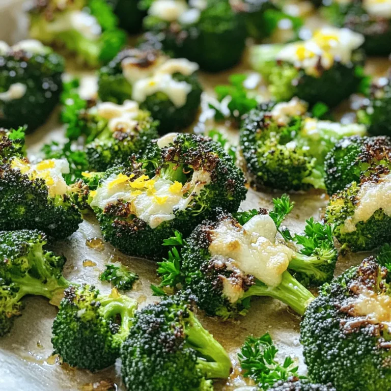 - 1 lb broccoli florets - 3 tablespoons olive oil - 4 cloves garlic, minced - ½ cup grated Parmesan cheese - ½ teaspoon red pepper flakes - Zest of 1 lemon - Fresh parsley, chopped for garnish - Salt and pepper to taste Garlic Parmesan Roasted Broccoli is a simple yet tasty side dish. The main ingredients are easy to find. Broccoli florets bring a nice crunch and bright green color. Olive oil gives the broccoli flavor and helps it roast well. Garlic adds a wonderful aroma and taste. The Parmesan cheese melts beautifully, making every bite rich and savory. You can add optional ingredients for extra flair. Red pepper flakes give the dish a spicy kick. Lemon zest brightens the flavor and adds freshness. Chopped parsley is great for a pop of color and taste. Season with salt and pepper to make the flavors shine. Remember to adjust these to your liking. You can follow the [Full Recipe] for easy steps to make this dish. - Preheat your oven to 425°F (220°C). - Prepare 1 pound of broccoli florets. In a large bowl, combine the florets with 3 tablespoons of olive oil and 4 minced garlic cloves. - Spread the broccoli mixture evenly on a baking sheet. Make sure the florets are in a single layer. - Roast the broccoli for 15 minutes until it is tender and has a nice brown color. - After roasting, remove the baking sheet from the oven. Sprinkle ½ cup of grated Parmesan cheese over the broccoli. - Return the baking sheet to the oven for 5 more minutes. This helps the cheese melt and become golden. - Once done, zest a lemon over the broccoli for a fresh burst of flavor. - Finally, garnish the dish with chopped parsley before serving. This adds color and brightness to your meal. For the complete recipe, check the Full Recipe section. - Ensure the broccoli is evenly coated in olive oil for even roasting. This helps the broccoli cook nicely and brown well. - Use fresh garlic for the best flavor profile. Fresh garlic gives a strong, tasty kick that dried garlic cannot match. - Pair with grilled meats or serve as a side dish. This dish complements proteins like chicken or steak. - Serve with a squeeze of lemon for added freshness. The lemon brightens the flavors and balances the richness. - Avoid overcrowding the baking sheet, which can lead to steaming instead of roasting. Give each piece space to crisp up. - Do not rush the melting of the cheese. Allow it enough time to melt properly, ensuring a rich, gooey topping. For the complete Garlic Parmesan Roasted Broccoli recipe, check out the Full Recipe. {{image_2}} You can mix things up with different cheeses. Substitute Parmesan with Asiago or Pecorino Romano. Both add a nice twist. If you want something tangy, try a sprinkle of feta cheese. It gives a fresh burst that works well with broccoli. If you like heat, increase the red pepper flakes. This adds a nice kick to your dish. You can also add a dash of smoked paprika. This brings a smoky flavor that enhances the roasted taste. Roasting other vegetables with the broccoli is a fun idea. You can mix in carrots or bell peppers. They add color and sweetness. Chopped onions are another great addition. They caramelize as they roast, giving a sweet touch to your dish. For the full recipe, you can check out the complete details. Store any leftovers in an airtight container for up to 3 days. This keeps the broccoli fresh and tasty. Make sure the container seals well to avoid moisture loss. Reheat your broccoli in the oven or air fryer to keep it crispy. Set the oven to 350°F (175°C) for about 10 minutes. If you use a microwave, it will heat faster but may make the texture softer. Freezing is not the best choice for this dish. Broccoli can lose its crispness when frozen. If you must freeze it, keep it in a freezer-safe bag for up to a month. When you thaw it, the texture may change. For the best flavor and crunch, enjoy it fresh. The total time is approximately 25 minutes, including prep and cooking. This quick dish makes it easy to enjoy gourmet flavors without spending hours in the kitchen. Fresh broccoli is recommended for the best texture and flavor, but frozen can be used with adjustments. If using frozen, thaw it and pat it dry to avoid excess moisture. This helps keep the broccoli crisp during roasting. It pairs well with various proteins like chicken, fish, or tofu. The rich cheese and garlic flavor complement many meals. You can also serve it alongside pasta or grains for a hearty dish. For more ideas, check out the Full Recipe for Garlic Parmesan Roasted Broccoli. This blog post showed you how to make Garlic Parmesan Roasted Broccoli. You learned about key ingredients, instructions, and tips to ensure success. We discussed options for spicing it up and serving it well. Remember to choose fresh broccoli for the best taste. Keep leftovers in the fridge and reheat for crispiness. With these steps, you can enjoy a savory side dish that adds flavor to any meal. Enjoy creating this easy and delicious recipe!