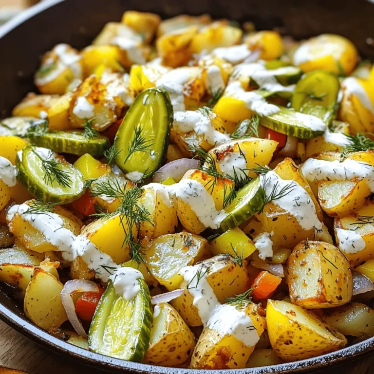 To make Pickle Ranch Potato Hash, you'll need: - 4 medium russet potatoes, diced - 1 tablespoon olive oil - 1/2 cup diced onion - 1/2 cup diced bell pepper (any color) - 1/2 cup sliced dill pickles - 1/4 cup pickling juice (from the pickle jar) - 1 teaspoon garlic powder - 1 teaspoon onion powder - 1 teaspoon smoked paprika - Salt and pepper to taste - 2 tablespoons ranch dressing (optional) - Fresh dill for garnish If you don't have russet potatoes, you can use Yukon gold or red potatoes. They work well too. For olive oil, feel free to use butter for a richer taste. If you prefer a different flavor, you can swap dill pickles for bread-and-butter pickles. They add sweetness and flavor. If you can't find smoked paprika, regular paprika will still give your dish a nice taste. You will need a few items to make this dish: - A large pot for boiling potatoes - A large skillet for cooking - A cutting board and knife for dicing - A spatula for stirring - A mixing bowl for any extra ingredients These tools will help you cook the hash easily and enjoy the process. To make Pickle Ranch Potato Hash, start by gathering your ingredients. You will need russet potatoes, olive oil, onion, bell pepper, dill pickles, pickling juice, and seasonings. This recipe is quick and easy. It takes about 15 minutes to prep and 30 minutes to cook. You’ll end up with four tasty servings. 1. Boil the Potatoes: Fill a large pot with water and bring it to a boil. Once boiling, add the diced potatoes. Cook them for 5-7 minutes. You want them slightly tender but not fully cooked. Drain the potatoes and set them aside. 2. Sauté the Vegetables: In a large skillet, heat the olive oil over medium heat. Once it's hot, add the diced onion and bell pepper. Sauté them for about 3-4 minutes. They should become soft but still colorful. 3. Combine and Cook Potatoes: Add the drained potatoes to the skillet with the onion and bell pepper. Cook for about 10 minutes. Stir occasionally to get them golden brown and crispy. 4. Add Flavor: Stir in the sliced dill pickles, pickling juice, garlic powder, onion powder, smoked paprika, salt, and pepper. Mix well until all the potatoes are coated. Cook for another 3-5 minutes. 5. Finish with Ranch (Optional): If you like ranch dressing, drizzle it over the hash. Gently toss to combine, and cook for an extra minute to heat it through. 6. Garnish and Serve: Remove the skillet from the heat. Garnish with fresh dill before serving. - Choose the right potatoes: Use russet potatoes for their fluffiness. - Don’t overcook: Boil just until slightly tender. This helps them crisp up later. - Cut evenly: Dice potatoes into even pieces for uniform cooking. - Keep the heat steady: Medium heat helps achieve that perfect golden crust without burning. By following these steps, you will create a delicious and comforting dish that everyone will love. For the full recipe, check the beginning of this article. Enjoy your cooking! To make Pickle Ranch Potato Hash shine, use firm potatoes. Russets work best. They get crispy and fluffy. Boil them just until slightly tender. This step ensures they cook perfectly in the skillet. Be patient while they brown. Stir them gently to avoid breaking. Each piece should be golden and crisp. You can boost the flavor in many ways. Add fresh herbs like chives or parsley for brightness. A pinch of cayenne pepper can add heat. If you love cheese, try adding shredded cheddar or feta. Mix in some cooked bacon for a smoky kick. Drizzling ranch dressing at the end adds creaminess. This step makes the dish rich and satisfying. One common mistake is overcooking the potatoes. If they're too soft, they won’t crisp up. Another mistake is skipping the pickling juice. This juice gives a tangy flavor. Don’t rush when browning the potatoes. If you crowd the pan, they will steam instead of fry. Lastly, remember to taste and adjust salt and pepper. Balancing the flavors is key to a perfect dish. {{image_2}} You can easily change some ingredients in Pickle Ranch Potato Hash. Try using sweet potatoes instead of russets for a sweeter taste. If you want a different texture, use cauliflower for a low-carb option. You can swap out olive oil for butter for a richer flavor. Any color bell pepper works, but jalapeños add heat. Use dill relish instead of sliced pickles for a sweeter bite. This dish can fit many diets. For gluten-free eaters, check your ranch dressing. You can make it vegan by omitting ranch and using oil. If you want a healthier version, skip the ranch and use less oil. For those on a low-sodium diet, go easy on the salt and pickling juice. Get creative with flavors! For a spicy kick, add some hot sauce or cayenne pepper. If you like herbs, fresh parsley or chives can brighten the dish. For a smoky taste, try adding smoked sausage or bacon. You can even switch the seasoning: taco or Italian spices can give it a whole new twist. The full recipe lets you explore these options. After you make Pickle Ranch Potato Hash, let it cool to room temperature. Then, transfer it to an airtight container. Store it in the fridge. It lasts for about three to four days. When you're ready to eat, check for any signs of spoilage before reheating. If you want to freeze the hash, cool it first. Place it in a freezer-safe container or bag. Be sure to remove as much air as possible. This dish can freeze well for up to three months. When you want to enjoy it again, thaw it in the fridge overnight before reheating. To reheat, you have a few options. You can use a skillet over medium heat. Add a splash of olive oil to help crisp it up. Stir occasionally until hot. Alternatively, use the microwave. Place the hash in a microwave-safe dish and cover it. Heat in short bursts, stirring in between, until it’s warm. Enjoy your comforting dish again! For the full recipe, check the link. Pickle Ranch Potato Hash is a tasty dish that mixes crispy potatoes with pickles. You get a great crunch from the potatoes and a tangy punch from the pickles. This dish also has onions and bell peppers for added flavor. The pickling juice adds a zesty kick that makes it stand out. You can serve it as a main dish or a side. It’s comfort food at its best! Yes, you can make this dish ahead of time. Cook the potatoes and veggies, then store them in the fridge. Just keep them in an airtight container. When you’re ready to eat, heat them in a skillet until hot. This saves time on busy mornings or when you have guests. Adding protein to Pickle Ranch Potato Hash is easy. You can mix in cooked bacon or sausage for a meaty option. If you prefer meatless, try adding beans or tofu. You can also top the hash with fried or poached eggs. This way, you create a more filling meal. For more details, check the Full Recipe. This blog post covered everything you need for Pickle Ranch Potato Hash. We explored ingredients, equipment, and detailed cooking steps. I shared tips to avoid common mistakes and suggested ways to enhance flavor. You learned about ingredient swaps and how to store leftovers. By following these steps, you can make a delicious dish that suits your taste. Enjoy experimenting with variations to find your favorite!