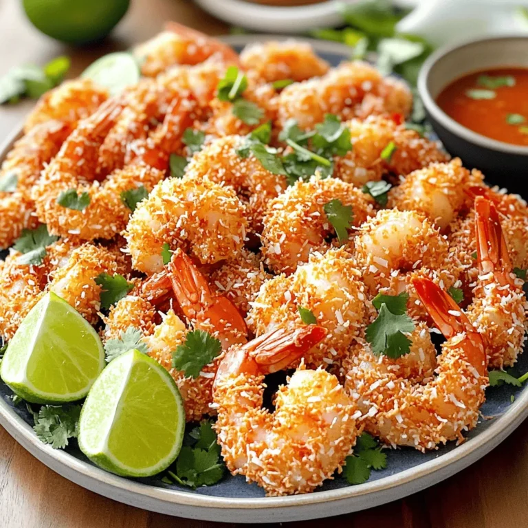 To make crispy coconut shrimp, gather these key ingredients: - 1 pound large shrimp, peeled and deveined - 1 cup all-purpose flour - 2 large eggs - 1 cup shredded coconut (preferably sweetened) - 1 cup Panko breadcrumbs - 1 teaspoon garlic powder - 1 teaspoon paprika - Salt and pepper to taste - Oil for frying These ingredients give your shrimp that perfect crunch and flavor. For shrimp, I suggest using wild-caught shrimp. Brands like SeaPak and Gorton’s offer good quality. When it comes to coatings, I prefer using Sweetened Shredded Coconut from Baker's or Bob's Red Mill. Their Panko breadcrumbs are always light and crisp, making your shrimp even better. To take your crispy coconut shrimp to the next level, consider adding: - A squeeze of lime juice - A dash of cayenne pepper for heat - Fresh herbs like cilantro or parsley These extra ingredients add depth and freshness, making the dish even tastier. For the full recipe, check out the detailed steps to create this yummy dish. Start by setting up your breading station. You need three shallow dishes. In the first dish, add 1 cup of all-purpose flour. In the second dish, beat 2 large eggs. In the third dish, mix 1 cup of shredded coconut with 1 cup of Panko breadcrumbs. Add 1 teaspoon each of garlic powder and paprika. Don't forget to season with salt and pepper to taste. This setup makes it easy to coat the shrimp. Now, it’s time to coat the shrimp. First, pat 1 pound of large shrimp dry with paper towels. This step helps the coating stick better. Take each shrimp and dredge it in the flour. Shake off any extra flour. Next, dip the shrimp in the beaten eggs. Let any excess drip back into the dish. Finally, coat the shrimp in the coconut-Panko mix. Press gently to make sure the coating sticks well. For frying, heat about 1 inch of oil in a large skillet. Aim for medium-high heat. You want the oil to shimmer, which means it is hot enough. This usually takes about 350°F or 175°C. Carefully add the shrimp in batches. Do not overcrowd the pan. Fry each batch for about 2 to 3 minutes. You want them golden brown and crispy. Once done, use a slotted spoon to transfer the shrimp to a paper towel-lined plate. This step helps drain any excess oil. Let them cool slightly before you serve. For the full recipe, check the earlier section. For crispy coconut shrimp, the key is moisture control. Start by patting the shrimp dry with paper towels. Removing moisture helps the coating stick better. Use Panko breadcrumbs instead of regular breadcrumbs. Panko adds a light, airy crunch. Fry in oil that is hot, about 350°F. If the oil is too cool, the shrimp will absorb too much oil and turn soggy. One common mistake is overcrowding the pan while frying. This lowers the oil temperature, leading to greasy shrimp. Always fry in small batches. Another mistake is not pressing the coating onto the shrimp. Be sure to press the coconut-Panko mix firmly. This will ensure the coating stays on during frying. Seasoning is key for great flavor. Before breading, sprinkle the shrimp with salt and pepper. This simple step enhances the taste. You can also add a pinch of cayenne or chili powder to the coconut-Panko mixture for a kick. For an extra burst of flavor, try adding some lime zest to the mix. This pairs well with the shrimp and coconut. For the full recipe, check out Crispy Coconut Shrimp. {{image_2}} You can add unique flavors to your coconut shrimp. Try using lime zest for a citrusy twist. You can also mix in some curry powder for a taste of the tropics. Adding some chopped fresh herbs like cilantro or basil can brighten the dish. You can even use spicy breadcrumbs for extra heat. These changes keep the recipe fresh and exciting. Frying brings a wonderful crunch, but baking is a healthier choice. To bake, preheat your oven to 400°F (200°C). Place the coated shrimp on a baking sheet. Spray them lightly with oil for a golden finish. Bake for about 15-20 minutes, flipping halfway through. This method cuts down on oil and still gives a nice crunch. Coconut shrimp is versatile. You can give it an international flair. For a Caribbean twist, add mango chutney on the side. If you want an Asian flavor, serve it with a sweet soy sauce. You can also try using coconut milk for a marinade. This will add moisture and flavor. Each twist brings new life to this classic dish, making it fun to explore. Store leftover coconut shrimp in an airtight container. Let the shrimp cool first. Place a paper towel inside to absorb moisture. This keeps them crispy for a while. You can keep them in the fridge for up to two days. To reheat coconut shrimp, use the oven for best results. Preheat your oven to 375°F (190°C). Place the shrimp on a baking sheet in a single layer. Bake for about 10-12 minutes. This method restores their crunch. You can also use an air fryer if you want quick heat. Set it to 350°F (175°C) for 5-7 minutes. You can freeze coconut shrimp if you want to save them. First, let them cool completely. Lay them out on a baking sheet in a single layer. Freeze until firm, then transfer to a freezer bag. Remove as much air as possible. They will last up to three months in the freezer. When ready to eat, bake or fry them from frozen. This keeps them tasty and crunchy. Check out the Full Recipe for more tips! The best shrimp for coconut shrimp is large shrimp. I recommend using peeled and deveined shrimp. This makes prep easy and quick. Fresh shrimp works great, but frozen shrimp saves time. Just thaw them properly before cooking. The size matters because larger shrimp hold up better during frying. You want a good bite with each piece. Yes, you can prepare coconut shrimp ahead. I suggest breading the shrimp and storing them in the fridge. Cover them well with plastic wrap. This keeps them fresh for a few hours. If you want to store them longer, freeze the breaded shrimp. You can fry them straight from the freezer when ready. Just add a few extra minutes to the cooking time. Crispy coconut shrimp tastes great with many sauces. Sweet chili sauce is a favorite for its balance of heat and sweetness. You can also try a tangy mango sauce for a tropical twist. A simple mix of ketchup and horseradish adds a nice kick, too. For a creamy option, use a coconut yogurt dip. Each sauce brings out the shrimp's flavor in a unique way. In this blog post, we explored how to craft crispy coconut shrimp. We covered the main ingredients, including recommended brands for shrimp and coatings. The step-by-step instructions ensure perfect frying. I shared tips for extra crispiness and common mistakes to avoid. You can also try different flavors and storage tips for leftovers. Crispy coconut shrimp is a tasty dish with many variations. Go ahead and experiment, and you’ll impress everyone at your next meal! Enjoy your cooking adventure!