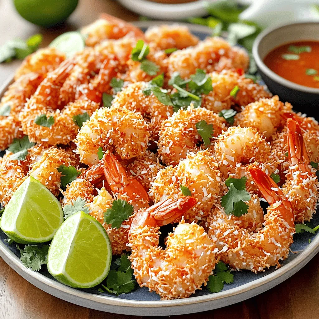 To make crispy coconut shrimp, gather these key ingredients: - 1 pound large shrimp, peeled and deveined - 1 cup all-purpose flour - 2 large eggs - 1 cup shredded coconut (preferably sweetened) - 1 cup Panko breadcrumbs - 1 teaspoon garlic powder - 1 teaspoon paprika - Salt and pepper to taste - Oil for frying These ingredients give your shrimp that perfect crunch and flavor. For shrimp, I suggest using wild-caught shrimp. Brands like SeaPak and Gorton’s offer good quality. When it comes to coatings, I prefer using Sweetened Shredded Coconut from Baker's or Bob's Red Mill. Their Panko breadcrumbs are always light and crisp, making your shrimp even better. To take your crispy coconut shrimp to the next level, consider adding: - A squeeze of lime juice - A dash of cayenne pepper for heat - Fresh herbs like cilantro or parsley These extra ingredients add depth and freshness, making the dish even tastier. For the full recipe, check out the detailed steps to create this yummy dish. Start by setting up your breading station. You need three shallow dishes. In the first dish, add 1 cup of all-purpose flour. In the second dish, beat 2 large eggs. In the third dish, mix 1 cup of shredded coconut with 1 cup of Panko breadcrumbs. Add 1 teaspoon each of garlic powder and paprika. Don't forget to season with salt and pepper to taste. This setup makes it easy to coat the shrimp. Now, it’s time to coat the shrimp. First, pat 1 pound of large shrimp dry with paper towels. This step helps the coating stick better. Take each shrimp and dredge it in the flour. Shake off any extra flour. Next, dip the shrimp in the beaten eggs. Let any excess drip back into the dish. Finally, coat the shrimp in the coconut-Panko mix. Press gently to make sure the coating sticks well. For frying, heat about 1 inch of oil in a large skillet. Aim for medium-high heat. You want the oil to shimmer, which means it is hot enough. This usually takes about 350°F or 175°C. Carefully add the shrimp in batches. Do not overcrowd the pan. Fry each batch for about 2 to 3 minutes. You want them golden brown and crispy. Once done, use a slotted spoon to transfer the shrimp to a paper towel-lined plate. This step helps drain any excess oil. Let them cool slightly before you serve. For the full recipe, check the earlier section. For crispy coconut shrimp, the key is moisture control. Start by patting the shrimp dry with paper towels. Removing moisture helps the coating stick better. Use Panko breadcrumbs instead of regular breadcrumbs. Panko adds a light, airy crunch. Fry in oil that is hot, about 350°F. If the oil is too cool, the shrimp will absorb too much oil and turn soggy. One common mistake is overcrowding the pan while frying. This lowers the oil temperature, leading to greasy shrimp. Always fry in small batches. Another mistake is not pressing the coating onto the shrimp. Be sure to press the coconut-Panko mix firmly. This will ensure the coating stays on during frying. Seasoning is key for great flavor. Before breading, sprinkle the shrimp with salt and pepper. This simple step enhances the taste. You can also add a pinch of cayenne or chili powder to the coconut-Panko mixture for a kick. For an extra burst of flavor, try adding some lime zest to the mix. This pairs well with the shrimp and coconut. For the full recipe, check out Crispy Coconut Shrimp. {{image_2}} You can add unique flavors to your coconut shrimp. Try using lime zest for a citrusy twist. You can also mix in some curry powder for a taste of the tropics. Adding some chopped fresh herbs like cilantro or basil can brighten the dish. You can even use spicy breadcrumbs for extra heat. These changes keep the recipe fresh and exciting. Frying brings a wonderful crunch, but baking is a healthier choice. To bake, preheat your oven to 400°F (200°C). Place the coated shrimp on a baking sheet. Spray them lightly with oil for a golden finish. Bake for about 15-20 minutes, flipping halfway through. This method cuts down on oil and still gives a nice crunch. Coconut shrimp is versatile. You can give it an international flair. For a Caribbean twist, add mango chutney on the side. If you want an Asian flavor, serve it with a sweet soy sauce. You can also try using coconut milk for a marinade. This will add moisture and flavor. Each twist brings new life to this classic dish, making it fun to explore. Store leftover coconut shrimp in an airtight container. Let the shrimp cool first. Place a paper towel inside to absorb moisture. This keeps them crispy for a while. You can keep them in the fridge for up to two days. To reheat coconut shrimp, use the oven for best results. Preheat your oven to 375°F (190°C). Place the shrimp on a baking sheet in a single layer. Bake for about 10-12 minutes. This method restores their crunch. You can also use an air fryer if you want quick heat. Set it to 350°F (175°C) for 5-7 minutes. You can freeze coconut shrimp if you want to save them. First, let them cool completely. Lay them out on a baking sheet in a single layer. Freeze until firm, then transfer to a freezer bag. Remove as much air as possible. They will last up to three months in the freezer. When ready to eat, bake or fry them from frozen. This keeps them tasty and crunchy. Check out the Full Recipe for more tips! The best shrimp for coconut shrimp is large shrimp. I recommend using peeled and deveined shrimp. This makes prep easy and quick. Fresh shrimp works great, but frozen shrimp saves time. Just thaw them properly before cooking. The size matters because larger shrimp hold up better during frying. You want a good bite with each piece. Yes, you can prepare coconut shrimp ahead. I suggest breading the shrimp and storing them in the fridge. Cover them well with plastic wrap. This keeps them fresh for a few hours. If you want to store them longer, freeze the breaded shrimp. You can fry them straight from the freezer when ready. Just add a few extra minutes to the cooking time. Crispy coconut shrimp tastes great with many sauces. Sweet chili sauce is a favorite for its balance of heat and sweetness. You can also try a tangy mango sauce for a tropical twist. A simple mix of ketchup and horseradish adds a nice kick, too. For a creamy option, use a coconut yogurt dip. Each sauce brings out the shrimp's flavor in a unique way. In this blog post, we explored how to craft crispy coconut shrimp. We covered the main ingredients, including recommended brands for shrimp and coatings. The step-by-step instructions ensure perfect frying. I shared tips for extra crispiness and common mistakes to avoid. You can also try different flavors and storage tips for leftovers. Crispy coconut shrimp is a tasty dish with many variations. Go ahead and experiment, and you’ll impress everyone at your next meal! Enjoy your cooking adventure!