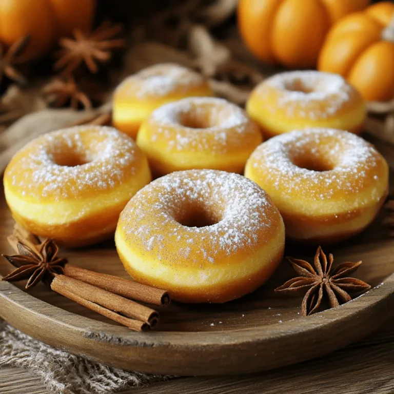 To make these baked pumpkin spice donuts, you need a few key ingredients. Here’s what you will need: - 1 cup pumpkin puree - 1/2 cup granulated sugar - 1/2 cup brown sugar, packed - 1/4 cup vegetable oil - 2 large eggs - 1 teaspoon vanilla extract - 2 cups all-purpose flour - 2 teaspoons baking powder - 1 teaspoon baking soda - 1 tablespoon pumpkin pie spice - 1/2 teaspoon salt - 1/4 teaspoon nutmeg - 1/4 cup milk (or plant-based alternative) These ingredients blend together to create a moist and flavorful donut. The pumpkin puree gives it a rich texture, while the sugars add sweetness. Once your donuts are baked, you can add some tasty toppings. Here are a few ideas: - Powdered sugar dusting - Simple glaze made from powdered sugar and milk - Cinnamon sugar coating - Chopped nuts for crunch These toppings not only enhance the taste but also make your donuts look more appealing. Feel free to mix and match to find your favorite combo! If you need to make changes, here are some easy swaps: - Use applesauce instead of vegetable oil for a lighter option. - Substitute honey or maple syrup for granulated sugar. - Choose whole wheat flour for a healthier choice. These swaps can still keep your donuts delicious while catering to different diets or preferences. Enjoy creating your perfect treat! For the complete set of steps, check out the Full Recipe. To make these baked pumpkin spice donuts, start with your oven. Preheat it to 350°F (175°C). Grab a donut pan and lightly grease it with cooking spray. This helps the donuts come out easily. In a large mixing bowl, combine the pumpkin puree, granulated sugar, brown sugar, and vegetable oil. Whisk until the mix is smooth. Next, add the eggs one by one. Make sure to mix well after each egg. Then, stir in the vanilla extract for added flavor. In another bowl, mix the dry ingredients: flour, baking powder, baking soda, pumpkin pie spice, salt, and nutmeg. Then, slowly add this dry mix to the wet ingredients. Alternate with the milk, starting and ending with the dry mix. Stir until just combined. This helps keep the donuts light and fluffy. Once your batter is ready, spoon it into the donut pan. Fill each cavity about three-quarters full. This gives the donuts room to rise without spilling over. Bake them for 12-15 minutes. To check if they’re done, insert a toothpick into the center. If it comes out clean, they’re ready. After baking, let the donuts cool in the pan for about 5 minutes. This helps them firm up a bit. Next, transfer them to a wire rack. Let them cool completely before serving. For a fun touch, dust the donuts with powdered sugar or dip them in a simple glaze made from powdered sugar and milk. Arrange them on a plate, adding cinnamon sticks and star anise for a cozy autumn vibe. Enjoy your delicious treats! To get the best baked pumpkin spice donuts, start with fresh pumpkin puree. Use canned pumpkin if you prefer, but check the label. Make sure it’s pure pumpkin, not pumpkin pie filling. This keeps the flavor strong and pure. Whisk the wet and dry ingredients separately before mixing. This helps blend them better and avoids lumps. Fill your donut pan about three-quarters full. This allows space for rising without spilling over. One common mistake is over-mixing the batter. This makes the donuts tough instead of soft. Mix until just combined. Another mistake is not greasing the pan well. If they stick, you’ll lose that perfect shape. Check your oven temperature with a thermometer. An oven that’s too hot or too cool can ruin your donuts. Lastly, don’t skip the cooling time. Donuts need to cool to set properly and taste great. Spices are key to the flavor of these donuts. Pumpkin pie spice brings warmth and depth. Consider adding a pinch of cinnamon or cloves for extra flavor. Nutmeg adds a nice touch too, but go easy on it; it can be strong. If you want a little heat, a dash of ginger can brighten the taste. Experiment with these spices to find your perfect blend. You can also add a splash of maple syrup for a sweet twist. {{image_2}} You can make these donuts gluten-free easily. Just swap all-purpose flour for a gluten-free blend. Look for a blend that includes xanthan gum. This will help the donuts hold together. The taste will still be great, and you won’t miss the gluten. To make vegan pumpkin spice donuts, replace the eggs and milk. Use flax eggs and almond milk instead. For flax eggs, mix one tablespoon of ground flaxseed with three tablespoons of water. Let it sit for five minutes. This will bind the ingredients just like eggs. The result will be just as tasty and moist! Feel free to get creative! Add chocolate chips or chopped nuts to the batter for extra texture. You can also mix in dried fruits like cranberries or raisins. For a twist, try adding a splash of maple syrup or orange zest. These flavors will elevate the taste and make each bite unique. Explore the Full Recipe for more ideas on how to customize your baked pumpkin spice donuts! To keep your baked pumpkin spice donuts fresh, store them in an airtight container. This helps prevent them from drying out. Place a paper towel at the bottom of the container to absorb moisture. It’s best to keep them at room temperature for up to two days. If you want to enjoy them later, freezing is a great option. If you want to save your donuts for later, freezing works well. Let the donuts cool completely before freezing. Wrap each donut tightly in plastic wrap. Then, place them in a freezer-safe bag or container. They can last in the freezer for up to three months. When you’re ready to enjoy them, just thaw them at room temperature. To bring back the fresh, warm taste, reheat your donuts in the oven. Preheat your oven to 350°F (175°C). Place the donuts on a baking sheet for about 5-10 minutes. This will warm them up nicely and keep them soft. For a quick option, you can also use the microwave. Heat each donut for about 10-15 seconds. Enjoy your cozy treat! Baked pumpkin spice donuts stay fresh for about 3 days. Store them in an airtight container. If you want them to last longer, you can freeze them. Just make sure to wrap each donut well. They can last for up to 3 months in the freezer. Yes, you can make the batter ahead of time! Mix it and store it in the fridge for up to 24 hours. Just remember to give it a good stir before you bake. This makes it easy to enjoy fresh donuts any time you want. Pumpkin spice donuts pair well with many drinks. I recommend serving them with coffee or tea. You can also enjoy them with a scoop of vanilla ice cream for a sweet treat. If you like, add a side of whipped cream for extra fun. You can find the Full Recipe for baked pumpkin spice donuts in the article above. It includes all the steps and tips you need to make these tasty treats. Enjoy baking! Baked pumpkin spice donuts are easy to make and delicious to enjoy. You can create your batter, bake, and top your donuts with various flavors. Remember, you can customize these treats for special diets or personal taste. Storing them correctly keeps them fresh for longer. I hope these tips help you bake the best donuts. Enjoy your baking and share these tasty treats with friends!