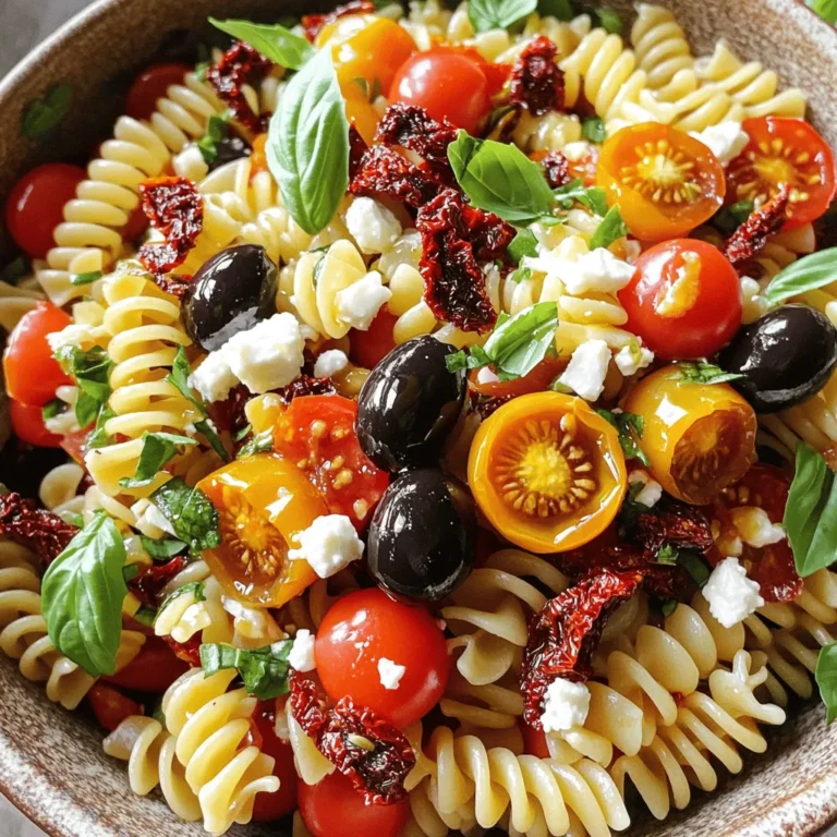 - 2 cups fusilli pasta - 1 cup sun-dried tomatoes, chopped - 1 cup cherry tomatoes, halved - 1/2 cup black olives, sliced - 1/2 cup feta cheese, crumbled - 1/4 cup fresh basil, chopped - 1/4 cup olive oil - 2 tablespoons balsamic vinegar - 1 teaspoon garlic powder - Salt and pepper to taste When you start this Sun-Dried Tomato Pasta Salad, the main ingredients shine bright. Fusilli pasta twists hold the dressing well, making each bite tasty. Sun-dried tomatoes bring a rich, tangy flavor. Cherry tomatoes add a fresh burst of sweetness. Next, the additional ingredients help balance the dish. Black olives give a salty bite. Feta cheese adds creaminess and a slight tang. Fresh basil introduces a light, herbal note. For the dressing, you’ll use olive oil for richness. Balsamic vinegar adds a lovely zing. Garlic powder enhances the overall flavor. Finally, season with salt and pepper to taste. This mix creates a salad packed with flavor and texture. For the full recipe, check the details above. Enjoy creating this delightful dish! - Bring salted water to a boil. This adds flavor to the pasta. - Cook fusilli according to package instructions. Aim for al dente. - Drain the pasta and let it cool. You want it to be room temperature. - In a large bowl, combine sun-dried tomatoes, cherry tomatoes, and olives. Their flavors blend well. - Next, add feta cheese and fresh basil. This gives the salad a nice creamy touch. - In a small bowl, whisk together olive oil, balsamic vinegar, garlic powder, salt, and pepper. Mix until smooth. - Pour the dressing over the salad and toss gently. This helps coat everything evenly. You can find the full recipe to make this dish delicious and fresh. Enjoy every bite! - Use sun-dried tomatoes packed in olive oil. This adds depth and richness. - Allow the salad to sit for flavor melding. Let it rest for at least 15 minutes. Letting the salad sit helps the flavors blend. You will taste the difference. The sun-dried tomatoes, olives, and feta all come together in a magical way. - Ensure pasta is al dente for ideal texture. This keeps the pasta firm and chewy. - Adjust salt and pepper to personal preference. Taste as you go for the best result. Cooking pasta just right is key. If it is too soft, the salad loses its crunch. - Serve chilled or at room temperature. This makes it refreshing, especially on warm days. - Perfect as a side dish or main course. You can pair it with grilled meats or serve it alone. This salad shines in any setting. It is colorful and full of flavor. For the full recipe, check out the details above! {{image_2}} You can switch up the pasta shape for fun. Try penne, rotini, or even whole wheat pasta. Each type brings a new twist to the dish. If you want a creamier texture, use mozzarella instead of feta cheese. Mozzarella adds a nice stretch and mild flavor that pairs well with sun-dried tomatoes. To boost nutrition, add fresh spinach or arugula. These greens give extra vitamins and a nice crunch. You can also toss in grilled chicken or chickpeas for protein. Both options make this salad heartier and more filling. If you want a zesty kick, try lemon vinaigrette instead of balsamic. The bright flavor of lemon enhances the salad. You can also mix in different herbs and spices. Consider using oregano, thyme, or even a pinch of chili flakes for heat. Experimenting with flavors keeps the dish exciting! For more delicious ideas, check out the Full Recipe for Sun-Dried Tomato Pasta Salad. To keep your Sun-Dried Tomato Pasta Salad fresh, store it in an airtight container in the refrigerator. This method helps lock in the flavors. It’s best to eat it within 3-4 days for optimal taste and texture. You can freeze this salad, but know that the texture may change. When you’re ready to enjoy it again, thaw it in the refrigerator before serving. This gentle method helps maintain its flavors. Before serving leftovers, refresh the salad with a drizzle of olive oil. This small step can bring back the vibrant taste and make it feel freshly made again. Enjoy it as a side dish or a light meal! For the full recipe, check out the instructions above. Yes, it's perfect for meal prep and tastes better the next day. The flavors blend, making each bite more delicious. I often make a big batch so I can enjoy it throughout the week. Just store it in the fridge in an airtight container. Consider adding grilled vegetables, nuts, or proteins like chicken or tuna. You can mix in roasted peppers for some heat or chickpeas for extra fiber. Feel free to get creative! Each of these options adds a unique twist to the salad. This recipe is already vegetarian-friendly. Just make sure that the cheese comes from a vegetarian source. You can also swap feta for a plant-based cheese to keep it vegan. The salad remains fresh and tasty either way. While you can use fresh tomatoes, the sun-dried variety enhances flavor significantly. Sun-dried tomatoes bring a deeper, richer taste that brightens the whole dish. For the best results, stick with the sun-dried ones when you can. This salad combines fresh flavors and easy steps for a perfect dish. You learned about the key ingredients, from fusilli pasta to sun-dried tomatoes and feta cheese. We also covered tips for enhancing taste and storage options. My final thought is that this salad is versatile. You can adjust it to fit your taste and needs. So, enjoy making this delightful dish at home and share it with others!