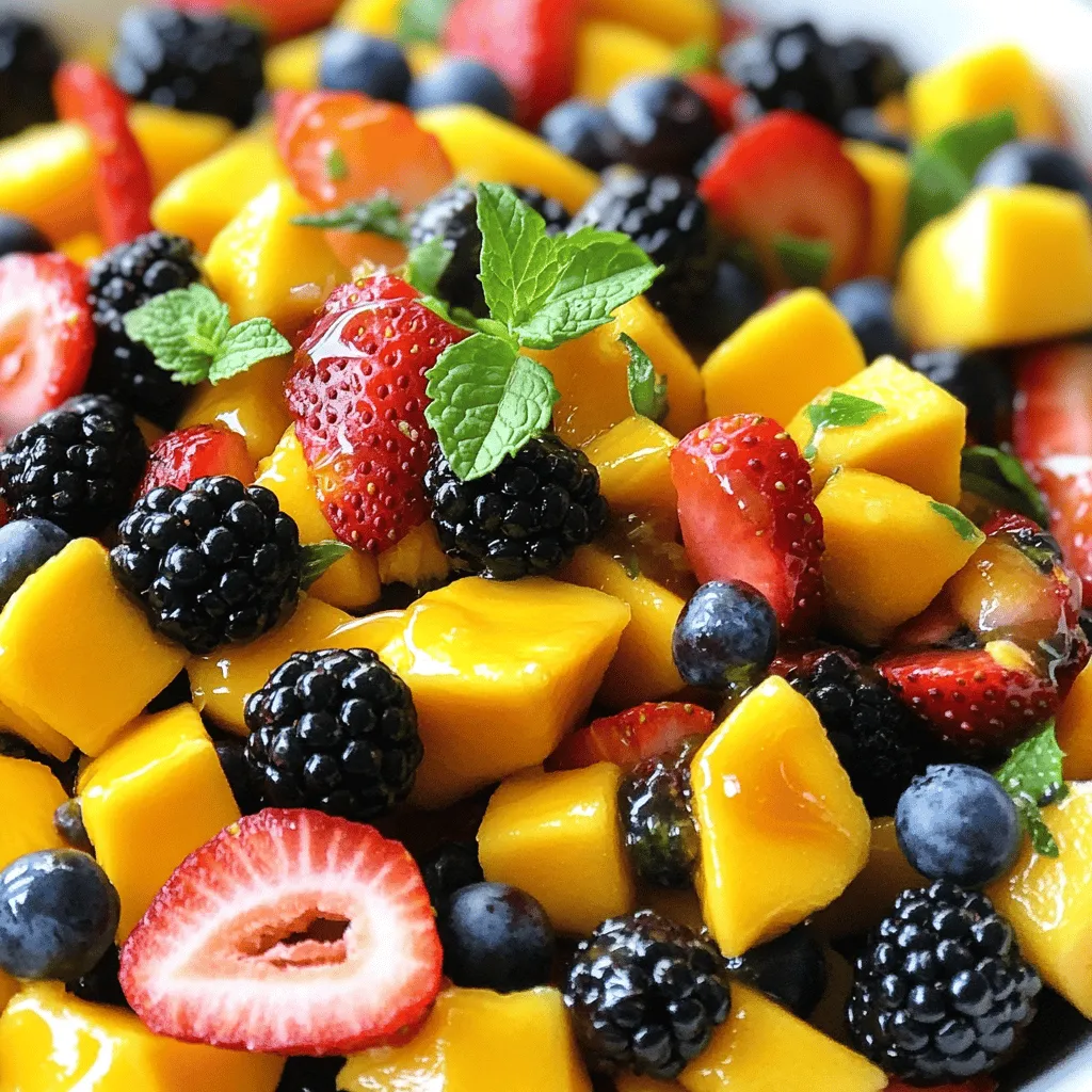 - Ripe mangoes: You need 2 ripe mangoes. Look for mangoes that feel soft when you squeeze them gently. Dice them into small cubes to make them easy to eat. - Fresh blackberries: Use 1 cup of fresh blackberries. Choose plump, shiny blackberries. Store them in the fridge. Do not wash them until you are ready to use them. - Additional fruits: Add 1 cup of strawberries, hulled and sliced. You can also include 1 cup of blueberries. These fruits add great color and taste to your salad. - Dressing ingredients: For the dressing, gather 2 tablespoons of honey and 2 tablespoons of fresh lime juice. You will need 1 tablespoon of fresh mint, finely chopped, and a pinch of sea salt. This mix brings out the flavors of the fruit. For the full recipe, check out the earlier section. Start by combining the fruits. In a large mixing bowl, add diced mangoes, fresh blackberries, sliced strawberries, and blueberries. Make sure to use ripe mangoes for the best taste. They should feel slightly soft but not mushy. Next, prepare the dressing. In a small bowl, whisk together honey, fresh lime juice, chopped mint, and a pinch of sea salt. This dressing adds a sweet and tangy flavor. You want it to blend well, so whisk until smooth. Now, toss the salad gently. Drizzle the honey-lime mixture over the fruit. Mix gently with a spatula or wooden spoon. Be careful not to mash the blackberries. Let the fruit salad sit for about 10 minutes. This resting time lets the flavors blend together. The honey-lime dressing soaks into the fruits, making each bite tastier. When ready to serve, consider presentation. A large, colorful bowl works well. You can also use individual mason jars for a fun twist. Garnish with extra mint leaves on top. This adds a nice pop of color and freshness. You can find the full recipe for more details. To make a great mango blackberry fruit salad, picking ripe fruits is key. Look for mangoes that have a slight give when you press them. They should smell sweet and fragrant. The skin can have a mix of green and yellow. Avoid mangoes with dark spots or wrinkles. For blackberries, choose plump, shiny berries that are deep black. They should not be squished or moldy. Fresh blackberries keep well in the fridge for a few days. To boost the flavor of your salad, think about adding more fruits. Sliced strawberries or blueberries add a nice touch. You can mix in a splash of orange juice for a tropical flair. For a zesty kick, try adding a bit of grated ginger. This will make your fruit salad pop with flavor. If you want a sweeter taste, drizzle a bit more honey over the top. For a fun twist, serve the fruit salad in individual mason jars. This makes it easy to grab for picnics or parties. You can also layer the fruits in a clear bowl to show off the colors. Top it with extra mint leaves for a fresh look. Another idea is to serve the salad on a large platter with lime wedges on the side. This way, guests can add lime juice to their taste. For the full recipe, check out the details above. {{image_2}} You can add a tropical twist to your mango blackberry fruit salad. Pineapple and kiwi work great here. They bring a fresh taste and extra sweetness. Just chop the pineapple and kiwi into small pieces. Toss them in with the mangoes and blackberries. The bright colors make the salad even prettier! For a berry medley, try adding raspberries or cranberries. Raspberries are soft and sweet, while cranberries add a tart bite. Both berries mix well with mangoes and blackberries. Just be sure to rinse them before adding. This mix brings a variety of flavors to your bowl! Want some crunch? Incorporate nuts or seeds into your fruit salad. Sliced almonds or chopped walnuts add texture and flavor. You can also use sunflower seeds for a nut-free option. Sprinkle them on top right before serving. This gives your salad a delightful crunch! Try out these variations to keep your salad exciting. You can find the full recipe to enjoy all the flavors! To keep your mango blackberry fruit salad fresh, store it in an airtight container. This helps seal in moisture and keep out air. Place it in the fridge right after you make it. Avoid leaving it at room temperature for too long. The cold will help maintain the fruit’s bright colors and crisp texture. If you have leftovers, they can last in the fridge for about two days. After that, the fruit may start to get mushy. Make sure to cover the container tightly. If the salad looks or smells off, it’s best to toss it. Remember, freshness is key to enjoying this tasty salad! Can you freeze fruit salad? I don’t recommend freezing it. The texture of the fruit changes when frozen and thawed. If you really want to freeze it, do so without the dressing. Pack the fruits in a freezer bag, and squeeze out the air. When ready to eat, thaw in the fridge overnight. Use it quickly, as it won't taste the same as fresh. For the best experience, enjoy your mango blackberry bliss salad right after making it. For the full recipe, check out the details above! Yes, you can use frozen fruits in this salad. Frozen fruits work well when fresh fruits are not available. They are picked at their peak ripeness and frozen quickly. This locks in flavor and nutrients. However, be aware that frozen fruits can release water as they thaw. To avoid a watery salad, drain excess liquid before mixing. For best results, let the fruits thaw in the fridge overnight. This keeps them firm and tasty. To prevent mango from browning, use lime juice. Lime juice acts as a natural preservative. It slows down the oxidation process. Simply squeeze fresh lime juice over the diced mango right after cutting. This keeps the fruit looking fresh and bright. Remember to mix it well with other fruits. This will help coat all the pieces evenly. While honey-lime is a classic dressing, you can try other options too. Here are some ideas: - Coconut yogurt: Adds creaminess and a hint of coconut flavor. - Orange juice: Brightens the salad with a citrusy twist. - Maple syrup: Offers a rich sweetness that pairs well with berries. - Balsamic glaze: Drizzle for a unique and tangy contrast. Yes, this salad is great for meal prep. You can prepare it a day ahead. Just store it in an airtight container. Keep the dressing separate until ready to serve. This helps the fruits stay fresh and not soggy. You can also portion it into smaller containers for easy grab-and-go snacks. It’s a healthy option to have ready for busy days! For the full recipe, check out the Mango Blackberry Bliss Salad. This blog post covered how to make a fresh fruit salad with ripe mangoes, blackberries, and other fruits. You learned to prepare the dressing and combine the ingredients simply. I shared tips for selecting the best fruits and creative serving ideas. Remember, you can customize your salad with variations like tropical twists or nutty additions. Store your salad for freshness and enjoy it anytime. With these steps, you can make a delicious fruit salad that impresses at any gathering. Enjoy making your next fruit salad!