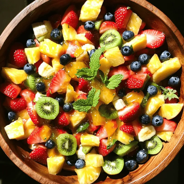 When I make Honey Lime Fruit Salad, I love to use fresh, vibrant fruits. Here’s what you’ll need: - Strawberries - Blueberries - Pineapple - Kiwi - Watermelon - Banana These fruits mix well together. They bring different colors and flavors to the dish. Strawberries and blueberries add sweetness. Pineapple gives it a tropical twist, while kiwi and watermelon add a juicy crunch. Finally, banana adds a creamy texture. For the dressing, you will need three simple ingredients: - Honey - Fresh lime juice - Lime zest I mix honey with lime juice and zest. This dressing adds a bright, tangy flavor. It balances the sweetness of the fruits. You can adjust the honey for your taste. For a special touch, consider adding: - Fresh mint leaves Mint leaves bring a fresh aroma. They also make the salad look beautiful. You can sprinkle them on top right before serving. For the full recipe, check out the detailed instructions. Enjoy making this refreshing salad! To start, wash your fruits well. Clean strawberries, blueberries, pineapple, kiwi, watermelon, and banana. Use a gentle touch with berries to avoid bruising. For the strawberries, hull them and cut them in half. Dice the pineapple into small pieces. Peel and slice the kiwi. Cube the watermelon and slice the banana. Once your fruits are ready, combine them in a large bowl. Make sure to mix them gently to keep the shapes intact. Next, we will make the honey lime dressing. In a small bowl, whisk together three tablespoons of honey, two tablespoons of fresh lime juice, and the zest of one lime. Whisk until the mixture is smooth and well combined. This step adds a bright, sweet flavor to the salad. Now, it’s time to bring it all together. Drizzle the honey lime dressing over your mixed fruit. Use a spatula to gently toss the fruit. Ensure each piece gets coated with the dressing. Let the salad sit for about ten minutes. This allows the flavors to meld and creates a refreshing dish. Serve the fruit salad in individual bowls or on a large platter. Don't forget to garnish it with fresh mint leaves for an extra pop of color and flavor. Enjoy your delicious creation! When choosing fruit for your salad, look for ripe and seasonal options. Ripe fruit tastes better and has more flavor. Seasonal fruit is often fresher and cheaper, too. I like to use a variety of colors in my salad. Bright red strawberries, deep blue blueberries, and sunny yellow pineapple create a feast for the eyes. This mix makes the dish fun and inviting. To adjust the sweetness, you can add more honey if you prefer. If it’s too sweet, squeeze in more lime juice for a nice balance. If you want a honey alternative, try maple syrup or agave nectar. These options work well and still taste great in your fruit salad. Serve your fruit salad cold for the best taste. Chill it in the fridge for a bit before serving. For a fun presentation, use clear cups or jars. Layer the fruit and dressing for a colorful look. Add fresh mint leaves on top for a pop of color and a hint of flavor. For the full recipe, check out the Honey Lime Fruit Salad! {{image_2}} You can swap out fruits in this salad. If you don't like a fruit, try a different one. Seasonal fruits can also be a great choice. For example, add peaches in summer or apples in fall. This keeps your salad fresh and fun. Always pick ripe fruits for the best taste. To make your salad more filling, add nuts or seeds. Chopped almonds or walnuts work great. They add crunch and nutrition. Another tasty option is yogurt. Pair your fruit salad with a scoop of Greek yogurt. It adds creaminess and extra protein. Add herbs or spices for a twist. Fresh mint or basil gives a nice flavor boost. A pinch of cinnamon can also add warmth. If you want to change the citrus, try orange juice instead of lime. This gives a sweet and tangy taste. You can mix and match to find your favorite flavors! For the full recipe, check out [Full Recipe]. To keep your honey lime fruit salad fresh, use airtight containers. Glass or plastic containers work well. Store the salad in the fridge right after serving. This keeps the fruit crisp and juicy. The salad lasts about 2 to 3 days in the fridge. After that, the fruit may get mushy. Freezing fruit salad isn't the best idea. The texture changes when fruit thaws. However, if you want to freeze it, prepare the salad without the honey-lime dressing. Place the fruit in a freezer-safe bag. Remove as much air as possible before sealing. To serve, thaw in the fridge overnight. Serve it fresh with the honey-lime dressing. You can make the fruit salad ahead of time. Prepare the fruit and place it in the fridge. This keeps it cool and fresh. Just add the honey-lime dressing right before serving. This way, the flavors stay bright. It’s a great way to save time. Enjoy a refreshing treat whenever you want! For the complete recipe, check out the Full Recipe. Yes, you can use different fruits in this salad. This recipe is very flexible. You can swap out strawberries for raspberries or blueberries for blackberries. Use your favorite fruits to create a mix you love. Seasonal fruits also work well. Try adding mango or peaches for extra sweetness. The salad lasts about 2 to 3 days in the fridge. To keep it fresh, store it in an airtight container. The fruits may start to lose their crunch after a day. So, enjoy it fresh for the best taste. If you need a honey substitute, try maple syrup or agave nectar. Both will add sweetness and work well with lime. If you want a sugar-free option, try stevia or monk fruit. Each option changes the flavor a bit, so choose what fits your taste. Yes, this fruit salad is very healthy. It is packed with vitamins and fiber from the fresh fruits. Strawberries and blueberries are great for your heart. Kiwi helps with digestion, while watermelon hydrates you. Plus, honey adds natural sweetness without refined sugar. Enjoy this salad as a snack or dessert! In this post, I shared a simple fruit salad recipe that dazzles any table. We explored fresh fruits, a tasty honey lime dressing, and tips to make your dish shine. You can mix up the ingredients based on what's in season or your preferences. The salad is easy to store and delightful to enjoy later. With these ideas, you can create a fresh, nutritious treat anytime. Dive in and enjoy your colorful creation!
