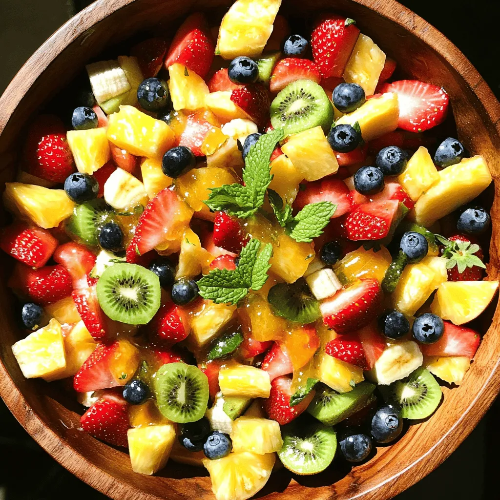 When I make Honey Lime Fruit Salad, I love to use fresh, vibrant fruits. Here’s what you’ll need: - Strawberries - Blueberries - Pineapple - Kiwi - Watermelon - Banana These fruits mix well together. They bring different colors and flavors to the dish. Strawberries and blueberries add sweetness. Pineapple gives it a tropical twist, while kiwi and watermelon add a juicy crunch. Finally, banana adds a creamy texture. For the dressing, you will need three simple ingredients: - Honey - Fresh lime juice - Lime zest I mix honey with lime juice and zest. This dressing adds a bright, tangy flavor. It balances the sweetness of the fruits. You can adjust the honey for your taste. For a special touch, consider adding: - Fresh mint leaves Mint leaves bring a fresh aroma. They also make the salad look beautiful. You can sprinkle them on top right before serving. For the full recipe, check out the detailed instructions. Enjoy making this refreshing salad! To start, wash your fruits well. Clean strawberries, blueberries, pineapple, kiwi, watermelon, and banana. Use a gentle touch with berries to avoid bruising. For the strawberries, hull them and cut them in half. Dice the pineapple into small pieces. Peel and slice the kiwi. Cube the watermelon and slice the banana. Once your fruits are ready, combine them in a large bowl. Make sure to mix them gently to keep the shapes intact. Next, we will make the honey lime dressing. In a small bowl, whisk together three tablespoons of honey, two tablespoons of fresh lime juice, and the zest of one lime. Whisk until the mixture is smooth and well combined. This step adds a bright, sweet flavor to the salad. Now, it’s time to bring it all together. Drizzle the honey lime dressing over your mixed fruit. Use a spatula to gently toss the fruit. Ensure each piece gets coated with the dressing. Let the salad sit for about ten minutes. This allows the flavors to meld and creates a refreshing dish. Serve the fruit salad in individual bowls or on a large platter. Don't forget to garnish it with fresh mint leaves for an extra pop of color and flavor. Enjoy your delicious creation! When choosing fruit for your salad, look for ripe and seasonal options. Ripe fruit tastes better and has more flavor. Seasonal fruit is often fresher and cheaper, too. I like to use a variety of colors in my salad. Bright red strawberries, deep blue blueberries, and sunny yellow pineapple create a feast for the eyes. This mix makes the dish fun and inviting. To adjust the sweetness, you can add more honey if you prefer. If it’s too sweet, squeeze in more lime juice for a nice balance. If you want a honey alternative, try maple syrup or agave nectar. These options work well and still taste great in your fruit salad. Serve your fruit salad cold for the best taste. Chill it in the fridge for a bit before serving. For a fun presentation, use clear cups or jars. Layer the fruit and dressing for a colorful look. Add fresh mint leaves on top for a pop of color and a hint of flavor. For the full recipe, check out the Honey Lime Fruit Salad! {{image_2}} You can swap out fruits in this salad. If you don't like a fruit, try a different one. Seasonal fruits can also be a great choice. For example, add peaches in summer or apples in fall. This keeps your salad fresh and fun. Always pick ripe fruits for the best taste. To make your salad more filling, add nuts or seeds. Chopped almonds or walnuts work great. They add crunch and nutrition. Another tasty option is yogurt. Pair your fruit salad with a scoop of Greek yogurt. It adds creaminess and extra protein. Add herbs or spices for a twist. Fresh mint or basil gives a nice flavor boost. A pinch of cinnamon can also add warmth. If you want to change the citrus, try orange juice instead of lime. This gives a sweet and tangy taste. You can mix and match to find your favorite flavors! For the full recipe, check out [Full Recipe]. To keep your honey lime fruit salad fresh, use airtight containers. Glass or plastic containers work well. Store the salad in the fridge right after serving. This keeps the fruit crisp and juicy. The salad lasts about 2 to 3 days in the fridge. After that, the fruit may get mushy. Freezing fruit salad isn't the best idea. The texture changes when fruit thaws. However, if you want to freeze it, prepare the salad without the honey-lime dressing. Place the fruit in a freezer-safe bag. Remove as much air as possible before sealing. To serve, thaw in the fridge overnight. Serve it fresh with the honey-lime dressing. You can make the fruit salad ahead of time. Prepare the fruit and place it in the fridge. This keeps it cool and fresh. Just add the honey-lime dressing right before serving. This way, the flavors stay bright. It’s a great way to save time. Enjoy a refreshing treat whenever you want! For the complete recipe, check out the Full Recipe. Yes, you can use different fruits in this salad. This recipe is very flexible. You can swap out strawberries for raspberries or blueberries for blackberries. Use your favorite fruits to create a mix you love. Seasonal fruits also work well. Try adding mango or peaches for extra sweetness. The salad lasts about 2 to 3 days in the fridge. To keep it fresh, store it in an airtight container. The fruits may start to lose their crunch after a day. So, enjoy it fresh for the best taste. If you need a honey substitute, try maple syrup or agave nectar. Both will add sweetness and work well with lime. If you want a sugar-free option, try stevia or monk fruit. Each option changes the flavor a bit, so choose what fits your taste. Yes, this fruit salad is very healthy. It is packed with vitamins and fiber from the fresh fruits. Strawberries and blueberries are great for your heart. Kiwi helps with digestion, while watermelon hydrates you. Plus, honey adds natural sweetness without refined sugar. Enjoy this salad as a snack or dessert! In this post, I shared a simple fruit salad recipe that dazzles any table. We explored fresh fruits, a tasty honey lime dressing, and tips to make your dish shine. You can mix up the ingredients based on what's in season or your preferences. The salad is easy to store and delightful to enjoy later. With these ideas, you can create a fresh, nutritious treat anytime. Dive in and enjoy your colorful creation!