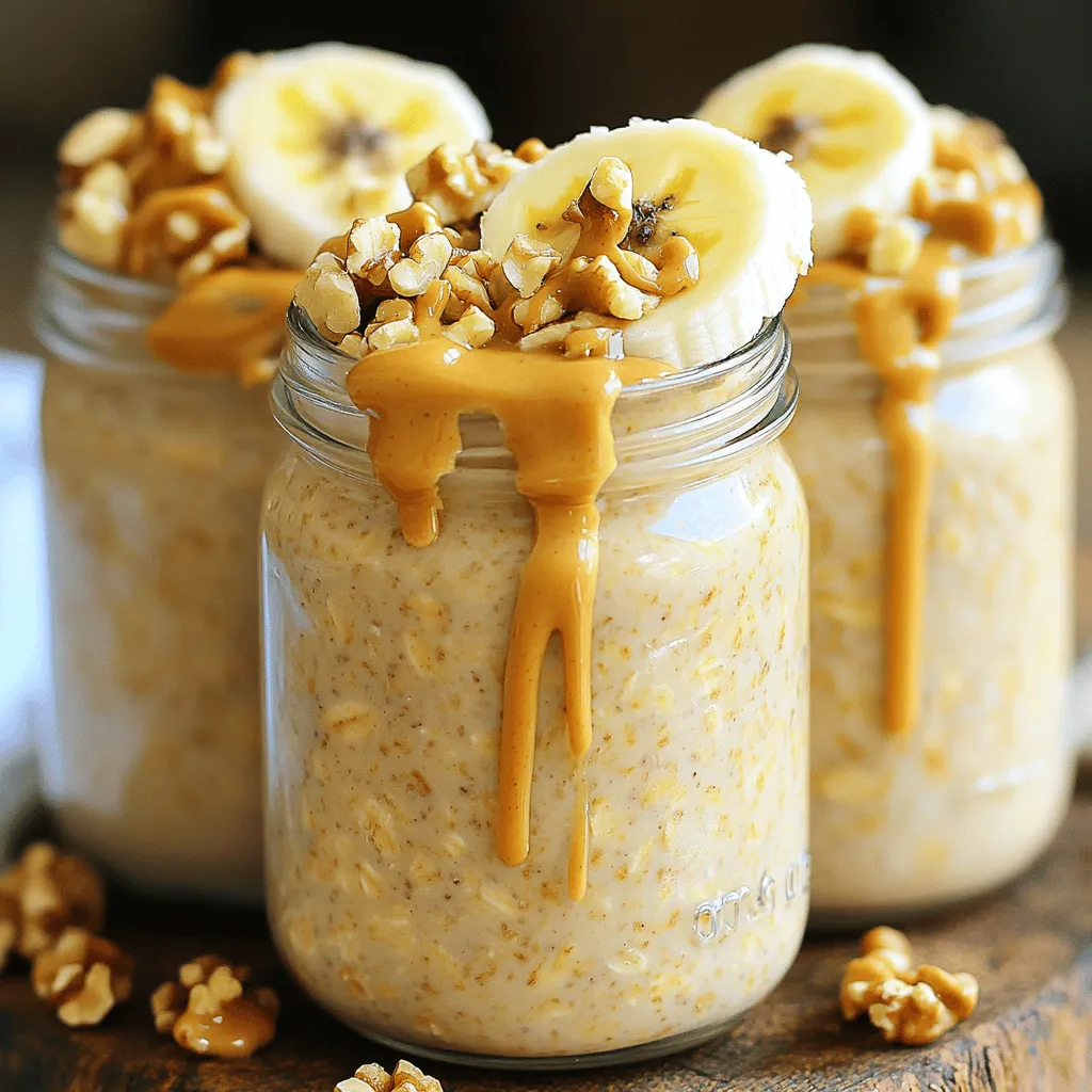 To make Banana Nut Overnight Oats, you need simple ingredients. Here’s what you will need: - 1 cup rolled oats - 2 cups almond milk (or milk of choice) - 1 ripe banana, mashed - 2 tablespoons chia seeds - 1 tablespoon maple syrup (or honey) - 1/2 teaspoon cinnamon - 1/4 teaspoon nutmeg - 1/4 cup walnuts, chopped - 2 tablespoons peanut butter (or almond butter) - Banana slices and walnuts for topping These ingredients come together to create a tasty and nutritious meal. Rolled oats are the base, providing fiber and energy. Almond milk adds creaminess and is a great dairy-free option. The ripe banana gives natural sweetness and flavor. Chia seeds add healthy fats and help thicken the oats. Don’t forget the spices! Cinnamon and nutmeg bring warmth and depth to the dish. Walnuts add crunch and healthy fats. Peanut butter not only adds flavor but also boosts protein content. Finally, topping the oats with banana slices and extra walnuts makes them look and taste amazing. For the full recipe, check out the instructions to see how easy it is to prepare this delightful dish! - Mixing the Base Ingredients Start by gathering your ingredients. In a good-sized bowl, add 1 cup rolled oats, 2 cups almond milk, and 1 ripe banana, mashed. Next, throw in 2 tablespoons chia seeds, 1 tablespoon maple syrup, 1/2 teaspoon cinnamon, and 1/4 teaspoon nutmeg. Mix it well until it looks smooth and all is combined. - Dividing into Jars Once mixed, it’s time to portion it out. Grab two jars or containers. Carefully divide the oatmeal mixture equally between them. Make sure to seal each jar tightly with a lid. - Adding Nuts and Peanut Butter Now, let’s add some crunch! Stir in 1/4 cup chopped walnuts and 2 tablespoons peanut butter into each jar. Save a few walnut pieces for topping later. This adds a nice texture and flavor. - Refrigerating Overnight Place the jars in the refrigerator. Let them chill overnight, or for at least 4-6 hours. This helps the oats soak up the milk and become creamy. - Serving and Enjoying The next morning, take the jars out of the fridge. Give the oats a good stir. If they seem too thick, add a splash of almond milk to loosen them up. Now, top each jar with banana slices and those reserved walnuts for extra crunch. Enjoy your tasty Banana Nut Overnight Oats! Choosing the Right Oats I recommend using rolled oats for your overnight oats. They soak up liquid well and stay chewy. Instant oats can get mushy, so avoid them for this dish. Adjusting Sweetness to Your Preference You can make this recipe sweeter. If you like it sweeter, add more maple syrup or honey. Start with the amount in the recipe, then taste. You can always add more, but you can't take it out! Enhancing Flavor with Spices Spices can elevate your oats. I love adding cinnamon and nutmeg for warmth. You might also try vanilla or a pinch of salt to round out the flavors. Multiple Servings at Once Make several jars at once. This saves time and gives you breakfast for days. Just double or triple the recipe and store them in the fridge. Ideal Containers for Storage Use glass jars with tight lids for the best storage. They keep your oats fresh and are easy to grab in the morning. Storing Toppings Separately Add toppings just before eating. This keeps them crunchy and fresh. Store your banana slices and walnuts in separate containers until you're ready to enjoy your oats. For the full recipe, check out the section above! {{image_2}} You can make banana nut overnight oats even more exciting. Here are some fun ideas to try: - Swap in Different Nuts: Instead of walnuts, try almonds or pecans for a new crunch. Each nut adds its own flavor and texture. - Try Different Fruits: You don’t have to stick with bananas. Berries or diced apples can add juicy bites. Mix them in or use them as a topping. - Experimenting with Nut Butters: If you want a change, use sunflower seed butter. It has a creamy texture and a unique taste. These simple swaps can make your breakfast different each time. You can also adjust the recipe to fit your diet. Here are some options: - Gluten-Free Options: Use certified gluten-free oats. This way, everyone can enjoy your delicious oats. - Dairy-Free Alternatives: If you prefer, swap almond milk with coconut or oat milk for a dairy-free treat. - No Added Sugar Versions: Skip the maple syrup or honey. Use ripe bananas for natural sweetness instead. These modifications help you enjoy banana nut overnight oats your way. To keep your banana nut overnight oats fresh, choose the right containers. Glass jars work great. They are easy to clean and seal tight. You can also use BPA-free plastic containers. Just ensure they close well to prevent spills. In the refrigerator, your oats last about 3 to 5 days. This gives you time to enjoy them throughout the week. After you make them, let them cool before sealing and storing. This step helps keep them from getting soggy. If you want to save some for later, freezing is an option. You can freeze individual portions in airtight containers. They can last up to 3 months in the freezer. When ready to eat, thaw them in the fridge overnight before serving. How do you know if your overnight oats have gone bad? Check for a sour smell or an off taste. If the oats look discolored or have mold, throw them away. For safe consumption, always use clean utensils when serving. This keeps your oats fresh longer. If you notice any changes, it’s better to be safe and not eat them. Enjoy your banana nut overnight oats when they are fresh for the best flavor! How Long Do Overnight Oats Last in the Refrigerator? Overnight oats can last for about 3 to 5 days in the fridge. Store them in sealed jars to keep them fresh. Always check for any changes in smell or texture before eating. Can I Make Overnight Oats Vegan? Yes, you can easily make this recipe vegan. Simply use plant-based milk, like almond or oat milk. Replace honey with maple syrup for a sweet touch. What Can I Use Instead of Chia Seeds? If you don’t have chia seeds, flax seeds work well. You can also skip them if you prefer. The oats will still taste great! Why Are My Oats Too Runny? If your oats are runny, it may be due to too much liquid. Try using less almond milk next time. You can also let them soak longer to absorb more liquid. How Can I Make Them Less Thick? To make your oats less thick, add a splash of almond milk before eating. Stir well to mix in the extra liquid. This works great for a creamier texture. What If I Don’t Have Almond Milk? You can use any milk you have on hand. Dairy milk, soy milk, or coconut milk are all great options. Just remember to adjust the flavor to your taste. Banana nut overnight oats are easy and fun to make. You need just a few simple ingredients and a bit of time in the fridge. Remember the tips for creamy oats and meal prep. You can even try new flavors and toppings. Store your oats right to keep them fresh. If you have questions, the FAQs section can help. Enjoy your tasty and healthy breakfast tomorrow!