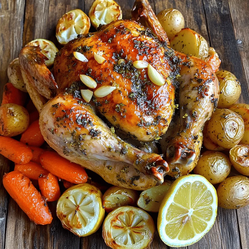 - 1 whole chicken (3-4 pounds) - 3 tablespoons olive oil - 4 cloves garlic, minced - 2 lemons (1 sliced, 1 juiced) - 2 tablespoons fresh rosemary, chopped - 2 tablespoons fresh thyme, chopped - Salt and pepper to taste - 1 onion, quartered - 2 cups baby carrots - 1 cup baby potatoes, halved Gathering the right ingredients is key to making a great lemon herb roasted chicken. A whole chicken is the star of the dish, bringing a juicy flavor. I use olive oil to keep the chicken moist and add garlic for a punch of taste. The lemons, both juiced and sliced, brighten the dish with fresh citrus notes. Fresh rosemary and thyme provide an earthy aroma that pairs well with chicken. Salt and pepper are essential to enhance all flavors. The onion, carrots, and baby potatoes round out the meal. They roast beautifully alongside the chicken, soaking up its savory juices. Make sure to have these items ready before you start cooking. You’ll love how easy it is to create a flavorful meal from these simple ingredients. For more details on preparing this dish, check the Full Recipe. - Roasting pan - Meat thermometer - Kitchen twine - Mixing bowl Having the right tools makes cooking easier. A roasting pan holds everything nicely while the chicken cooks. A meat thermometer ensures the chicken reaches the right temperature for safety and taste. Kitchen twine helps you keep the chicken legs together for even cooking. A mixing bowl is handy for combining the herb mixture. These tools help you create a delicious lemon herb roasted chicken that you and your loved ones will enjoy. 1. Preheat the oven and prepare the roasting pan First, preheat your oven to 425°F (220°C). This high heat helps the skin get crispy and golden. While the oven heats, grab a roasting pan and set it aside. 2. Create herb and oil mixture In a small bowl, mix together 3 tablespoons of olive oil, 4 minced garlic cloves, the juice of 1 lemon, 2 tablespoons of chopped rosemary, and 2 tablespoons of chopped thyme. Add salt and pepper to taste. This blend will add great flavor to your chicken. 1. Patting dry and seasoning the chicken Take your whole chicken (3-4 pounds) and pat it dry with paper towels. This step helps the skin crisp up when roasting. Place the chicken in the roasting pan. 2. Loosening the skin and applying the herb mixture Carefully loosen the skin on the chicken breast and thighs. You can use your fingers for this. Be gentle to avoid tearing the skin. Rub the herb and oil mixture generously under the skin and on the outside of the chicken. This will keep the meat moist and flavorful. 1. Arrange vegetables in the pan Place sliced lemon, quartered onion, 2 cups of baby carrots, and 1 cup of halved baby potatoes around the chicken in the pan. Season the veggies with salt and pepper. Drizzle a bit of olive oil over them for extra flavor. 2. Roasting time and checking for doneness Tie the chicken legs with kitchen twine and tuck the wing tips under the bird. Roast the chicken for about 1 hour and 15 minutes. Use a meat thermometer to check that the internal temperature reaches 165°F (75°C). The juices should run clear when pierced. This ensures your chicken is cooked perfectly. For the full recipe, make sure to check out the complete cooking instructions! To keep your chicken juicy, always let it rest after cooking. This step helps the juices settle back into the meat. After roasting, set the chicken aside for ten minutes. This wait makes a big difference. Use a meat thermometer to check the chicken's doneness. Insert it into the thickest part of the thigh. It should read 165°F (75°C). This step ensures that your chicken is safe to eat and perfectly cooked. For added flavor, consider marinating the chicken before roasting. A simple mix of olive oil, lemon juice, and herbs works well. Marinate it for at least one hour, or even overnight, if you have time. This enhances the taste greatly. You can also explore different herbs and spices. Try adding oregano or tarragon for a twist. Each herb brings its unique flavor, making your dish special every time. Pair your lemon herb roasted chicken with sides like roasted veggies or a fresh salad. Baby carrots and potatoes work well, as they roast alongside the chicken. To complement the dish, serve a light salad with citrus dressing. The bright flavors of lemon and herbs in the chicken match perfectly with fresh greens. These side dishes will elevate your meal and make it more enjoyable. For the full recipe, check out the entire guide. {{image_2}} You can change the herbs for fun flavors. An Italian herb blend works well. Just mix basil, oregano, and parsley. This gives the chicken a fresh taste. You can also try citrus variations. Use oranges instead of lemons. Slice them and add them around the chicken. The sweetness of the orange adds a nice touch. You can cook this dish in different ways. A slow cooker is a great option. Just put all the ingredients in and set the cooker. It keeps the chicken moist and tender. Grilling is another fun choice for summer. It adds a smoky flavor. Just marinate the chicken first to keep it juicy. If you need gluten-free options, this recipe works great. All the ingredients are naturally gluten-free. For those watching sodium, use low-sodium seasonings. This way, you still get great flavor without too much salt. You can also skip the added salt entirely. Fresh herbs and lemon juice can boost taste without added sodium. For the full recipe, check out the detailed steps provided. To keep your Lemon Herb Roasted Chicken fresh, store leftovers in the fridge. - Use airtight containers: This keeps the chicken moist and safe. - Divide portions: Smaller pieces cool faster and make reheating easier. If you want to save some for later, freezing works great. - Cool the chicken: Let it sit at room temperature for about 30 minutes. - Wrap well: Use plastic wrap and then foil to prevent freezer burn. - Label the packaging: Write the date and type of dish on the outside. When ready to eat, thaw in the fridge overnight. To reheat, place in the oven at 350°F until warm. Leftovers can last in the fridge for about 3 to 4 days. - Signs of spoilage: Look for off-smells, slimy texture, or discoloration. If you see any of these signs, it's best to toss the chicken. For longer storage, freeze it. The chicken will stay fresh for about 2 to 6 months in the freezer. For more details on the recipe, check the Full Recipe. The cooking time for a whole chicken depends on its weight. - For a chicken weighing 3-4 pounds, cook it for about 1 hour and 15 minutes. - A 4-5 pound chicken needs roughly 1 hour and 30 minutes. - Use a meat thermometer to check the internal temperature. It should reach 165°F (75°C) for safe eating. Yes, you can use frozen chicken, but it needs careful handling. - If using frozen chicken, thaw it safely in the fridge overnight. - Do not cook frozen chicken directly; it requires longer cooking times. - Make sure the chicken is fully thawed for even cooking. If the chicken is undercooked, follow these steps. - Return it to the oven right away. - Cook until the internal temperature reaches 165°F (75°C). - Always check the thickest part of the meat, especially near the bone. You can prep this recipe in advance easily. - Season the chicken and store it in the fridge for up to 24 hours. - You can also chop the veggies ahead of time. - When ready, just roast the chicken with the vegetables. - This saves time and keeps the flavors fresh. For the complete instructions, check the Full Recipe. This recipe gives you a simple way to roast a whole chicken. You have learned about ingredients, cooking methods, and tips for juicy results. Remember to use a meat thermometer for best results. Feel free to explore variations, like different herbs or cooking styles, to match your taste. Proper storage can help keep your leftovers fresh. With these easy steps, you'll impress everyone at the table. Enjoy your delicious meal!