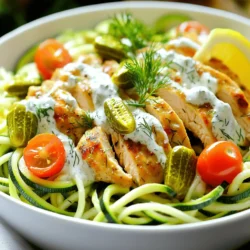 - Zucchini for Zoodles: I love using fresh zucchini. It gives a nice crunch and lightness. You need two medium zucchinis. Spiralize them into zoodles for a fun base. Zoodles are a healthy swap for pasta. They soak up the flavors well. - Chicken Breasts: Use two boneless, skinless chicken breasts. They absorb the dill pickle juice well. This makes the chicken juicy and tender. Marinating is key for great flavor. - Dill Pickle Juice and Dill Pickles: You need 1/4 cup of dill pickle juice. This juice adds a tangy punch. Add chopped dill pickles for texture and taste. They bring that classic dill flavor to the dish. - Greek Yogurt: Use 1/2 cup of Greek yogurt for creaminess. It’s a healthier choice than sour cream. Plus, it pairs well with ranch seasoning. - Ranch Seasoning: You need 1 tablespoon of ranch seasoning mix. This brings a burst of flavor. It ties all the elements together in a tasty way. - Olive Oil: One tablespoon of olive oil keeps the chicken from sticking. It adds a rich taste too. It’s a must for cooking the chicken perfectly. - Salt and Pepper: Don’t forget to season with salt and pepper. These basic flavors help enhance the dish. Use them to taste for the best results. - Fresh Dill: Fresh dill adds a bright note on top. It’s perfect for a garnish. You’ll want it for the extra pop of flavor. - Cherry Tomatoes: Use 1/4 cup of cherry tomatoes, halved. They add color and sweetness. Their freshness balances the richness of the dish. For the full recipe, check out the delicious Pickle Ranch Chicken Zoodle Bowls! To start, take your chicken breasts and place them in a bowl. Pour in the dill pickle juice to cover the chicken well. This juice adds a tangy and savory flavor. Let the chicken marinate in the fridge for at least 30 minutes. If you have time, marinate it for up to two hours for even more flavor. Next, heat a skillet over medium heat and add olive oil. Once hot, take the chicken from the marinade. Season it with salt and pepper. Cook the chicken for about 6-7 minutes on each side or until it turns golden brown. To check if the chicken is done, use a meat thermometer. It should reach an internal temperature of 165°F (74°C). Once cooked, let it rest for a few minutes before slicing. While the chicken cooks, it’s time to prepare your zoodles. Use a spiralizer or a julienne peeler to spiralize your zucchinis. Aim for long, thin strands. This will help them cook evenly. For perfect zoodles, make sure not to overcook them. A quick sauté for about 2-3 minutes is all they need. In a small bowl, mix together the Greek yogurt and ranch seasoning. Stir until smooth. Taste the sauce and adjust the seasoning if needed. If you want it creamier, add more yogurt. For extra zing, add a little more ranch seasoning. Now it's time to build your bowls! Start with a good amount of zoodles as the base. Layer the sliced chicken on top. Next, add chopped dill pickles and halved cherry tomatoes. Finally, drizzle the ranch sauce over the top. For a beautiful finish, sprinkle fresh dill over the bowls. This adds color and flavor. You can also add a lemon wedge on the side for a bright touch. Serve the zoodle bowls in deep plates to showcase all the layers. This makes every bite look as good as it tastes! For the full recipe, check out the details above. To ensure juicy chicken, start by marinating it in dill pickle juice. This adds flavor and keeps the chicken moist. I recommend marinating for at least 30 minutes, but longer is better for deeper taste. When cooking, use medium heat. This will help the chicken cook evenly. If you prefer, try grilling or baking the chicken instead of pan-searing. Both methods can bring out great flavors. Preventing soggy zoodles is crucial for the best texture. After spiralizing, sprinkle them with salt. Let them sit for a few minutes to draw out excess moisture. Then, pat them dry with a paper towel. For perfect spiralization, use a good spiralizer. Hold the zucchini steady and apply even pressure. This will give you long, even zoodles that look great on the plate. To add more flavor, you can mix in some chopped herbs like chives or parsley into the ranch sauce. You can also try adding a splash of lemon juice for brightness. If you need a dairy-free option, substitute Greek yogurt with cashew cream or a dairy-free yogurt. This will keep the creamy texture while fitting your needs. {{image_2}} You can swap chicken for other proteins. Try turkey, pork, or shrimp. Each protein brings a new taste and texture. For a vegetarian option, use tofu or tempeh. Both soak up flavor well and add protein. Feel free to add other veggies to your zoodle bowls. Bell peppers, spinach, or broccoli work great. Each veggie adds color and nutrients. Adjust the seasoning to match the veggies. A sprinkle of garlic powder or chili flakes can enhance the flavor. Want a spicy twist? Add some cayenne pepper or hot sauce to the ranch sauce. This will give your bowls a nice kick. For herb-infused ideas, mix fresh herbs like basil or parsley into the ranch sauce. These herbs add freshness and depth to the dish. Explore these variations to find your perfect Pickle Ranch Chicken Zoodle Bowls. For the complete recipe, check out the Full Recipe section. To store leftovers of your Pickle Ranch Chicken Zoodle Bowls, use airtight containers. Glass containers work best, but plastic ones are fine too. Make sure to let the dish cool before sealing it. The leftovers will last in the fridge for up to three days. You can freeze the chicken, but not the zoodles. Cooked chicken freezes well for up to three months. For the best flavor, freeze the chicken in portions. When you’re ready to eat, thaw it overnight in the fridge. Reheat the chicken in a skillet over medium heat. This keeps it moist and tasty. For zoodles, you can warm them in the microwave for a minute. Avoid overcooking, or they will turn mushy. Enjoy your flavorful meal again! You can pair these bowls with a fresh side salad. A simple green salad with lemon vinaigrette works wonders. Grilled corn on the cob adds a delightful crunch too. For drinks, try iced tea or sparkling water. Both refresh and complement the tangy flavors of the dish. Yes, you can prepare this recipe ahead of time. Marinate the chicken the night before for deeper flavor. Cook the chicken and zoodles and store them separately. Keep the ranch sauce in a jar. This way, you can assemble your bowls quickly during lunch or dinner. For gluten-free needs, ensure your ranch seasoning is gluten-free. You can use coconut yogurt instead of Greek yogurt for a dairy-free option. Also, try using avocado in place of yogurt for a creamy texture. These swaps keep the flavors while meeting dietary needs. You can use store-bought ranch dressing if you’re short on time. It saves prep time but may lack freshness and flavor. Homemade ranch sauce tastes better and is easy to make. If you choose store-bought, look for one with clean ingredients. A spiralizer makes creating zoodles easy and fun. You can also use a julienne peeler if you have one. Cut the zucchini into manageable lengths first. Twist or peel until you get long strands. Aim for even size for the best cooking results. Yes, this recipe is great for meal prep. Store the chicken, zoodles, and sauce in separate containers. This prevents sogginess and keeps flavors fresh. When ready to eat, just assemble your bowls. It’s quick, easy, and perfect for busy days. This blog post shared an easy recipe for Pickle Ranch Chicken Zoodle Bowls. You learned about main ingredients, sauce details, and tips for perfect zoodles. I included ways to store leftovers and variations to try. In closing, this dish is simple and fun to make. Enjoying it can lead to healthy eating. Don't hesitate to experiment with flavors and ingredients. Happy cooking!